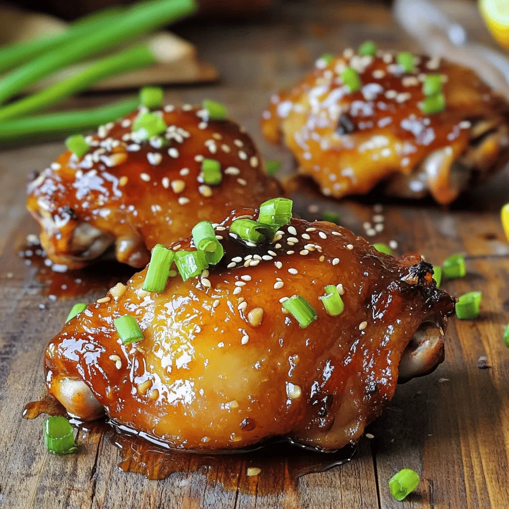 For this tasty dish, you need: - 4 bone-in, skin-on chicken thighs - 1/4 cup honey - 1/4 cup low-sodium soy sauce - 4 cloves garlic, minced - 1 teaspoon fresh ginger, finely grated - 1 tablespoon extra virgin olive oil - 1 teaspoon toasted sesame oil - Salt and freshly ground black pepper to taste These ingredients create a perfect balance of sweet and savory flavors. The chicken thighs are juicy and tender, thanks to the honey and soy sauce blend. Seasoning is key to making your dish pop. You will use: - Salt - Freshly ground black pepper Use these to taste. They enhance the rich flavors of the chicken and sauce. Garnishing adds a lovely touch. I recommend: - 2 green onions, thinly sliced - Sesame seeds, lightly toasted These give the dish a fresh look and extra crunch. You can sprinkle them on just before serving. For the full recipe, check out the details above! Start by preheating your oven to 400°F (200°C). This step is key for great chicken. While the oven heats, gather all your ingredients. Having everything ready helps the cooking flow smoothly. In a medium bowl, mix together the honey, soy sauce, minced garlic, and fresh ginger. Add the extra virgin olive oil and toasted sesame oil. Whisk until the sauce is smooth and well blended. Set it aside to let those flavors come together. This sauce gives the chicken its sweet and savory kick. Pat the chicken thighs dry with paper towels. This helps the skin get crispy. Season both sides with salt and black pepper. Heat a drizzle of olive oil in an oven-safe skillet over medium-high heat. Once hot, add the chicken thighs, skin-side down. Sear them for about 5 to 7 minutes until the skin is golden and crispy. Next, flip the chicken thighs carefully. Pour the honey garlic sauce over each piece. Make sure every thigh is coated nicely. Transfer the skillet to your preheated oven. Bake for 25 to 30 minutes. Check that the internal temperature reaches 165°F (75°C) using a meat thermometer. For extra flavor, switch your oven to broil for 3 to 5 minutes. Watch closely to avoid burning. When done, take the skillet out and let the chicken rest for a few minutes. Drizzle any leftover sauce over the chicken for added taste. Finally, garnish with green onions and sesame seeds. Enjoy your meal! For the complete cooking instructions, check the Full Recipe. To get that crispy skin, start by patting your chicken thighs dry. This helps remove extra moisture. Next, season them well with salt and pepper. Heat some olive oil in a skillet until hot, then place the chicken skin-side down. Sear them for about 5-7 minutes until the skin turns golden brown. This step is key to a nice crunch. Use a meat thermometer to check the chicken's doneness. The safe internal temperature is 165°F (75°C). Insert the thermometer into the thickest part of the thigh, avoiding the bone. If you don’t have a thermometer, make a small cut in the meat. The juices should run clear, not pink. This ensures your chicken is cooked well. You can boost the flavor of your honey garlic chicken with simple tweaks. Try adding a splash of rice vinegar for tang. A sprinkle of red pepper flakes can add heat. Fresh herbs like cilantro or basil can brighten the dish. Experiment to find your favorite mix. For a full list of steps, check the Full Recipe. {{image_4}} You can swap chicken thighs for chicken breasts. Breasts cook faster, so watch them closely. You can also try this recipe with pork chops or even salmon. Each meat brings a new taste. Adjust the cooking times to suit the meat you choose. For a spicy kick, add red pepper flakes to the sauce. Start with half a teaspoon and taste. You can also use sriracha or chili paste for more heat. This change gives the dish a nice balance of sweet and spicy. It’s perfect for those who love a little zing. You can cook honey garlic chicken thighs in different ways. Grilling gives a smoky flavor. Just marinate the chicken and grill on medium heat for about 20 minutes. Baking is easy and keeps the chicken juicy. If you want, use a slow cooker for tender results. Cook on low for 6 hours or high for 3 hours. Each method offers a unique twist on this tasty dish. For the full recipe, check out the details above. After cooking the honey garlic chicken thighs, let them cool. This helps keep them fresh. Place the chicken on a plate and let it sit at room temperature for about 30 minutes. Once cool, store the chicken in an airtight container. This helps prevent moisture loss and keeps the chicken tender. If you want to save space, you can also wrap the thighs tightly in plastic wrap before placing them in the container. You can store cooked honey garlic chicken thighs in the fridge for up to four days. Make sure to keep them in an airtight container. If you want to keep them longer, consider freezing them. In the freezer, they can last up to three months. Just make sure to label the container with the date you cooked them. To reheat the chicken thighs, preheat your oven to 350°F (175°C). Place the chicken in an oven-safe dish and cover it with foil. This keeps the moisture in, so the chicken does not dry out. Heat it for about 20 minutes or until the internal temperature reaches 165°F (75°C). If you want to crisp the skin again, remove the foil for the last five minutes. Alternatively, you can reheat in a microwave, but the skin may not be as crispy. Yes, you can use boneless chicken thighs. They will cook faster than bone-in thighs. Adjust the baking time to about 20-25 minutes. Always check if the chicken reaches 165°F for safety. Boneless thighs will still soak up the honey garlic flavor well. I love serving these thighs with steamed rice. The rice absorbs the sweet sauce nicely. A fresh green salad also pairs well, adding crunch and balance. You can add steamed broccoli or roasted vegetables for extra color and nutrients. To make the sauce less sweet, reduce the honey amount. You can also add more soy sauce for saltiness. For a sweeter taste, increase the honey. Taste the sauce before pouring it over the chicken. This way, you can find the perfect balance for your meal. Yes, a slow cooker works great for honey garlic chicken thighs. Simply place the chicken in the cooker and pour the sauce over it. Cook on low for about 6 hours or on high for 3 hours. This method makes the chicken very tender and flavorful. Leftovers can last in the fridge for about 3-4 days. Store them in an airtight container. For best taste, reheat in the oven or microwave. Ensure the chicken is heated well before serving. Yes, you can freeze the cooked chicken thighs. Place them in a freezer-safe container. They can last up to 3 months in the freezer. Thaw in the fridge overnight before reheating. Enjoy the same great taste even after freezing! Absolutely! Garlic bread or a light coleslaw can enhance your meal. The crunch from coleslaw contrasts nicely with the tender chicken. You may also enjoy a tangy dipping sauce on the side. Yes, you can prepare the chicken and sauce ahead of time. Store them separately in the fridge. When ready to cook, just follow the baking steps. This makes it easy to serve a tasty meal on busy days. You can store leftover sauce in a sealed jar or container. Keep it in the fridge for up to a week. Use the sauce for other dishes like stir-fries or marinades. It's a great way to add flavor to any meal! To make this dish healthier, use less honey and soy sauce. You can also add more veggies to the side. Consider serving with quinoa or brown rice instead of white rice. These swaps add nutrients and fiber to your meal! For the full recipe, check out the Honey Garlic Chicken Thighs Delight. In this blog post, we explored honey garlic chicken thighs. I shared the key ingredients, seasonings, and garnish ideas. You learned about the step-by-step process for cooking them perfectly. We also discussed tips for crisp skin, ensuring doneness, and enhancing flavors. Plus, I covered different meat options and cooking methods. Storing and reheating leftovers was also addressed. Now, you can enjoy a delicious and easy meal that suits your taste! Experiment with flavors and enjoy every bite. Happy cooking!