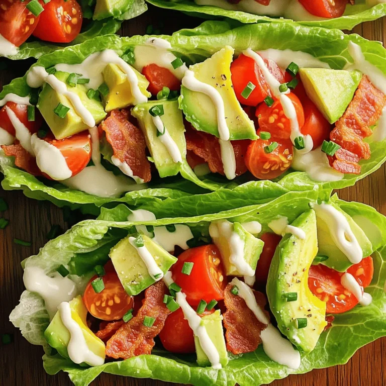 - 8 slices of turkey bacon - 1 large head of romaine lettuce - 1 medium tomato, diced - 1 ripe avocado, sliced - ¼ cup mayonnaise - 1 tablespoon Dijon mustard - Salt and freshly cracked black pepper - Optional: Chopped chives or fresh cilantro for garnishing When making BLT lettuce wraps, fresh ingredients are key. The turkey bacon brings a crispy, smoky flavor. Romaine lettuce adds a nice crunch and holds all the goodies well. Diced tomatoes give a juicy burst, while ripe avocado adds creaminess. I love using mayonnaise and Dijon mustard for the sauce. It’s simple yet tasty. The salt and pepper enhance all flavors. You can add herbs like chives or cilantro for extra zest. This mix of ingredients creates a fresh and flavorful meal. For the full recipe, check out the details above. Enjoy crafting these tasty wraps! Heat a skillet over medium heat. Add the turkey bacon slices in a single layer. Cook them for 5-7 minutes. Flip halfway through until they are crispy. Once done, transfer the bacon to a paper towel-lined plate. This helps to drain excess grease. While the bacon cooks, peel large leaves from the romaine lettuce. Rinse each leaf under cool water. Pat them dry with a clean kitchen towel or paper towels. This step helps the lettuce stay crispy, which is key for your wraps. In a small bowl, combine mayonnaise and Dijon mustard. Stir until the mixture is smooth and well blended. Now, season with salt and freshly cracked black pepper to taste. Adjust the seasoning to fit your flavor. Take one lettuce leaf and spread a thin layer of the sauce in the center. Avoid the edges to prevent spillage. On top of the sauce, place 2-3 slices of crispy bacon. Next, add a spoonful of diced tomatoes, followed by a couple of slices of avocado. For extra flavor, sprinkle some chopped chives or fresh cilantro over the ingredients. This adds a fresh touch and a bit of color. Carefully fold the sides of the lettuce leaf over the fillings to create a wrap. Serve the wraps immediately for the best flavor. Enjoy your delicious turkey bacon lettuce wraps! For the complete recipe, check out the full recipe section. Use large, sturdy lettuce leaves for better wrapping. Romaine works great because it holds up well. Wash and dry the leaves gently. This keeps them crisp and fresh. Lay the leaves flat on your plate. This makes it easier to fill and wrap. You can use regular bacon or vegan bacon for different flavors. Regular bacon gives a classic taste. Vegan options are great for a lighter meal. Both choices add a nice crunch. Try different brands to find your favorite! Prepare your ingredients in advance for quick assembly. Cook the bacon and let it cool before storing. Dice tomatoes and slice avocado ahead of time. Keep everything in separate containers in the fridge. This way, you can whip up your wraps in minutes! {{image_4}} You can make your BLT lettuce wraps even heartier by adding protein. Grilled chicken is a great choice. Simply season it with salt and pepper, then grill until cooked through. Slice it into strips and layer it on top of the other ingredients. If you prefer seafood, grilled shrimp also works well. Just marinate the shrimp in lemon juice and olive oil, then grill until pink and firm. Both options add flavor and make the meal more filling. If you want a meatless version, try substituting bacon with tempeh or mushrooms. Tempeh provides a nutty flavor and a firm texture. Slice it thin and cook it in a skillet until crispy. For mushrooms, use portobello or shiitake. Sauté them in olive oil with a pinch of salt to enhance their natural taste. Both options keep the wrap savory while staying vegetarian-friendly. To spice things up, think about adding different sauces or spices. A drizzle of sriracha can give your wraps a nice kick. You might also try a tangy barbecue sauce for a smoky twist. For spices, a sprinkle of smoked paprika or garlic powder can boost the flavor. Mix and match these ideas to create your own unique version of the wrap. Each change can make your meal fresh and exciting. For the full recipe, check out the earlier section on ingredients and instructions. To store leftover wraps, first wrap them in plastic. This keeps them fresh. Place them in an airtight container. They can last up to two days this way. Keep them in the fridge. If they start to get soggy, eat them soon. For the best taste, store each ingredient separately. Wrap the turkey bacon in foil or plastic. Place it in the fridge. Keep the lettuce in a clean bag. This helps it stay crisp. Store diced tomatoes in a sealed container. Avocado should be wrapped well to prevent browning. Assembled wraps last two days in the fridge. The turkey bacon stays good for about a week. Fresh lettuce can last up to five days. Diced tomatoes stay fresh for three days. Avocado lasts two days once cut. For the sauce, store it for up to a week. Always check for freshness before using any ingredients. For the full recipe, please refer to the recipe section above. You can use regular bacon, which adds a rich flavor. For a vegetarian option, try tempeh bacon. It has a nice texture and absorbs flavors well. You can also use mushrooms as a bacon alternative. They provide umami and work great in wraps. Yes, you can make BLT lettuce wraps gluten-free. Use gluten-free mayonnaise and ensure your mustard is gluten-free. Always check the labels to avoid hidden gluten. Fresh vegetables, bacon, and lettuce are naturally gluten-free. BLT lettuce wraps last about two days in the fridge. Store them in an airtight container. Make sure to keep the sauce separate to prevent sogginess. If the ingredients look off, it's best to discard them. Freezing BLT lettuce wraps is not ideal. The lettuce gets soggy when thawed. However, you can freeze just the bacon and sauce. When you want to eat, thaw and assemble fresh wraps with crisp lettuce. Yes! BLT lettuce wraps are a healthier choice than traditional sandwiches. They are lower in carbs and calories. Fresh vegetables add vitamins and fiber. Turkey bacon has less fat than regular bacon. Enjoy a guilt-free meal! For a full recipe, check out the details above. In this post, we explored the tasty BLT lettuce wraps, from the ingredients to the steps for making them. You learned how to cook the turkey bacon, prepare the romaine, and mix a simple sauce. We also shared tips for wrapping, storing, and adding flavors. These wraps are quick to make and offer healthy choices. Enjoy trying different ingredients and variations for your wraps. Have fun creating your own tasty blends!