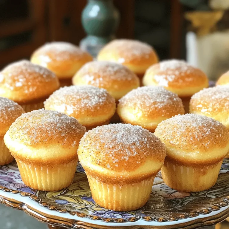 To make these tasty muffins, gather these main ingredients: - 1 ½ cups all-purpose flour - ½ cup granulated sugar - 2 teaspoons baking powder - ½ teaspoon baking soda - ½ teaspoon salt - 1 teaspoon ground cinnamon - 1 large egg - ½ cup milk - ⅓ cup unsalted butter, melted - 1 teaspoon vanilla extract These ingredients create a soft and fluffy texture. The cinnamon adds warmth and sweetness to each bite. You can boost the flavor with these optional ingredients: - ½ cup chopped nuts (like walnuts or pecans) - ½ cup chocolate chips - ½ cup shredded coconut Adding nuts gives a nice crunch. Chocolate chips add richness and sweetness. Coconut brings a tropical twist. If you need to swap ingredients, consider these options: - Use whole wheat flour for a healthier choice. - Substitute almond milk for regular milk for a dairy-free option. - Replace granulated sugar with coconut sugar for a lower glycemic index. These substitutions keep the flavor and texture while catering to different diets. You can still enjoy the deliciousness of cinnamon sugar donut muffins with these changes! Start by preheating your oven to 350°F (175°C). This step is key to getting the muffins just right. Next, take a standard 12-cup muffin tin. Grease it lightly or use muffin liners. This helps the muffins not stick and makes for easy cleanup. In a large bowl, combine the following dry ingredients: - 1 ½ cups all-purpose flour - ½ cup granulated sugar - 2 teaspoons baking powder - ½ teaspoon baking soda - ½ teaspoon salt - 1 teaspoon ground cinnamon Whisk these together well. Make sure there are no lumps. This mix is the base of your muffins. In another bowl, crack one large egg and whisk it lightly. Add in these wet ingredients: - ½ cup milk - ⅓ cup unsalted butter, melted - 1 teaspoon vanilla extract Stir until everything is smooth. This mix adds moisture and flavor to the muffins. Now, pour the wet mixture into the bowl with the dry ingredients. Use a spatula or wooden spoon to fold them together. Mix gently until just combined. It’s fine if there are a few lumps. Over-mixing can make the muffins tough. Grab a spoon or an ice cream scoop. Fill each muffin cup about two-thirds full. This lets them rise nicely. Place the muffin tin in the oven and bake for 15-18 minutes. Check for doneness by inserting a toothpick. If it comes out clean, they are ready! While the muffins bake, prepare the cinnamon-sugar coating. In a shallow bowl, mix together: - ¼ cup granulated sugar - 1 tablespoon ground cinnamon Make sure they mix well. After baking, let the muffins cool for about 5 minutes in the tin. Then, remove them gently and roll each muffin in the cinnamon-sugar mix while they are still warm. This gives them that tasty, crunchy exterior. Enjoy these delicious Cinnamon Sugar Donut Muffins! For the complete recipe, check the Full Recipe section. To get soft and fluffy muffins, use room temperature ingredients. Cold milk or eggs can lead to dense muffins. Mix the dry and wet ingredients separately first. This helps avoid over-mixing. When you combine them, fold gently. A few lumps are okay; they will bake out. Fill the muffin cups only two-thirds full. This gives them room to rise without overflowing. One common mistake is over-mixing the batter. This can make the muffins tough. Another mistake is using too much flour. Always spoon flour into your measuring cup instead of scooping it. Scooping can pack the flour, leading to dry muffins. Also, don’t skip the cooling time before coating. If you coat them too soon, the sugar won’t stick well. Coating the muffins while they are warm is key. The warmth helps the sugar stick. Roll the muffins in the cinnamon-sugar mix until they are fully coated. Use a shallow dish for even coverage. If you want an extra crunch, add more sugar to the mix. You can also sprinkle a little more cinnamon on top for added flavor. For a fun twist, try adding a dash of nutmeg or ginger for a unique flavor boost. {{image_4}} You can easily add chocolate to your muffins. Just mix in ½ cup of mini chocolate chips into the batter. The chocolate melts and adds a rich flavor. It pairs perfectly with the cinnamon sugar. You will love this twist on a classic treat. For a fall-inspired treat, try pumpkin spice muffins. Add ½ cup of pumpkin puree to your wet ingredients. You can also add 1 teaspoon of pumpkin pie spice for extra warmth. This variation gives the muffins a moist texture and a cozy flavor. They are perfect for chilly days. You can make these muffins vegan or gluten-free with simple swaps. For vegan muffins, replace the egg with a flax egg (1 tablespoon flaxseed meal mixed with 2.5 tablespoons water). Use almond milk instead of regular milk and coconut oil instead of butter. For gluten-free muffins, use a 1:1 gluten-free flour blend. Both options keep the muffins delicious and fluffy. Feel free to explore these variations with the Full Recipe. Each one brings a unique taste, making your muffins special every time. After you enjoy these tasty cinnamon sugar donut muffins, store any leftovers in an airtight container. This keeps them fresh and moist. Place the muffins at room temperature for up to three days. If you want to keep them longer, consider freezing them. To freeze your muffins, wrap each one in plastic wrap. Then, place them in a freezer-safe bag or container. This method helps prevent freezer burn. You can freeze the muffins for up to three months. When you're ready to eat them, simply thaw them at room temperature or heat them in the microwave. To enjoy your muffins warm again, preheat your oven to 350°F (175°C). Place the muffins on a baking sheet. Heat them for about 5-10 minutes. This method gives you a warm, soft muffin with a slightly crisp outside. If you prefer quicker options, you can microwave them for about 15-20 seconds. Just be careful not to overheat them, as they can become dry. For a fun twist, roll them again in cinnamon sugar after reheating! To check if your muffins are done, insert a toothpick into the center. If it comes out clean, they are ready. A few crumbs are okay, but no wet batter should cling. This method is simple and reliable for perfect muffins every time. Yes, you can use whole wheat flour. It will make the muffins a bit denser and add a nutty flavor. If you prefer lighter muffins, consider mixing whole wheat with all-purpose flour. This option gives you a balance of taste and texture. These muffins taste great with coffee or tea. You can also serve them with fruit preserves or whipped cream for a sweet touch. Fresh fruit, like berries, adds a nice contrast to the rich muffins. Cinnamon sugar donut muffins stay fresh for about 3 days at room temperature. If you need to keep them longer, store them in the fridge for up to a week. For the best taste, enjoy them fresh. Absolutely! You can make mini muffins with this recipe. Just adjust the baking time to about 10-12 minutes. Keep an eye on them, as smaller muffins bake faster. Enjoy bite-sized treats that are just as tasty! For the full recipe, check out the complete instructions above. You now have all the details to make perfect cinnamon sugar donut muffins. We covered the key ingredients, important steps, and helpful tips. You can even try fun variations or store leftovers for later enjoyment. Remember these pointers and avoid common mistakes for the best results. Baking can be simple and fun. Now, it's time to get in the kitchen and start mixing! Enjoy your delicious treats!