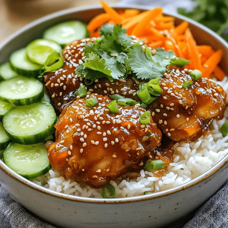 - 1 lb boneless, skinless chicken thighs - 2 cups cooked jasmine rice - 1 cup carrots, thinly julienned - 1 cup cucumber, thinly sliced - 2 tablespoons soy sauce - 2 tablespoons gochujang (Korean chili paste) - 1 tablespoon honey - 1 tablespoon sesame oil - 2 cloves garlic, minced - 1 teaspoon fresh ginger, minced - Toasted sesame seeds - Fresh cilantro - Chopped green onions For this spicy Korean chicken bowl, the ingredients are simple but full of flavor. I find that using chicken thighs makes the dish juicy and tender. They soak up the marinade well, which adds depth to every bite. The marinade is key. The gochujang gives a nice kick, while the honey balances the heat. I love how the garlic and ginger add fresh notes, making the whole dish pop. Don’t forget the garnishes! Toasted sesame seeds add crunch, while fresh cilantro and green onions bring a burst of color and flavor. These small touches make your bowl look and taste gourmet without extra work. Ready to dive into this delicious recipe? Check out the full recipe to get started! First, we need to make our marinade. In a large bowl, mix together: - 2 tablespoons soy sauce - 2 tablespoons gochujang - 1 tablespoon honey - 1 tablespoon sesame oil - 2 cloves garlic, minced - 1 teaspoon fresh ginger, minced This mix gives the chicken a great flavor. Next, add 1 pound of diced chicken thighs to the bowl. Make sure each piece is well-coated. Cover the bowl and let it marinate for at least 30 minutes. If you have time, let it sit for up to 2 hours in the fridge. This step really boosts the taste! Now, let’s cook the chicken. Heat 1 tablespoon of vegetable oil in a large skillet over medium-high heat. Once the oil is hot, add the marinated chicken pieces to the skillet. Remember to save any extra marinade. Cook the chicken for about 5 to 7 minutes. Stir it often until the chicken is fully cooked and has a nice caramel color. After this, pour the reserved marinade back into the skillet. Stir it well and let it simmer for 2 to 3 minutes. This helps the sauce thicken and coat the chicken nicely. Now it’s time to put it all together! Start by layering 2 cups of cooked jasmine rice in each serving bowl. This rice will be the base. Next, spoon the spicy chicken mixture over the rice evenly. To add some crunch and color, top the chicken with: - 1 cup of julienned carrots - 1 cup of sliced cucumber - 3 chopped green onions Finally, finish your bowls with a sprinkle of toasted sesame seeds and fresh cilantro. This adds flavor and makes the dish look beautiful. Enjoy your meal! For the complete recipe, check the Full Recipe section. To make the best flavor, allow the chicken to marinate for at least 30 minutes. This lets the marinade soak in. If you want more spice, adjust the gochujang. Start with one tablespoon and go up. Taste as you mix, so it fits your heat level. Cut your chicken into bite-sized pieces. This helps it cook evenly. Use medium-high heat for cooking. This way, the chicken gets a nice caramelized look. Don’t crowd the pan; cook in batches if needed. This helps keep everything juicy and tender. Pair your spicy chicken bowl with kimchi or pickled veggies. These add a nice crunch and balance the heat. You can also serve it with a simple cucumber salad or steamed broccoli. These side dishes enhance the meal and add freshness. For the complete recipe, check out the Full Recipe section. {{image_4}} You can switch the chicken for beef or tofu. If you choose beef, use flank steak. Slice it thin, so it cooks fast. For tofu, use firm or extra-firm. Press it to remove extra water before cooking. Adjust cooking times based on your choice. Chicken cooks in about 5-7 minutes. Beef will take about 3-5 minutes. Tofu needs about 4-6 minutes until golden. To create a fully vegetarian bowl, swap the chicken for marinated vegetables or tofu. Use a mix of bell peppers, zucchini, and mushrooms. For meat-free marinades, try soy sauce, sesame oil, and a splash of rice vinegar. This mix adds a great taste without meat. You can also add nuts for protein, like cashews or peanuts. Don’t be afraid to experiment! Add extra spices like paprika or chili flakes for more heat. You can also try new sauces. Teriyaki or hoisin can add a sweet touch. For seasonal veggies, use asparagus in spring or sweet potatoes in fall. This keeps your bowl fresh and exciting. Remember, cooking is about trying new flavors! For a complete guide, check out the Full Recipe. To keep your spicy Korean chicken bowls fresh, store leftovers in airtight containers. This helps prevent moisture loss and keeps flavors intact. For best results, refrigerate within two hours of cooking. When you want to enjoy them again, reheat in the microwave or on the stove. Heat until the chicken is piping hot, about 2-3 minutes in the microwave or 5-7 minutes on low heat in a skillet. You can freeze the chicken and rice separately. First, let the chicken cool completely before placing it in a freezer-safe bag. Remove as much air as possible to prevent freezer burn. For the rice, pack it in a separate bag or container. To thaw, place them in the fridge overnight. Reheat the chicken in a skillet and the rice in the microwave until warm. Refrigerated leftovers should be eaten within 3 to 4 days. If you notice any off smells or colors, it's best to discard them. Check for signs of spoilage, like a slimy texture or unusual taste. If food seems questionable, trust your instincts and throw it out. Keeping track of storage times helps ensure your meals stay safe and tasty. For the full recipe, refer back to the beginning of the article. Gochujang is a thick Korean chili paste. It has a sweet, spicy, and savory taste. You can use it in marinades, stews, and sauces. Look for it in Asian grocery stores or online. It comes in a red container and is often found in the international aisle at bigger supermarkets. Yes, you can make this recipe ahead of time. Marinate the chicken the night before for great flavor. Cooked chicken can be stored in the fridge for up to three days. Rice can also be prepped ahead and reheated. This makes meal prep easy and fun. The spice level of Spicy Korean Chicken Bowls depends on the amount of gochujang used. It can range from mild to hot. If you're unsure, start with less gochujang. You can always add more later. Pair it with cool cucumber and rice to balance the heat. Enjoy your spicy adventure! This article covered making delicious Spicy Korean Chicken Bowls. We discussed the key ingredients, including marinated chicken and fresh veggies. You learned step-by-step cooking instructions for great flavor and texture. I shared tips for perfecting your dish and options for variations. Storing tips at the end help you keep leftovers fresh. Now you’re ready to create this tasty meal. Enjoy cooking and sharing your thoughts on the recipe!