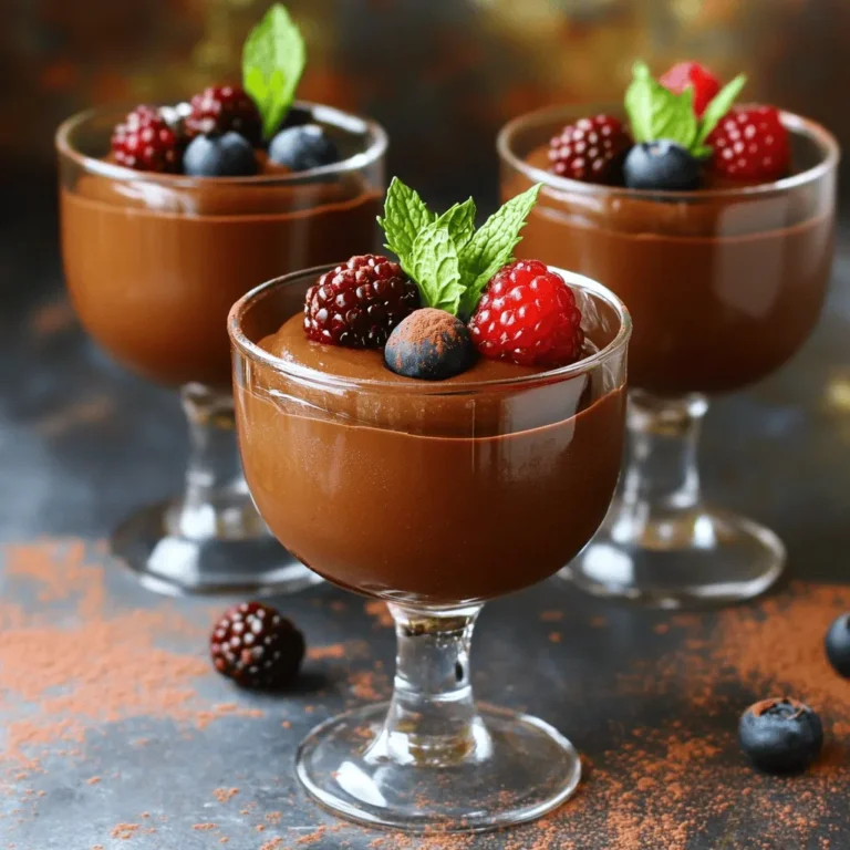 To make a rich and smooth vegan chocolate mousse, gather these key items: - 1 cup silken tofu, thoroughly drained - 1/2 cup dark dairy-free chocolate chips - 1/4 cup pure maple syrup - 1 teaspoon high-quality vanilla extract - A pinch of fine sea salt - 1 tablespoon unsweetened cocoa powder (optional) - Fresh seasonal berries and mint leaves for garnish If you have allergies or specific preferences, you can easily swap out some ingredients: - Silken Tofu: Use avocado for a creamier texture. - Dark Chocolate Chips: Choose carob chips for a caffeine-free option. - Maple Syrup: Agave nectar or date syrup can work as alternatives. - Cocoa Powder: Omit this if you prefer a lighter chocolate flavor. To make the best mousse, pick high-quality products: - Silken Tofu: Look for organic brands for better taste. - Dark Chocolate Chips: Choose at least 70% cocoa for a rich flavor. - Maple Syrup: Opt for pure maple syrup, avoid imitation syrups. - Vanilla Extract: Use pure vanilla extract for the best aroma and flavor. For a complete guide on how to whip up this delightful dessert, check out the Full Recipe. Making vegan chocolate mousse is simple and fun. You need just a few ingredients. Gather everything before you start. This helps keep you organized. The mousse will be rich and smooth, perfect for any dessert lover. 1. Melt the Chocolate: Start by melting the dark chocolate chips. Place them in a heatproof bowl over a pot of simmering water. This method, called a double boiler, keeps chocolate from burning. If you prefer, you can use a microwave. Heat the chips in 20-second bursts and stir until smooth. 2. Blend the Ingredients: In a blender, add the drained silken tofu, melted chocolate, maple syrup, vanilla extract, and a pinch of sea salt. If you want a stronger chocolate taste, mix in cocoa powder. 3. Blend Until Smooth: Turn on the blender and mix until everything is creamy and smooth. Stop and scrape the sides to make sure all ingredients blend well. 4. Adjust Sweetness: Taste the mousse. If you want it sweeter, add more maple syrup and blend again. 5. Serve the Mousse: Spoon the mousse into serving dishes or one big bowl. Make sure each dish gets an equal amount. 6. Chill and Set: Cover your mousse and place it in the fridge for at least 30 minutes. Chilling helps the mousse set and improves flavor. To get a perfect texture, ensure your tofu is well-drained. This step is key to avoiding a watery mousse. Blending on high speed helps create that velvety feel. If your blender struggles, add a bit of plant milk to help it along. Always check the consistency. It should be thick but smooth. Enjoy your rich and creamy vegan chocolate mousse! For the full recipe, refer back to the ingredients list. To get the perfect texture, start with silken tofu. Make sure it’s well-drained. This helps the mousse stay smooth and creamy. When melting the chocolate, use a double boiler for best results. If you prefer, microwave it in short bursts. Blend the tofu and melted chocolate until silky. If it feels too thick, add a splash of plant milk. This will help lighten it up without losing flavor. Always taste your mousse before serving. It’s a great way to ensure it’s just right. If it’s not sweet enough, mix in more maple syrup. Blend again to combine. Remember, you can also adjust the cocoa powder. A little extra can make the chocolate flavor pop. Don't forget to trust your own taste buds. They know what you like best! Make your mousse look as great as it tastes. Serve it in pretty dessert glasses or bowls. Top each serving with fresh berries and mint leaves. This adds color and freshness. You can also sprinkle a little cocoa powder on top. A drizzle of maple syrup can add a nice touch too. These small steps will make your mousse feel special and inviting. For more details, check out the Full Recipe. Enjoy your creation! {{image_4}} You can easily change the taste of your vegan chocolate mousse. One great option is to add coffee. Just mix in one tablespoon of strong brewed coffee during blending for a rich flavor. You can also try spices like cinnamon or chili powder. A small pinch can add warmth and depth. Or, consider using peppermint extract for a cool twist. If you want to swap out sweeteners, try agave syrup or date syrup. Both options work well and add unique flavors. For a lower-calorie option, use stevia or monk fruit. You can also switch silken tofu with avocado for a different texture and flavor. Just make sure to blend it well for smoothness. Pair your mousse with fresh fruits for a bright flavor. Berries like strawberries, raspberries, or blueberries add a nice touch. You can also serve it with a scoop of dairy-free ice cream for extra creaminess. Crushed nuts or seeds on top can add crunch. For a fun twist, layer the mousse with fruit in a glass for a beautiful dessert. Check the Full Recipe for more ideas and inspiration! To keep your vegan chocolate mousse fresh, store it in the fridge. Use airtight containers. This helps to lock in moisture and flavor. Always cover the mousse with plastic wrap if you use a bowl. This prevents it from absorbing other odors in the fridge. You can freeze the mousse if you have leftovers. Use freezer-safe containers or bags. Portion it out for easy serving later. When ready to eat, move it to the fridge overnight to thaw. Avoid refreezing after thawing. It can change the texture. Vegan chocolate mousse lasts about 3 to 5 days in the fridge. Check for changes in color or texture. If it looks dry or has an off smell, it’s best to toss it. Always trust your senses. Fresh mousse tastes rich and smooth, while spoiled mousse does not. To make Vegan Chocolate Mousse, follow these steps: 1. Melt dark chocolate chips using a double boiler or microwave. 2. Blend silken tofu, melted chocolate, maple syrup, vanilla, and salt until smooth. 3. Taste and adjust sweetness by adding more maple syrup if needed. 4. Transfer the mousse into serving dishes and chill for at least 30 minutes. This method ensures a rich and creamy dessert. You can find the full recipe above. Yes, you can use other sweeteners. Agave nectar or coconut sugar work well. Each sweetener has a different taste. Adjust the quantity based on your choice. Always taste the mixture before chilling it. This way, you ensure it meets your sweetness preference. Absolutely! This mousse is already nut-free since it uses silken tofu. Avoid any nut-based toppings or add-ins. Fresh berries or coconut whipped cream are great options for a nut-free garnish. Always check labels if you use packaged items to ensure they are nut-free. Vegan Chocolate Mousse lasts for about 3 to 5 days in the fridge. Store it in an airtight container to keep it fresh. If the mousse starts to separate or change texture, it's best to discard it. This mousse is best served chilled. Serving it warm changes the texture and may make it less creamy. However, you can slightly warm it if you prefer a different experience. Just remember that chilling allows the flavors to blend beautifully, creating a richer taste. In this post, we explored how to create a delicious vegan chocolate mousse. We covered key ingredients, step-by-step cooking instructions, and slick tips for achieving the right texture. I also shared fun variations and proper storage methods. Now you can easily make this treat at home. Just remember to enjoy the process and tweak it to your taste! Your perfect dessert awaits, and I hope you love every bite.