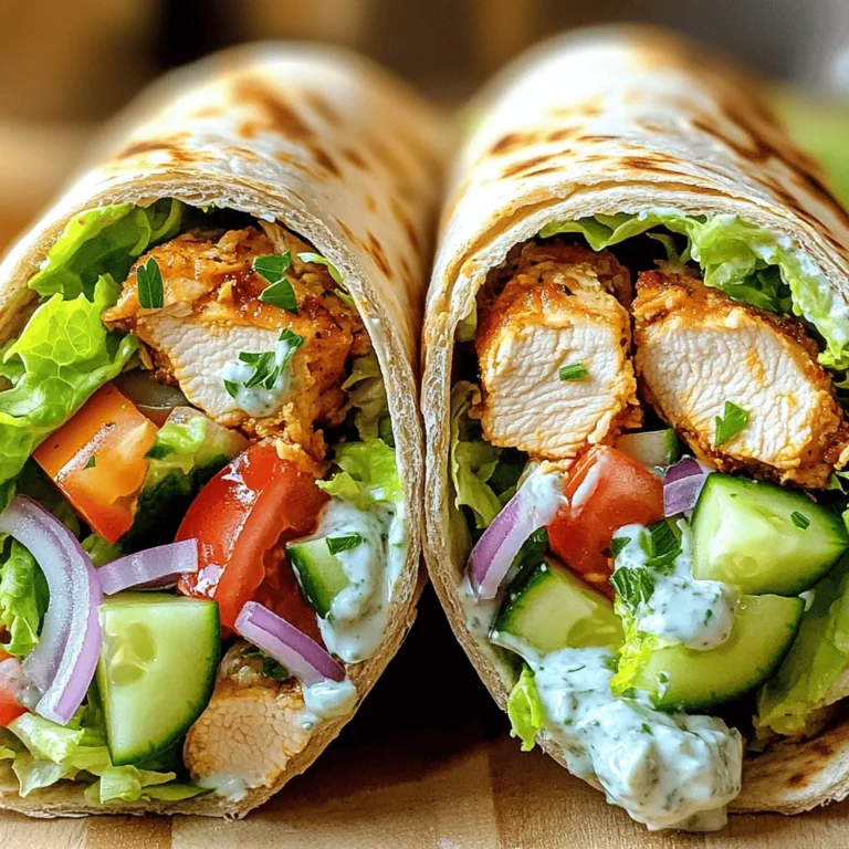To make delicious Chicken Gyro Wraps, you need a few key ingredients. These will help you create a meal full of flavor. Here’s what you’ll need: - 2 large chicken breasts - 1 tablespoon extra virgin olive oil - 2 teaspoons garlic powder - 2 teaspoons smoked paprika - 1 teaspoon dried oregano - Salt and freshly ground black pepper The chicken is the star of this dish. Use fresh chicken breasts for the best taste. The marinade adds a rich flavor that makes every bite special. Let the chicken soak in the spices for at least 30 minutes. This time helps the flavors blend well. - 4 whole wheat pita breads - 1 cup tzatziki sauce - 1 cup romaine lettuce, finely shredded - 1 large tomato, diced - 1/2 cucumber, sliced - 1/4 red onion, sliced - Fresh parsley for garnish The wrap brings it all together. Whole wheat pita adds nutrition and a nice texture. Tzatziki sauce is refreshing and creamy. The fresh veggies add crunch and color. You can mix and match the toppings to fit your taste. Don’t forget to check the Full Recipe for more details on preparation. To make a tasty marinade, mix olive oil, garlic powder, smoked paprika, oregano, salt, and black pepper in a bowl. I like to whisk it well to combine all the flavors. After that, add the chicken strips and coat them evenly. Cover the bowl and let the chicken sit at room temperature for at least 30 minutes. This time helps the flavors soak in. To cook the chicken, heat a non-stick skillet over medium-high heat. Place the marinated chicken strips in the skillet in a single layer. Make sure not to overcrowd the pan, as this helps the chicken brown nicely. Cook the chicken for about 6-8 minutes, turning it occasionally. You want it golden brown and fully cooked. When done, take the skillet off the heat and set the chicken aside. While the chicken cooks, it’s time to warm the pita bread. You can do this by placing the pitas in a skillet for about 1 minute on each side. If you prefer, you can microwave them for about 10 seconds. This softens the pita and makes it easier to roll. Next, take a warm pita and spread about a tablespoon of tzatziki sauce over the surface. Add a handful of shredded romaine lettuce, then a portion of the cooked chicken strips. Finish with diced tomatoes, thinly sliced cucumbers, and red onions. When everything is in place, fold in the sides of the pita and roll it up tightly from the bottom to the top. Make sure the filling stays inside. Repeat this for the remaining pitas. Enjoy your homemade wraps! For the full recipe, check out the details above. To make juicy chicken, avoid overcrowding the skillet. When you add too much chicken at once, it steams instead of browning. This can make it tough and dry. Cook in batches if needed. Check for doneness by cutting a piece in the center. The chicken should be white, not pink. You can also use a meat thermometer. The internal temperature should reach 165°F. You can choose between homemade and store-bought tzatziki sauce. Homemade sauce allows you to control the flavors. Mix Greek yogurt, grated cucumber, garlic, lemon, and salt for a fresh taste. Store-bought options save time, but check the label for quality. For flavor variations, consider adding dill, mint, or even spicy peppers to your tzatziki. Each change can transform the dish into something unique. To roll the wraps neatly, warm the pita bread first. This makes it flexible and easy to fold. After adding filling, fold in the sides before rolling from the bottom. This keeps everything secure. For garnishing, sprinkle fresh parsley on top. You can also add a slice of lemon on the side for a pop of color. Serve your wraps on a platter for a nice touch. Check out the Full Recipe for more tips! {{image_4}} To make spicy chicken gyro wraps, you can add heat with spices or sauces. Use chili powder or cayenne pepper to kick up the flavor. You can also drizzle hot sauce over the chicken before you wrap it. Another option is to mix sriracha into the tzatziki sauce, creating a spicy twist. Adjust the heat level to suit your taste, and enjoy the extra zing in each bite. If you want a vegetarian option, substitutes for chicken work great. Try using grilled vegetables like bell peppers, zucchini, or eggplant. Tofu is also a great choice. Marinate it just like the chicken to infuse flavor. You can cube the tofu and cook it until golden brown. This gives you a tasty and filling wrap without meat. For those with gluten sensitivities, alternative wraps and preparations are key. Look for gluten-free pita breads or lettuce wraps. You can use large lettuce leaves to hold all the tasty fillings. Make sure to check the labels for any hidden gluten ingredients. This way, everyone can enjoy a delicious chicken gyro wrap without worry. For detailed instructions and measurements, refer to the Full Recipe. Store any leftover chicken gyro wraps in an airtight container. This keeps them fresh and safe. Place them in the fridge within two hours of cooking. If you leave them out, they may spoil quickly. Enjoy the wraps within three days for the best taste. To freeze your chicken gyro wraps, wrap each one in plastic wrap, then place them in a freezer bag. This way, they won’t get freezer burn. When you want to eat one, just take it out and thaw it in the fridge overnight. You can reheat it in a skillet or microwave. This keeps the wrap warm and tasty. Chicken gyro wraps stay fresh in the fridge for about three days. After that, the taste and texture may change. If you freeze them, they can last up to three months. Just remember to check for any signs of spoilage before eating. Proper storage helps you enjoy every bite of your delicious wraps! Chicken gyro wraps come from Greece. The word "gyro" means "turn" in Greek. This name fits because cooks roast the meat on a vertical spit. Gyros often use pork or lamb, but chicken is a popular twist. These wraps mix fresh veggies, sauces, and warm pita. They reflect Greek culture and its love for flavorful meals. Eating a gyro is more than food; it’s a taste of tradition. You can prepare chicken gyro wraps in advance. Start by marinating the chicken the night before. This helps the flavors soak in well. After cooking the chicken, let it cool. Then, store it in the fridge. You can also chop all the veggies ahead. Keep them in separate containers to stay fresh. When you are ready to eat, just assemble the wraps. This saves time and keeps meals easy. Yes, you can use different meats for gyro wraps. Lamb, beef, and pork all work well. If you choose lamb, adjust the seasoning for richer flavor. For beef, use cuts like flank steak or sirloin. If you prefer pork, use tenderloin or shoulder. Each meat adds its unique taste. Just remember to cook each type properly to keep it juicy and tender. Making chicken gyro wraps is simple and fun. You have learned the ingredients, cooking steps, and tips for great wraps. From marinating the chicken to choosing toppings, each step matters. Remember, presentation is key for impressing friends and family. You can even try spicy or vegetarian versions. Storing leftovers properly helps you enjoy these wraps later. With this guide, you are ready to create delicious chicken gyro wraps anytime. Embrace your cooking skills and enjoy serving these tasty meals!