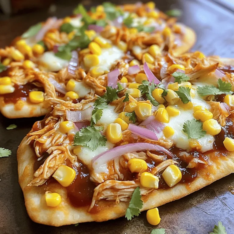 - 2 large flatbreads (store-bought or homemade) - 1 cup cooked chicken, shredded - 1 cup BBQ sauce (your favorite variety) - 1 cup shredded mozzarella cheese The base of this dish is the flatbread. You can use store-bought or make your own. I love using homemade flatbreads for extra flavor. The cooked chicken adds protein and a hearty bite. Shredded chicken works best. BBQ sauce brings that sweet and tangy kick. Lastly, mozzarella cheese melts beautifully, adding creaminess. - 1/2 cup red onion, thinly sliced - 1/2 cup corn kernels (fresh or canned) - 1/4 cup fresh cilantro, chopped (for garnish) - 1 teaspoon olive oil While the essential ingredients shine, adding red onion gives a nice crunch. Corn adds sweetness and color. Fresh cilantro brightens the dish, making it feel fresh. A little olive oil brushed on the flatbread enhances the flavor and crispiness. - Salt and pepper - Any other desired seasonings Don’t forget salt and pepper! They enhance all the flavors. Feel free to add your favorite spices, like garlic powder or smoked paprika, to elevate the taste. If you enjoy a bit of heat, try adding red pepper flakes. For the full recipe, check the section above. 1. Preheat the Oven Start by preheating your oven to 425°F (220°C). This temperature helps to crisp the flatbreads perfectly. A hot oven is key for a great texture. 2. Combine Chicken and BBQ Sauce In a medium bowl, mix the shredded chicken with the BBQ sauce. Stir well so that the chicken is fully coated. This step is crucial for adding that rich BBQ flavor. 1. Brush Flatbreads with Olive Oil Take your flatbreads and lightly brush both sides with olive oil. This adds flavor and helps them crisp up. Don’t forget to sprinkle salt and pepper for extra taste. 2. Layering Ingredients: Chicken, Cheese, and Vegetables Place the oiled flatbreads on a baking sheet. Spoon the BBQ chicken mixture evenly over each flatbread. Leave a small edge for the crust. Next, sprinkle the shredded mozzarella cheese on top. Add the sliced red onion and corn kernels for color and crunch. 1. Baking Time and Tips for Best Results Bake the flatbreads in your preheated oven for about 10-12 minutes. Watch for the cheese to melt and bubble. The edges should turn golden and crispy. Once done, let them cool for a minute before slicing. This makes serving easier. Enjoy your BBQ Chicken Flatbread Pizza, a flavor-packed delight! For the complete recipe, check out the [Full Recipe]. Optimal Oven Temperature For the best flatbread, heat your oven to 425°F (220°C). This hot temperature crisps the flatbread nicely. It helps create a great base for your toppings. Using a Baking Sheet vs. Pizza Stone You can use either a baking sheet or a pizza stone. A baking sheet is easy and great for beginners. Just line it with parchment paper for a smooth bake. A pizza stone gives a crispier crust but needs preheating. Suggestions for BBQ Sauce Varieties Your choice of BBQ sauce can change everything. Try a tangy sauce for a zesty kick. A sweet BBQ sauce adds a nice balance to the chicken. Use smoky sauce for that grilled flavor. Cheese Pairing Options Mozzarella is classic, but you can mix it up. Try sharp cheddar for a bold taste. Provolone adds a rich, buttery flavor. Goat cheese gives a creamy touch that melts beautifully. Accompaniments to Enjoy with Your Pizza Serve your flatbread with a side salad. A fresh green salad brightens the meal. You can also offer some crunchy veggies as a side. Presentation Ideas Make your pizza eye-catching! Use fresh cilantro as a garnish. Cut the flatbread into fun shapes for kids. Serve it on a wooden board for a rustic look. For the full recipe, check out the steps above. {{image_4}} You can switch up the chicken for good results. - Using Rotisserie Chicken: This saves time and adds a great flavor. Just shred the chicken from the store-bought rotisserie. Toss it in BBQ sauce, and you’re ready to go. - Vegetarian Alternatives: If you prefer no meat, try using jackfruit or mushrooms. They soak up flavors well. Mix them with sauce for a tasty combo. Get creative with flavors. - Different Sauces Beyond BBQ: Experiment with different sauces. Sweet chili sauce or buffalo sauce can add a fun twist. Just remember to balance the flavors so they shine. - Adding Extra Veggies: Toss in more veggies for a healthy boost. Bell peppers, spinach, or zucchini work great. They add color and crunch to your flatbread. Making adjustments for different diets is easy. - Substituting Flatbreads: Use gluten-free flatbreads or cauliflower crusts. These options keep the taste while being gluten-free. - Plant-Based Cheese Alternatives: For a vegan option, try plant-based cheese. It melts nicely and keeps your pizza creamy without dairy. Try these variations for different tastes. Each change can lead to a new favorite! You can find the full recipe to get started. To keep your BBQ chicken flatbread pizza fresh, store it properly. First, let the pizza cool down to room temperature. Then, place leftovers in an airtight container. You can also use aluminum foil or plastic wrap. This keeps moisture in and prevents the flatbread from drying out. - Refrigeration Tips: Store in the fridge for up to three days. Make sure the container is tightly sealed to avoid absorbing other smells in the fridge. - Freezing Instructions: For longer storage, freeze the flatbread pizza. Wrap it tightly in plastic wrap and then in aluminum foil. It can last in the freezer for up to two months. When ready to eat, thaw it in the fridge overnight before reheating. To enjoy the best flavor and texture, follow these reheating tips. - Best Methods to Retain Flavor and Texture: The oven is your best friend here. Preheat your oven to 350°F (175°C). Place the flatbread on a baking sheet and heat for about 10-15 minutes. This method keeps the crust crispy and the cheese gooey. If you’re in a hurry, you can use a microwave, but the crust may get soggy. How long can you keep leftovers safely? - How Long Can You Keep Leftovers Safely?: In the fridge, BBQ chicken flatbread pizza lasts about three days. When frozen, it can stay good for two months. Always check for any off smells or changes in texture before eating. Keeping track of these tips will help you enjoy your delicious pizza longer! You can use either store-bought or homemade flatbreads. Store-bought flatbreads save time. They are often soft and easy to work with. Look for thin, flexible options. These will crisp up nicely in the oven. If you prefer homemade, try a simple recipe. You can mix flour, water, and salt. Roll it thin, then cook it on a hot skillet. This gives you fresh bread with a lovely texture. Whichever you choose, ensure it suits your taste. Yes, you can prep BBQ chicken flatbread pizza in advance. Start by cooking your chicken and mixing it with BBQ sauce. Store this mixture in the fridge for up to three days. You can also prepare the flatbreads. Brush them with olive oil and season them. Wrap them tightly to keep them fresh. When you are ready to bake, layer the toppings and pop them in the oven. This makes meal prep easy and fun! Absolutely! Kids love BBQ chicken flatbread pizza. It is easy to handle and eat. If your kids don’t like spice, use a mild BBQ sauce. You can also skip the red onions if they are not a hit at home. Feel free to add more veggies, like bell peppers or spinach. This way, you can sneak in some healthy options. Your kids will enjoy it, and you can feel good about serving it! This blog post guides you through making BBQ Chicken Flatbread Pizza. We covered essential ingredients like flatbreads and cooked chicken. You learned important steps from preparation to baking. I shared tips to enhance flavor and achieve perfect texture. In conclusion, explore variations and personalize your pizza. Enjoy creating unique versions with different toppings and sauces. With proper storage, you can savor this dish for days. Happy cooking!