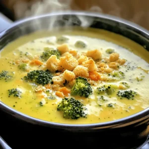 To make a tasty Creamy Broccoli Cheddar Soup, gather these ingredients: - 1 tablespoon olive oil - 1 medium onion, finely chopped - 2 cloves garlic, minced - 4 cups fresh broccoli florets - 2 medium carrots, diced - 4 cups vegetable broth - 1 cup heavy cream (or coconut cream for a lighter alternative) - 2 cups sharp cheddar cheese, shredded - 1 teaspoon Dijon mustard - Salt and pepper to taste - Optional: Croutons for garnish If you need to swap ingredients, here are some great options: - Coconut cream: Use this for a dairy-free creaminess. - Cheese variations: Try mozzarella or gouda for different flavors. - Vegetable broth substitutions: Chicken broth works well for added depth. These swaps can help you tailor the soup to your taste or dietary needs. Enjoy experimenting with flavors! You can find the Full Recipe here. Before you start cooking, gather your ingredients. This helps make the process smooth. Here’s what you need to prep: - Chop 1 medium onion finely. - Mince 2 cloves of garlic. - Cut 4 cups of fresh broccoli into florets. - Dice 2 medium carrots. Measure out the liquids too. You will need 4 cups of vegetable broth and 1 cup of heavy cream. Having everything ready will let you focus on the fun part: cooking! Let's get cooking! Follow these steps to make your creamy broccoli cheddar soup: 1. In a large pot, pour 1 tablespoon of olive oil. Heat it over medium heat. 2. Add the chopped onion. Sauté for 3-4 minutes until it softens. 3. Stir in the minced garlic and cook for 1 minute. You want it fragrant. 4. Next, add the broccoli florets and diced carrots. Toss them for 3-5 minutes. 5. Pour in the 4 cups of vegetable broth. Raise the heat and bring it to a boil. 6. Once boiling, lower the heat to a simmer. Cook for 15-20 minutes until the veggies are tender. 7. Use an immersion blender to puree the soup until smooth. If using a traditional blender, blend in batches for safety. 8. Return the soup to the pot and turn the heat to low. Stir in 1 cup of heavy cream and 1 teaspoon of Dijon mustard. 9. Gradually mix in 2 cups of shredded sharp cheddar cheese. Stir until it melts. 10. Taste and season with salt and pepper as you like. 11. Serve hot in bowls, adding croutons if you want some crunch. Using an immersion blender is easy and fun! Here are some tips: - Make sure to keep the blender fully submerged to avoid splatters. - Move the blender around for an even texture. - If you have a traditional blender, fill it halfway. Blend in batches to be safe. - Always let the soup cool a bit before blending if it’s very hot. Now you're ready to enjoy a warm bowl of creamy broccoli cheddar soup! For the full recipe, check out the Broccoli Cheddar Bliss Soup section above. To boost the taste of your creamy broccoli cheddar soup, try adding spices or herbs. Here are some great options: - Nutmeg: Just a pinch can add warmth. - Thyme: Fresh or dried thyme gives a nice herbal note. - Cayenne Pepper: For a little heat, sprinkle in cayenne. - Paprika: It adds color and a slight smokiness. - Lemon Zest: A bit of zest brightens the flavors. Mix and match these ingredients to find your favorite combination. Sometimes your soup may not turn out as planned. Here’s how to fix it: - Too Thick: Add more vegetable broth or cream. Stir well to combine. - Too Thin: Mix a bit of cornstarch with water, then slowly stir it in. Let it simmer for a few minutes. - Seasoning: Always taste your soup. If it needs more flavor, add salt, pepper, or a splash of lemon juice. These simple fixes can help you achieve the perfect consistency and taste. Pair your soup with some tasty sides for a complete meal. Here are some ideas: - Crusty Bread: A nice, warm loaf is perfect for dipping. - Grilled Cheese Sandwich: The classic pairing never disappoints. - Salad: A fresh green salad adds a nice crunch. - Crackers: Serve with crunchy crackers for added texture. These pairings make your meal more enjoyable and satisfying. {{image_4}} You can make a low-carb version of this soup easily. First, swap the heavy cream for unsweetened coconut cream. This change cuts carbs and adds a nice flavor. Use low-sodium vegetable broth to keep sodium levels down. You can also skip the carrots or use less. They add natural sugar. It’s simple to enjoy a creamy soup without the carbs! To make a vegan version, replace the heavy cream with coconut cream or cashew cream. Both give that creamy texture you want. Use nutritional yeast instead of cheese for a cheesy flavor. You can also add a bit of turmeric for color and health benefits. This way, you still get a rich soup that’s plant-based! Want to add more nutrition? You can toss in some cooked chicken or beans. Chicken adds protein and makes the soup heartier. Beans like white beans or chickpeas also work well. They blend nicely and boost fiber too. Feel free to get creative with your proteins! To keep your Creamy Broccoli Cheddar Soup fresh, use the right containers. Let the soup cool first. Transfer it to an airtight container. Store it in the fridge for up to three days. If you want to save it longer, consider freezing. Use freezer-safe bags or containers, and leave some space for expansion. The soup can last in the freezer for about three months. When you’re ready to enjoy your leftover soup, reheating is key. Pour the soup into a pot over low to medium heat. Stir often to prevent sticking. You can also use the microwave. Heat it in 30-second intervals, stirring in between. This keeps the soup creamy. Avoid boiling, as it can change the texture and flavor. In the fridge, your soup lasts about three days. If you freeze it, aim to use it within three months for the best taste. After that, the flavor may fade. Always check for signs of spoilage before enjoying leftovers. If it smells off or has an unusual color, it’s best to toss it. Yes, you can make this soup ahead of time. It keeps well in the fridge for up to three days. Just let it cool, then store it in an airtight container. If you want to freeze it, pour it into freezer-safe bags or containers. It can last for three months in the freezer. When you’re ready to eat, thaw it in the fridge overnight. Heat it gently on the stove, stirring often. This way, it will taste fresh and creamy. This soup pairs well with many sides. A crusty bread is perfect for dipping. You could also serve a simple green salad on the side. Grilled cheese sandwiches are another classic choice. They add a nice crunch and more cheese flavor. If you want something light, try fruit salad. It balances the richness of the soup. To add spice to your soup, you have a few options. You can stir in some red pepper flakes for heat. Another choice is to use diced jalapeños while cooking. For a different flavor, add a dash of hot sauce or a spoonful of your favorite chili paste. Just be careful to add a little at a time. Taste as you go, so it doesn’t become too hot. For the complete recipe, check out the [Broccoli Cheddar Bliss Soup recipe](#). This blog post covered the key steps to make Creamy Broccoli Cheddar Soup. We listed all the needed ingredients and offered substitutions for dietary needs. You learned easy cooking instructions and tips to enhance flavor. We also shared ways to modify the recipe, store leftovers, and handle common issues. Remember, this soup is not just a meal; it’s a warm hug in a bowl. With these tips, you can create a dish that’s quick, tasty, and suited to your needs. Enjoy every spoonful!