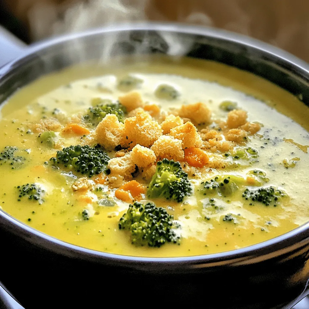 To make a tasty Creamy Broccoli Cheddar Soup, gather these ingredients: - 1 tablespoon olive oil - 1 medium onion, finely chopped - 2 cloves garlic, minced - 4 cups fresh broccoli florets - 2 medium carrots, diced - 4 cups vegetable broth - 1 cup heavy cream (or coconut cream for a lighter alternative) - 2 cups sharp cheddar cheese, shredded - 1 teaspoon Dijon mustard - Salt and pepper to taste - Optional: Croutons for garnish If you need to swap ingredients, here are some great options: - Coconut cream: Use this for a dairy-free creaminess. - Cheese variations: Try mozzarella or gouda for different flavors. - Vegetable broth substitutions: Chicken broth works well for added depth. These swaps can help you tailor the soup to your taste or dietary needs. Enjoy experimenting with flavors! You can find the Full Recipe here. Before you start cooking, gather your ingredients. This helps make the process smooth. Here’s what you need to prep: - Chop 1 medium onion finely. - Mince 2 cloves of garlic. - Cut 4 cups of fresh broccoli into florets. - Dice 2 medium carrots. Measure out the liquids too. You will need 4 cups of vegetable broth and 1 cup of heavy cream. Having everything ready will let you focus on the fun part: cooking! Let's get cooking! Follow these steps to make your creamy broccoli cheddar soup: 1. In a large pot, pour 1 tablespoon of olive oil. Heat it over medium heat. 2. Add the chopped onion. Sauté for 3-4 minutes until it softens. 3. Stir in the minced garlic and cook for 1 minute. You want it fragrant. 4. Next, add the broccoli florets and diced carrots. Toss them for 3-5 minutes. 5. Pour in the 4 cups of vegetable broth. Raise the heat and bring it to a boil. 6. Once boiling, lower the heat to a simmer. Cook for 15-20 minutes until the veggies are tender. 7. Use an immersion blender to puree the soup until smooth. If using a traditional blender, blend in batches for safety. 8. Return the soup to the pot and turn the heat to low. Stir in 1 cup of heavy cream and 1 teaspoon of Dijon mustard. 9. Gradually mix in 2 cups of shredded sharp cheddar cheese. Stir until it melts. 10. Taste and season with salt and pepper as you like. 11. Serve hot in bowls, adding croutons if you want some crunch. Using an immersion blender is easy and fun! Here are some tips: - Make sure to keep the blender fully submerged to avoid splatters. - Move the blender around for an even texture. - If you have a traditional blender, fill it halfway. Blend in batches to be safe. - Always let the soup cool a bit before blending if it’s very hot. Now you're ready to enjoy a warm bowl of creamy broccoli cheddar soup! For the full recipe, check out the Broccoli Cheddar Bliss Soup section above. To boost the taste of your creamy broccoli cheddar soup, try adding spices or herbs. Here are some great options: - Nutmeg: Just a pinch can add warmth. - Thyme: Fresh or dried thyme gives a nice herbal note. - Cayenne Pepper: For a little heat, sprinkle in cayenne. - Paprika: It adds color and a slight smokiness. - Lemon Zest: A bit of zest brightens the flavors. Mix and match these ingredients to find your favorite combination. Sometimes your soup may not turn out as planned. Here’s how to fix it: - Too Thick: Add more vegetable broth or cream. Stir well to combine. - Too Thin: Mix a bit of cornstarch with water, then slowly stir it in. Let it simmer for a few minutes. - Seasoning: Always taste your soup. If it needs more flavor, add salt, pepper, or a splash of lemon juice. These simple fixes can help you achieve the perfect consistency and taste. Pair your soup with some tasty sides for a complete meal. Here are some ideas: - Crusty Bread: A nice, warm loaf is perfect for dipping. - Grilled Cheese Sandwich: The classic pairing never disappoints. - Salad: A fresh green salad adds a nice crunch. - Crackers: Serve with crunchy crackers for added texture. These pairings make your meal more enjoyable and satisfying. {{image_4}} You can make a low-carb version of this soup easily. First, swap the heavy cream for unsweetened coconut cream. This change cuts carbs and adds a nice flavor. Use low-sodium vegetable broth to keep sodium levels down. You can also skip the carrots or use less. They add natural sugar. It’s simple to enjoy a creamy soup without the carbs! To make a vegan version, replace the heavy cream with coconut cream or cashew cream. Both give that creamy texture you want. Use nutritional yeast instead of cheese for a cheesy flavor. You can also add a bit of turmeric for color and health benefits. This way, you still get a rich soup that’s plant-based! Want to add more nutrition? You can toss in some cooked chicken or beans. Chicken adds protein and makes the soup heartier. Beans like white beans or chickpeas also work well. They blend nicely and boost fiber too. Feel free to get creative with your proteins! To keep your Creamy Broccoli Cheddar Soup fresh, use the right containers. Let the soup cool first. Transfer it to an airtight container. Store it in the fridge for up to three days. If you want to save it longer, consider freezing. Use freezer-safe bags or containers, and leave some space for expansion. The soup can last in the freezer for about three months. When you’re ready to enjoy your leftover soup, reheating is key. Pour the soup into a pot over low to medium heat. Stir often to prevent sticking. You can also use the microwave. Heat it in 30-second intervals, stirring in between. This keeps the soup creamy. Avoid boiling, as it can change the texture and flavor. In the fridge, your soup lasts about three days. If you freeze it, aim to use it within three months for the best taste. After that, the flavor may fade. Always check for signs of spoilage before enjoying leftovers. If it smells off or has an unusual color, it’s best to toss it. Yes, you can make this soup ahead of time. It keeps well in the fridge for up to three days. Just let it cool, then store it in an airtight container. If you want to freeze it, pour it into freezer-safe bags or containers. It can last for three months in the freezer. When you’re ready to eat, thaw it in the fridge overnight. Heat it gently on the stove, stirring often. This way, it will taste fresh and creamy. This soup pairs well with many sides. A crusty bread is perfect for dipping. You could also serve a simple green salad on the side. Grilled cheese sandwiches are another classic choice. They add a nice crunch and more cheese flavor. If you want something light, try fruit salad. It balances the richness of the soup. To add spice to your soup, you have a few options. You can stir in some red pepper flakes for heat. Another choice is to use diced jalapeños while cooking. For a different flavor, add a dash of hot sauce or a spoonful of your favorite chili paste. Just be careful to add a little at a time. Taste as you go, so it doesn’t become too hot. For the complete recipe, check out the [Broccoli Cheddar Bliss Soup recipe](#). This blog post covered the key steps to make Creamy Broccoli Cheddar Soup. We listed all the needed ingredients and offered substitutions for dietary needs. You learned easy cooking instructions and tips to enhance flavor. We also shared ways to modify the recipe, store leftovers, and handle common issues. Remember, this soup is not just a meal; it’s a warm hug in a bowl. With these tips, you can create a dish that’s quick, tasty, and suited to your needs. Enjoy every spoonful!