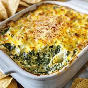 - 1 cup fresh spinach, coarsely chopped - 1 cup canned artichoke hearts, thoroughly drained and coarsely chopped - 1 cup cream cheese, softened to room temperature - 1/2 cup sour cream - 1/2 cup mayonnaise - 1 cup shredded mozzarella cheese - 1/2 cup grated Parmesan cheese - 2 cloves garlic, finely minced - 1/2 teaspoon onion powder - 1/2 teaspoon crushed red pepper flakes (optional) - Salt and freshly cracked black pepper to taste - Tortilla chips or sliced baguette for serving Gather these ingredients for a fantastic creamy spinach artichoke dip. The fresh spinach adds color and nutrition. The artichoke hearts bring a nice texture and flavor. Cream cheese, sour cream, and mayonnaise make it rich and creamy. The mozzarella and Parmesan cheeses provide a savory depth. I love using fresh garlic for its strong aroma and taste. Onion powder adds a subtle sweetness. If you like heat, the red pepper flakes can give it a nice kick. Finally, feel free to season with salt and pepper to enhance all the flavors. You can serve this dip with crispy tortilla chips or sliced baguette. These options create the perfect balance with the creamy dip. For the full recipe, refer to the detailed steps that will guide you through making this delightful party snack. - Set temperature to 375°F (190°C). - Blend cream cheese, sour cream, and mayonnaise until smooth. Start with room-temperature cream cheese. It helps the dip mix easily. Add sour cream and mayonnaise for a creamy base. Use a hand mixer or a spatula to blend until it is smooth. This step is key for a great texture. - Incorporate spinach, artichoke hearts, garlic, mozzarella, and Parmesan. Next, add in the chopped spinach and artichoke hearts. I like to use canned artichokes for ease. They are soft and easy to mix. Add minced garlic for flavor and aroma. Finally, fold in mozzarella and Parmesan. This will give your dip that cheesy goodness. - Add onion powder, red pepper flakes, salt, and pepper. Now, season your dip. Onion powder adds depth. If you like heat, add red pepper flakes. Don’t forget salt and pepper to taste. These seasonings make the dip pop with flavor. - Place mixture in a baking dish and bake for 25-30 minutes. Spread the mixture in a baking dish. Make sure it is even. Bake in your preheated oven for 25-30 minutes. Look for bubbling edges and a golden crust. This is when it is ready. - Let dip cool for 5 minutes before serving. After baking, take your dip out of the oven. Let it cool for about 5 minutes. This helps the dip settle and makes it safe to eat. Serve it warm with tortilla chips or sliced baguette. It’s a crowd-pleaser! For the full recipe, check out the recipe section. To make your dip even creamier, add more cream cheese or sour cream. Cream cheese gives a rich texture. Sour cream adds a nice tang. You can mix them to find your perfect balance. Remember, a smoother dip makes for better dipping! For stronger flavor, use fresh garlic instead of minced. Fresh garlic has a bold taste that really shines through. Just crush and finely chop it before adding it to your dip. This small change can make a big difference in flavor! Garnish your dip with extra Parmesan or fresh herbs before serving. A sprinkle of Parmesan adds a nice touch. Fresh herbs like parsley or basil bring color and freshness. These simple steps make your dish look as good as it tastes, impressing your guests. {{image_4}} You can make your creamy spinach artichoke dip even better with fun add-ins. Here are some ideas: - Bacon: Add crispy bacon bits for a smoky crunch. - Jalapeños: Mix in fresh or pickled jalapeños for heat. - Cheese Variety: Try different cheeses like cheddar or pepper jack for a twist. These add-ins boost flavor and make the dip unique. Experiment with what you love! If you're looking for lighter options, you can easily swap some ingredients. Consider these healthier choices: - Low-Fat Cream Cheese: Use this instead of regular cream cheese. - Greek Yogurt: Replace sour cream and mayonnaise with Greek yogurt for creaminess. These changes still keep the dip tasty while cutting down on fat. Want a plant-based option? Making a vegan version is simple. Use these ingredients: - Plant-Based Cream Cheese: This gives you that creamy base. - Vegan Mayo: Substitute regular mayo with vegan mayo. You won’t miss the dairy, and your vegan friends will love it! Check the Full Recipe for all the delicious details. Once your creamy spinach artichoke dip cools, you should store it in an airtight container. This keeps it fresh and prevents it from absorbing other smells in the fridge. Make sure the lid is secure to maintain its creamy texture. To reheat your dip without losing its creaminess, use a microwave or an oven. If using a microwave, warm it in 30-second intervals. Stir after each interval to ensure even heating. If you prefer an oven, set it to 350°F (175°C) and heat for about 15 minutes. Cover it with foil to prevent it from drying out. For the best taste and quality, enjoy your dip within three to four days. This timeframe keeps the flavors fresh and the textures delightful. If you freeze it, use it within two months for optimal taste. Be sure to thaw it in the fridge before reheating. Yes, you can prepare this dip ahead. Mix all the ingredients in a bowl. Place the mixture in a baking dish and cover it with plastic wrap. Store it in the fridge for up to two days. When you are ready to bake, take it out and let it sit for 15 minutes. This helps it bake evenly. Then, preheat your oven and bake as usual until golden. You can add more flavor with simple tweaks. Use fresh minced garlic for a bold taste. If you like heat, consider adding jalapeños or extra crushed red pepper flakes. A dash of hot sauce can also give it a kick. For a smokier flavor, try smoked paprika. Mix these in before baking for a tasty twist. This dip pairs well with many things. Tortilla chips are a classic choice. Sliced baguette also works great for dipping. Fresh veggies like carrots and bell peppers add a nice crunch. You can even spread it on crackers for a fun snack. Serve it warm for the best experience. Don’t forget to enjoy it with friends! This article guides you through making a delicious creamy spinach artichoke dip. We covered the needed ingredients, step-by-step cooking instructions, and useful tips. You learned ways to enhance flavor and how to store the dip for later enjoyment. Try variations like adding bacon or using healthier ingredients for a twist. Whether for a party or a snack, this dip is sure to impress. Enjoy creating your own version of this tasty treat!