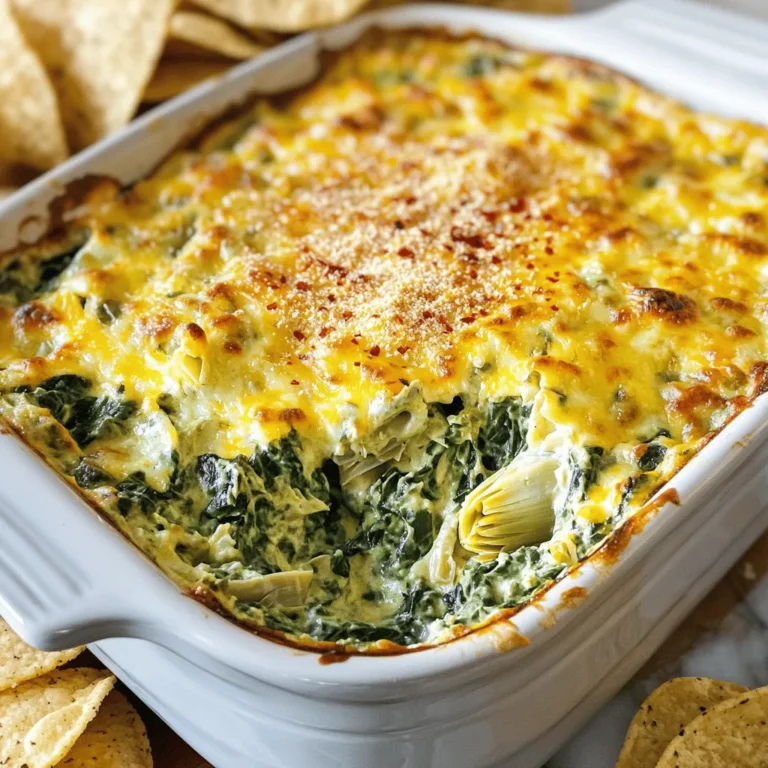 - 1 cup fresh spinach, coarsely chopped - 1 cup canned artichoke hearts, thoroughly drained and coarsely chopped - 1 cup cream cheese, softened to room temperature - 1/2 cup sour cream - 1/2 cup mayonnaise - 1 cup shredded mozzarella cheese - 1/2 cup grated Parmesan cheese - 2 cloves garlic, finely minced - 1/2 teaspoon onion powder - 1/2 teaspoon crushed red pepper flakes (optional) - Salt and freshly cracked black pepper to taste - Tortilla chips or sliced baguette for serving Gather these ingredients for a fantastic creamy spinach artichoke dip. The fresh spinach adds color and nutrition. The artichoke hearts bring a nice texture and flavor. Cream cheese, sour cream, and mayonnaise make it rich and creamy. The mozzarella and Parmesan cheeses provide a savory depth. I love using fresh garlic for its strong aroma and taste. Onion powder adds a subtle sweetness. If you like heat, the red pepper flakes can give it a nice kick. Finally, feel free to season with salt and pepper to enhance all the flavors. You can serve this dip with crispy tortilla chips or sliced baguette. These options create the perfect balance with the creamy dip. For the full recipe, refer to the detailed steps that will guide you through making this delightful party snack. - Set temperature to 375°F (190°C). - Blend cream cheese, sour cream, and mayonnaise until smooth. Start with room-temperature cream cheese. It helps the dip mix easily. Add sour cream and mayonnaise for a creamy base. Use a hand mixer or a spatula to blend until it is smooth. This step is key for a great texture. - Incorporate spinach, artichoke hearts, garlic, mozzarella, and Parmesan. Next, add in the chopped spinach and artichoke hearts. I like to use canned artichokes for ease. They are soft and easy to mix. Add minced garlic for flavor and aroma. Finally, fold in mozzarella and Parmesan. This will give your dip that cheesy goodness. - Add onion powder, red pepper flakes, salt, and pepper. Now, season your dip. Onion powder adds depth. If you like heat, add red pepper flakes. Don’t forget salt and pepper to taste. These seasonings make the dip pop with flavor. - Place mixture in a baking dish and bake for 25-30 minutes. Spread the mixture in a baking dish. Make sure it is even. Bake in your preheated oven for 25-30 minutes. Look for bubbling edges and a golden crust. This is when it is ready. - Let dip cool for 5 minutes before serving. After baking, take your dip out of the oven. Let it cool for about 5 minutes. This helps the dip settle and makes it safe to eat. Serve it warm with tortilla chips or sliced baguette. It’s a crowd-pleaser! For the full recipe, check out the recipe section. To make your dip even creamier, add more cream cheese or sour cream. Cream cheese gives a rich texture. Sour cream adds a nice tang. You can mix them to find your perfect balance. Remember, a smoother dip makes for better dipping! For stronger flavor, use fresh garlic instead of minced. Fresh garlic has a bold taste that really shines through. Just crush and finely chop it before adding it to your dip. This small change can make a big difference in flavor! Garnish your dip with extra Parmesan or fresh herbs before serving. A sprinkle of Parmesan adds a nice touch. Fresh herbs like parsley or basil bring color and freshness. These simple steps make your dish look as good as it tastes, impressing your guests. {{image_4}} You can make your creamy spinach artichoke dip even better with fun add-ins. Here are some ideas: - Bacon: Add crispy bacon bits for a smoky crunch. - Jalapeños: Mix in fresh or pickled jalapeños for heat. - Cheese Variety: Try different cheeses like cheddar or pepper jack for a twist. These add-ins boost flavor and make the dip unique. Experiment with what you love! If you're looking for lighter options, you can easily swap some ingredients. Consider these healthier choices: - Low-Fat Cream Cheese: Use this instead of regular cream cheese. - Greek Yogurt: Replace sour cream and mayonnaise with Greek yogurt for creaminess. These changes still keep the dip tasty while cutting down on fat. Want a plant-based option? Making a vegan version is simple. Use these ingredients: - Plant-Based Cream Cheese: This gives you that creamy base. - Vegan Mayo: Substitute regular mayo with vegan mayo. You won’t miss the dairy, and your vegan friends will love it! Check the Full Recipe for all the delicious details. Once your creamy spinach artichoke dip cools, you should store it in an airtight container. This keeps it fresh and prevents it from absorbing other smells in the fridge. Make sure the lid is secure to maintain its creamy texture. To reheat your dip without losing its creaminess, use a microwave or an oven. If using a microwave, warm it in 30-second intervals. Stir after each interval to ensure even heating. If you prefer an oven, set it to 350°F (175°C) and heat for about 15 minutes. Cover it with foil to prevent it from drying out. For the best taste and quality, enjoy your dip within three to four days. This timeframe keeps the flavors fresh and the textures delightful. If you freeze it, use it within two months for optimal taste. Be sure to thaw it in the fridge before reheating. Yes, you can prepare this dip ahead. Mix all the ingredients in a bowl. Place the mixture in a baking dish and cover it with plastic wrap. Store it in the fridge for up to two days. When you are ready to bake, take it out and let it sit for 15 minutes. This helps it bake evenly. Then, preheat your oven and bake as usual until golden. You can add more flavor with simple tweaks. Use fresh minced garlic for a bold taste. If you like heat, consider adding jalapeños or extra crushed red pepper flakes. A dash of hot sauce can also give it a kick. For a smokier flavor, try smoked paprika. Mix these in before baking for a tasty twist. This dip pairs well with many things. Tortilla chips are a classic choice. Sliced baguette also works great for dipping. Fresh veggies like carrots and bell peppers add a nice crunch. You can even spread it on crackers for a fun snack. Serve it warm for the best experience. Don’t forget to enjoy it with friends! This article guides you through making a delicious creamy spinach artichoke dip. We covered the needed ingredients, step-by-step cooking instructions, and useful tips. You learned ways to enhance flavor and how to store the dip for later enjoyment. Try variations like adding bacon or using healthier ingredients for a twist. Whether for a party or a snack, this dip is sure to impress. Enjoy creating your own version of this tasty treat!
