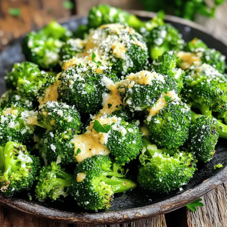 - 1 large head of fresh broccoli, cut into bite-sized florets - 4 cloves of garlic, finely minced - 3 tablespoons extra virgin olive oil - 1 teaspoon freshly squeezed lemon juice - 1/2 cup finely grated Parmesan cheese - Salt and freshly ground black pepper, to taste Using fresh ingredients makes a big difference. Fresh broccoli is crisp and vibrant. It's full of nutrients and flavor. Fresh garlic adds a strong, rich taste that blends well with the broccoli. Good olive oil gives this dish a smooth richness. Always choose high-quality Parmesan cheese for the best melt and flavor. - 1/2 teaspoon red pepper flakes (optional, for a kick) - Fresh parsley, finely chopped (for a vibrant garnish) You can add red pepper flakes if you like a bit of heat. This small change can elevate the dish. Fresh parsley adds color and a hint of freshness. It also helps brighten the rich flavors in the dish. Feel free to experiment with these options to make it your own. For the full recipe, check out the details provided earlier. Start by preheating your oven to 425°F (220°C). Preheating helps the broccoli cook evenly. Next, wash your broccoli. Cut it into bite-sized florets. This size helps each piece roast well. In a large bowl, mix the broccoli florets with minced garlic and olive oil. Add lemon juice, red pepper flakes, salt, and pepper. Toss everything together. Make sure the broccoli is well-coated. This step makes the flavors blend nicely. Now, spread the broccoli on a baking sheet. Keep it in a single layer. This helps it roast properly. Place the baking sheet in the oven for 15 to 20 minutes. You want the broccoli to be fork-tender with crisp edges. Check it often toward the end. You’ll know it’s done when it turns a nice, vibrant green. Once the broccoli is roasted, take it out of the oven. Immediately sprinkle grated Parmesan cheese over the hot broccoli. The heat will melt the cheese perfectly. For maximum flavor, return it to the oven for another 2 to 3 minutes. Look for bubbling and golden cheese to know it’s ready. Finally, garnish with fresh parsley. This adds color and freshness. You can serve it straight from the baking sheet or a lovely platter. For extra flair, drizzle more lemon juice on top. You can find the full recipe for Roasted Garlic Parmesan Broccoli to enjoy this tasty dish! To get the best texture in your roasted garlic Parmesan broccoli, follow these tips: - Use high heat: Roast at 425°F (220°C) for crisp edges and tender stems. - Cut evenly: Make sure your florets are similar in size. This helps them cook evenly. - Don't overcrowd: Spread broccoli in a single layer on your baking sheet. Overcrowding leads to steaming instead of roasting. Common mistakes to avoid include: - Not preheating: Always preheat your oven. This step is key for good roasting. - Ignoring the time: Roast for 15 to 20 minutes. Keep an eye on it to prevent burning. - Adding cheese too early: Sprinkle Parmesan cheese just before the end. This ensures it melts perfectly without burning. To boost the flavor of your roasted broccoli, consider these suggestions: - Seasoning changes: Add lemon zest for brightness or swap salt for a flavored salt like garlic salt. - Spice it up: Try adding paprika or cayenne pepper for extra heat. For different cooking methods, you can: - Air fry: Cook at 400°F (200°C) for about 10 to 12 minutes for a quick, crisp finish. - Steam: If you prefer a softer texture, steam the broccoli first, then add garlic and cheese before roasting briefly. With these tips, you can make your roasted garlic Parmesan broccoli even more delicious and enjoyable. If you want to see the full process, check out the Full Recipe for more details! {{image_4}} You can switch up the cheese in this recipe. Instead of Parmesan, try using Pecorino Romano for a stronger taste. Grana Padano also works well if you want something milder. If you love a bit of funk, go for aged Gouda. Each cheese adds its own twist to the flavor. For spices, consider adding paprika for a smoky kick. Smoked paprika brings depth, while cayenne gives it heat. You can even mix in some Italian herbs like oregano or thyme for an earthy vibe. Don’t hesitate to experiment. Every spice changes the dish! If you need a gluten-free option, you’re in luck! This recipe is naturally gluten-free. Just ensure any spices or seasonings you use are also gluten-free. For those who follow a vegan diet, substitute the Parmesan cheese with nutritional yeast. This adds a cheesy flavor without the dairy. You can also use a store-bought vegan cheese that melts well. These changes keep the dish tasty while meeting dietary needs. For the full recipe, check out the detailed instructions above to create your own delicious Roasted Garlic Parmesan Broccoli! After enjoying your Roasted Garlic Parmesan Broccoli, you may have some leftovers. To keep them fresh, store the broccoli in an airtight container. This helps prevent moisture loss and keeps the flavors intact. - Container Recommendation: Use glass or BPA-free plastic containers. They seal well and are easy to stack in the fridge. - Refrigeration Time: Consume your leftover broccoli within 3 to 5 days for the best taste and texture. When it's time to reheat your broccoli, you want it to taste just as good as fresh. Here are some tips to do just that. - Oven Reheating: Preheat your oven to 350°F (175°C). Spread the broccoli on a baking sheet and heat for about 10 minutes. This method keeps the broccoli crispy. - Microwave Reheating: Place the broccoli in a microwave-safe bowl. Cover it with a damp paper towel to retain moisture. Heat for 1 to 2 minutes, checking often to avoid overcooking. By following these tips, you can enjoy your Roasted Garlic Parmesan Broccoli again, keeping its lovely flavor and texture. How to make Roasted Garlic Parmesan Broccoli crispy? To get crispy Roasted Garlic Parmesan Broccoli, spread the florets in a single layer. Make sure they are not crowded on the baking sheet. This allows hot air to circulate. Also, use enough olive oil to coat without making them soggy. Roasting at a high heat of 425°F (220°C) helps create that perfect crispiness, too. Can I use frozen broccoli for this recipe? Yes, you can use frozen broccoli. However, frozen broccoli tends to have more moisture. To avoid sogginess, thaw the broccoli first and pat it dry. Then, follow the same steps in the recipe for roasting. You may need to adjust the cooking time, as frozen broccoli may roast faster or slower. Can I make this recipe ahead of time? You can prep the broccoli and toss it with the garlic, oil, and seasonings. Keep it covered in the fridge for up to 24 hours before roasting. When ready to serve, roast it as per the recipe. This saves time and makes meal prep easier. What are some good pairings for Roasted Garlic Parmesan Broccoli? Roasted Garlic Parmesan Broccoli pairs well with many dishes. It complements grilled chicken, baked fish, or pasta beautifully. You can also serve it alongside a hearty grain like quinoa or brown rice for a complete meal. Is Roasted Garlic Parmesan Broccoli healthy? Yes, Roasted Garlic Parmesan Broccoli is healthy. Broccoli is packed with vitamins, minerals, and fiber. The garlic adds flavor and has health benefits, too. Using olive oil in moderation keeps it heart-healthy. How many calories are in this dish per serving? Each serving of Roasted Garlic Parmesan Broccoli has about 150 calories. This number may vary based on the amount of cheese and oil you use. Always check your ingredients to be more precise. For the full recipe, refer to the detailed cooking instructions above. To sum up, Roasted Garlic Parmesan Broccoli uses fresh ingredients for the best taste. Follow the steps for prep and roasting to achieve perfect texture. Don't forget the tips and variations to enhance flavor and adjust for diets. Store leftovers properly and reheat wisely to enjoy later. With this simple recipe, you can make a tasty side dish that fits your needs. Enjoy your cooking and make it your own!