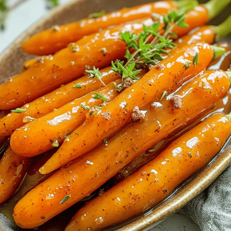 To make delicious maple glazed carrots, gather the following ingredients: - 1 pound baby carrots, trimmed and rinsed - 2 tablespoons unsalted butter - 1/4 cup pure maple syrup - 1 tablespoon fresh orange juice - 1/2 teaspoon ground cinnamon - Salt and pepper to taste - Optional garnish: Chopped fresh parsley or thyme These simple ingredients work together to create a sweet and savory dish. The baby carrots are sweet on their own, but the maple syrup adds a rich flavor. The fresh orange juice brightens the dish, while cinnamon adds warmth. Using unsalted butter allows you to control the salt level in your meal. The optional herbs provide a pop of color and fresh taste. For the full recipe, check out the details above and get ready to impress your guests! - Wash and prepare baby carrots. - Melt butter in a skillet. - Sauté carrots until slightly tender. First, wash the baby carrots under cold water. If you have larger carrots, peel and cut them into even pieces. This helps them cook well. Next, heat a large skillet over medium heat and add the butter. Let it melt until it bubbles. Then, add the carrots to the skillet. Sauté them for about five minutes, stirring often. You want them to be slightly tender but still crisp. - Add maple syrup and orange juice. - Season with cinnamon, salt, and pepper. - Cover and simmer until tender. Now, pour in the maple syrup and fresh orange juice. Sprinkle in the cinnamon, salt, and pepper. Stir everything gently to coat the carrots in the glaze. Reduce the heat to a simmer and cover the skillet. Let the carrots cook for another 10 to 15 minutes. Stir them occasionally. This will make them tender and let the glaze thicken. - Garnish with fresh herbs. - Serve and enjoy. When the carrots are done, take them off the heat. For a pop of color and flavor, sprinkle some fresh parsley or thyme on top. Serve the maple glazed carrots warm. Enjoy the rich flavors right at your table. For the full recipe, check out the details above. How to choose the best carrots Select bright orange baby carrots. They should feel firm and smooth. Avoid any with dark spots or wrinkles. Fresh carrots taste sweeter and cook better. Adjusting sweetness with maple syrup You can control sweetness by adding more or less maple syrup. Start with the recipe's amount. Taste the glaze and add more if needed. A little can go a long way! Ensuring even cooking Cut larger carrots into similar sizes. This helps them cook evenly. Stir them often while they cook to avoid hot spots. Pairing with main dishes Maple glazed carrots pair well with roasted chicken or grilled pork. Their sweet taste balances savory flavors. They also work great with vegetarian meals like quinoa. Presentation ideas for dinner parties Serve the carrots in a shallow bowl. Drizzle any extra glaze on top. Add a sprinkle of fresh herbs for color. This makes your dish look and taste amazing! Overcooking carrots Be careful not to overcook the carrots. They should be tender but still crisp. Overcooked carrots lose their bright color and flavor. Skipping the seasoning Don't forget to season with salt and pepper. These ingredients enhance the sweet flavor of the glaze. A pinch of salt can make all the difference! For the complete recipe, check out the Full Recipe. {{image_4}} You can easily change the flavor of your maple glazed carrots. Adding spices like nutmeg or ginger gives a warm twist. Nutmeg adds a sweet, nutty taste while ginger brings a zesty kick. You can also add garlic for savory depth. The garlic will balance the sweetness of the maple syrup, making each bite delicious. Maple syrup is great, but you can try different sweeteners too. Honey or agave syrup works well if you want a change. Both sweeteners add their own unique flavor. If you want less sweetness, reduce the maple syrup. Just adjust the other ingredients to keep the balance. You don’t have to stick to baby carrots. Regular carrots are just as good. Cut them into uniform pieces to ensure even cooking. You can also swap fresh orange juice with lemon juice or apple cider vinegar. Each option will change the taste and make it interesting. For the full recipe, check the earlier section. To store leftovers, place maple glazed carrots in an airtight container. Keep them in the fridge. They stay fresh for about 3 to 5 days. When you're ready to eat, just reheat them gently. You can freeze maple glazed carrots, but they may lose some texture. To freeze, let them cool completely. Transfer to a freezer-safe bag, removing as much air as possible. They can last up to 3 months. For thawing, place them in the fridge overnight. Reheat them in a skillet or microwave. Make maple glazed carrots ahead of time for busy nights. Cook them fully and store in the fridge. You can portion them for single servings or family meals. This way, you can enjoy a tasty side dish any night of the week. For the full recipe, check out the steps above and get cooking! Maple glazed carrots are a sweet and savory side dish. The baby carrots become tender and flavorful when cooked in a mix of pure maple syrup, butter, and orange juice. The glaze gives them a shiny finish and a rich flavor. Ground cinnamon adds warmth, making each bite delightful. This dish is perfect for any meal, adding a touch of sweetness to your table. Yes, you can make maple glazed carrots ahead of time. Cook the carrots as the recipe states, then let them cool. Store them in an airtight container in the fridge. When you're ready to serve, gently reheat them in a skillet over low heat. Add a splash of water or extra maple syrup to keep them moist. This method keeps the flavors fresh and vibrant. Maple glazed carrots pair well with many dishes. They complement roasted meats like chicken, pork, or beef. You can also serve them with grains, such as quinoa or rice. For a vegetarian meal, pair them with a hearty salad or lentils. Their sweet flavor balances nicely with savory or spicy dishes, making them a versatile side. To make maple glazed carrots vegan, you can substitute the unsalted butter with coconut oil or vegan butter. The rest of the ingredients, including maple syrup and orange juice, are already vegan. This keeps the rich flavor while meeting dietary needs. You can still enjoy the sweetness and warmth in every bite of this dish. For the full recipe, check the earlier section. Maple glazed carrots are a delightful dish that combines sweetness with savory spices. We explored the easy steps to prepare, cook, and serve this tasty treat. You learned tips on choosing great carrots, fixing common mistakes, and discovering variations. Finally, we discussed how to store leftovers and prepare meals in advance. These carrots can impress at any meal. Try them alongside your favorite main dish. Enjoy the rich flavor, vibrant color, and simple joy that maple glazed carrots bring to your table!