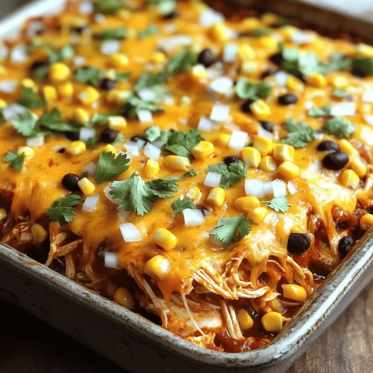 To make this tasty dish, gather these main ingredients: - 2 cups cooked chicken, shredded - 1 can (10 oz) red enchilada sauce - 1 can (15 oz) black beans, rinsed and drained - 1 cup corn (fresh, canned, or frozen) - 2 cups shredded cheddar cheese - 1 medium onion, diced - 1 teaspoon garlic powder - 1 teaspoon ground cumin - 1 teaspoon chili powder - 6 corn tortillas, cut into quarters - Salt and pepper to taste These ingredients create a hearty, flavorful meal. The shredded chicken adds protein, while the beans and corn provide fiber. The spices bring warmth, and the cheese adds creaminess. For a fun twist, consider these optional toppings: - Fresh cilantro, roughly chopped - Sliced avocado - Sour cream - Sliced jalapeños - Chopped green onions These toppings add color and flavor. Fresh cilantro gives a bright taste. Avocado adds creaminess, while sour cream cools the dish. If you need swaps, here are some ideas: - Use rotisserie chicken for quick prep. - Swap black beans with pinto beans or kidney beans. - Try a different cheese, like Monterey Jack. - Use flour tortillas if corn is not available. These substitutes help you customize the recipe to your taste and pantry. You can still enjoy a great meal with what you have on hand. For the complete recipe, check out the Full Recipe. First, preheat your oven to 350°F (175°C). This step is key for even cooking. While the oven heats, take a 9x13 inch baking dish and lightly grease it. This helps prevent sticking. In a large bowl, combine the shredded chicken, enchilada sauce, black beans, corn, and diced onion. Add in the garlic powder, cumin, chili powder, salt, and pepper. Mix it all together until each piece is coated well. This blend gives your casserole its great flavor. Start by placing half of the quartered tortillas at the bottom of the greased dish. Then, spread half of the chicken mixture over the tortillas. Follow with 1 cup of shredded cheddar cheese. Repeat this layering with the remaining tortillas, chicken mix, and top with the last cup of cheese. Cover with aluminum foil. Bake for 25 minutes. After that, remove the foil and bake for another 10-15 minutes. Look for bubbly cheese that is golden brown. Let it cool a bit before serving. Don't forget to sprinkle fresh cilantro on top. To get that perfect cheese melt, choose a good cheese. I love using shredded cheddar. It melts nicely and gives a great flavor. When layering, put cheese on both layers of chicken. This lets the cheese get extra gooey. Cover the dish with foil while baking. This helps keep moisture in. Then, uncover the dish for the last few minutes. This browns the cheese and makes it bubbly. Want to add more flavor? You can mix in some diced jalapeños for heat. Or, add a bit of lime juice for a fresh taste. You can also switch the black beans for pinto beans if you like. If you want a veggie kick, toss in some bell peppers or zucchini. They add color and texture. Don't forget to top with fresh cilantro for a burst of flavor when serving. To save time, use rotisserie chicken. It’s already cooked and shredded. This cuts down your prep time. You can also chop veggies ahead of time, so they are ready to go. If you want, prepare the casserole a day early. Just cover it and keep it in the fridge. When ready to bake, add a few extra minutes to the cooking time. This makes dinner stress-free. For the full recipe, check out the details above. {{image_4}} You can easily make a vegetarian version of this dish. Start with the same base but swap the chicken for plant-based protein. Use black beans or lentils for added texture and protein. Add diced bell peppers and zucchini for extra flavor and nutrition. You can also try using a mix of beans, like pinto and kidney beans. This variation will keep the casserole hearty and satisfying. For a gluten-free option, choose corn tortillas labeled gluten-free. Many brands offer great alternatives that taste just as good. You can also use rice or quinoa in place of tortillas. Just layer the other ingredients on top of cooked rice or quinoa. This way, you can enjoy the same great flavors without worrying about gluten. If you love heat, there are many ways to spice things up. Add diced jalapeños to the mixing bowl for a kick. You can also use spicy enchilada sauce instead of the mild version. Another option is to sprinkle chili flakes on top before serving. This will give your casserole a nice, spicy finish. For even more heat, serve with hot sauce on the side. For the complete recipe, check the Full Recipe section. To store leftover chicken enchilada casserole, let it cool first. Cover it tightly with plastic wrap or foil. You can also use an airtight container for extra protection. This method keeps the flavors fresh and tasty. Store it in the fridge for up to three days. When you are ready to eat the leftovers, preheat your oven to 350°F (175°C). Place the casserole in a baking dish. Cover it with foil to keep it moist. Bake for about 20 minutes. If you want a crispy top, remove the foil for the last 5 minutes. Check that it is heated all the way through before serving. Freezing chicken enchilada casserole is easy! Prepare the casserole as normal but do not bake it. Wrap it tightly in plastic wrap and then in foil. This keeps it safe from freezer burn. It can last up to three months in the freezer. When you are ready to cook it, thaw it overnight in the fridge, then bake as you normally would. For the full recipe, check out the earlier sections! Yes, you can make this dish ahead of time. Prepare it up to the baking stage. Cover the dish tightly with foil and store it in the fridge. When you are ready to bake, just add some extra time in the oven. This helps the casserole heat evenly. I often do this for busy nights. You can serve this casserole with many sides. Some great options include: - Mexican rice - Refried beans - Fresh guacamole - A simple green salad - Corn on the cob These sides add flavor and balance to the meal. They also help make your plate look colorful and inviting. To make smaller servings, you can cut the recipe in half. Use a smaller baking dish, like an 8x8 inch. This way, you keep all the flavors but make less food. Another option is to freeze half of the casserole before baking. This gives you a quick meal for another day. In this blog post, we explored the easy chicken enchilada casserole. We discussed main ingredients, optional toppings, and substitutes. I guided you through step-by-step instructions for prepping and layering the dish. You learned helpful tips for cheese melting and time-saving tricks. We also covered variations, storage, and common questions. This dish is simple and fun to make. You can customize it to suit your taste. Enjoy the process and share it with others!