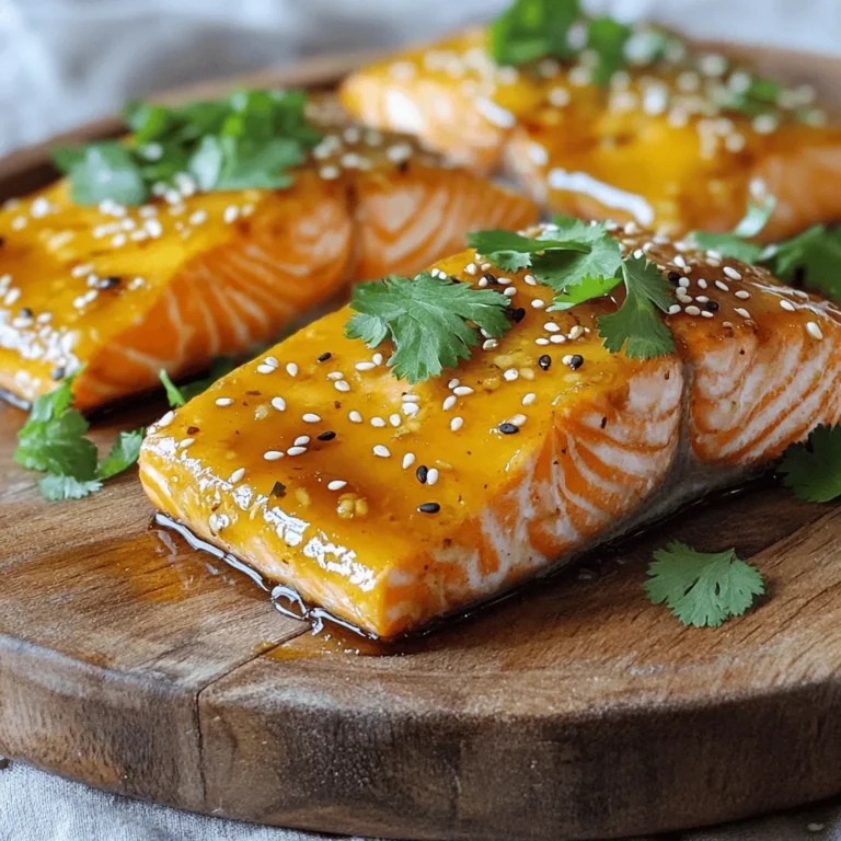 - 4 fresh salmon fillets (about 6 ounces each) - 1/4 cup pure honey - 3 tablespoons low-sodium soy sauce - 4 cloves garlic, finely minced - 1 tablespoon freshly grated ginger - 2 tablespoons extra-virgin olive oil - Sea salt and freshly cracked black pepper, to taste - 1 tablespoon toasted sesame seeds (for garnish) - Fresh cilantro leaves or sliced green onions (for garnish) Every ingredient helps build rich flavor. Salmon is the star here. It is high in protein, omega-3 fatty acids, and vitamins. Honey adds sweetness, while soy sauce brings saltiness. Garlic and ginger give a warm kick. Olive oil helps sear the salmon, making it crisp. - Calories per Serving: About 350 calories. - Protein, Carbohydrates, and Fat Content: Each serving has around 30g of protein, 20g of healthy fats, and 15g of carbs. - Health Benefits of Salmon: Salmon supports heart health, brain function, and may lower inflammation. Eating salmon regularly can boost your overall well-being. Using fresh ingredients ensures the best taste. This dish is not only quick but also packed with nutrients. You will enjoy the flavors while knowing you are eating healthy. For the complete preparation details, check the Full Recipe. - Combine honey, soy sauce, garlic, and ginger for the glaze. - Rinse and dry salmon, season with salt and pepper. Start by mixing the honey, soy sauce, minced garlic, and grated ginger in a bowl. This will be your glaze, and it adds a sweet and savory touch. Whisk it until it looks smooth. Next, rinse your salmon fillets under cold water. Dry them well with paper towels. This step is key to getting that nice sear. After drying, season each side of the fillets with sea salt and freshly cracked black pepper. - Searing the salmon in a skillet. - Glazing and flipping the salmon. Heat two tablespoons of olive oil in a large skillet over medium-high heat. Once the oil starts to shimmer, carefully place the salmon fillets in the skillet, skin-side down if they have skin. Sear for about four minutes. You want the skin crispy and golden. Then, gently flip the fillets using a spatula. Reduce the heat to medium. Brush the top of each fillet with the honey garlic glaze. Let them cook for another three to four minutes, basting with the glaze. You’ll know they are done when the salmon is opaque and flakes easily with a fork. - Ideal cooking time for perfect salmon. - Tips for checking salmon doneness. The total cooking time should be around eight to ten minutes. This gives you that perfect balance of moist and flaky salmon. To check if the salmon is done, gently press down on it with a fork. If it flakes easily and is no longer translucent, it’s ready. Remember, undercooking is better than overcooking for salmon. Serve the salmon with any remaining glaze drizzled on top for added flavor. You can find the full recipe in the earlier section. To get a thick and rich glaze, mix honey, soy sauce, garlic, and ginger well. Whisk until it is smooth and shiny. You want a balance of sweet and savory. If you want different sweetness, try maple syrup or agave nectar. Each will add a unique twist to the glaze. A perfect sear gives your salmon a nice crust. Heat your skillet until it’s hot before adding the fish. If you use a non-stick skillet, the salmon will slide out easily. A cast iron skillet can give a better sear but needs more oil. Place the salmon skin-side down for that crispy layer. Make your dish look as good as it tastes. Arrange garnishes like cilantro and sesame seeds artfully on top. Use a bright white plate to show off the salmon's color. A rustic wooden board can add charm too. Serve with colorful sides like steamed broccoli or bright rice for extra appeal. {{image_4}} You can make honey garlic glaze with chicken or shrimp. The glaze works well with these proteins. For chicken, use boneless, skinless thighs or breasts. Cook it the same way as salmon. For shrimp, marinate them in the glaze and cook for about 3-4 minutes until they turn pink. Both options add new flavors and keep the dish exciting. You can boost the glaze by adding spices or citrus zest. A pinch of crushed red pepper gives heat. Zest from a lemon or lime adds freshness. You can also infuse the glaze with herbs like rosemary or thyme. This adds depth and enhances the flavor profile. These small changes can make a big impact on your dish. You can choose to bake or grill the honey garlic salmon. Baking gives a gentle cook, while grilling adds a nice char. If you want a quicker method, consider using an Instant Pot or air fryer. Both options can give you tasty results while saving time. Cooking it differently can change the taste and texture, making it fun to experiment. To keep your honey garlic glazed salmon fresh, place it in the fridge. Use an airtight container to prevent odors from other foods. Make sure the salmon is cooled before sealing. You can store leftovers for up to three days. This keeps the salmon tasty and safe to eat. When you reheat the salmon, preserve its flavor and texture. The oven is best for reheating. Preheat it to 350°F (175°C). Place the salmon on a baking sheet. Cover it with foil to keep it moist. Heat for about 10-15 minutes. If you're in a hurry, use the microwave. Place the salmon on a microwave-safe plate. Heat it in short bursts, checking every 30 seconds. This way, it won’t dry out. You can freeze honey garlic salmon for later use. Wrap each fillet tightly in plastic wrap. Then place them in a freezer-safe bag. Make sure to remove as much air as possible. This helps avoid freezer burn. You can freeze the salmon for up to three months. When you’re ready to eat, thaw it in the fridge overnight. This keeps the texture nice and tender. Yes, you can prepare honey garlic glazed salmon ahead of time. Cook the salmon and let it cool. Store it in an airtight container in the fridge. It keeps well for up to three days. You can reheat it gently to maintain its taste and texture. If you want to save time, you can also make the glaze in advance. Store it in a jar in the fridge. Just remember to whisk it again before using. This way, meal prep becomes a breeze. Honey garlic glazed salmon pairs well with many sides. Here are a few ideas: - Steamed jasmine rice - Roasted vegetables like broccoli or carrots - Fresh salads with a light vinaigrette - Quinoa for a healthy twist - Mashed sweet potatoes for a sweet balance These sides will complement the salmon's rich flavor and create a balanced meal. Yes, honey garlic glazed salmon is a healthy choice. Salmon is rich in omega-3 fatty acids. These fats are great for heart health. The honey adds natural sweetness, while the garlic boosts flavor and provides antioxidants. This dish also includes fresh ginger, which may help with digestion. Overall, it’s a nutritious and balanced meal that you can feel good about. Yes, you can find the full recipe for Honey Garlic Glazed Salmon Delight by following the link. It includes all the details you need to make this tasty dish. Enjoy cooking! In this article, we explored the delightful recipe for honey garlic glazed salmon. You learned about the key ingredients, such as fresh salmon, honey, garlic, and soy sauce. I covered preparation, cooking methods, and helpful tips to ensure perfect results every time. Remember, you can also try variations, use different proteins, or change cooking methods. This dish is not only tasty but also nutritious. I encourage you to try it out and make it your own. Enjoy cooking and sharing this healthy meal with others.