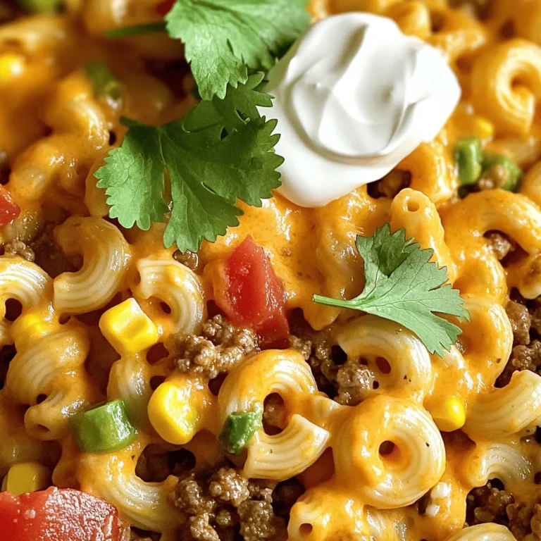 - 1 pound ground beef or turkey - 1 tablespoon olive oil - 1 medium onion, finely diced - 2 cloves garlic, minced - 1 packet taco seasoning (about 1 ounce) - 4 cups vegetable or beef broth - 12 ounces elbow macaroni - 1 can (15 oz) diced tomatoes with green chilies, undrained - 1 cup corn, drained - 2 cups shredded cheddar cheese - Salt and pepper to taste The key to this one-pot cheesy taco pasta lies in its bold flavors. First, I use ground beef or turkey as the base. This choice gives a rich taste and protein boost. Next, onion and garlic add a savory depth. I love how they make the kitchen smell amazing while cooking. Taco seasoning brings that classic Tex-Mex flavor. You can find it in most stores, or you can make your own mix at home. Vegetable or beef broth enhances the dish's richness. It serves as the cooking liquid for the pasta. Elbow macaroni is the perfect shape for this dish. It holds onto the sauce and cheese well. Diced tomatoes add acidity and texture, while corn gives a sweet crunch. Last but not least, cheddar cheese makes everything creamy and delicious. - Fresh cilantro for garnish - Sour cream for serving - Additional spices and toppings I often like to top my pasta with fresh cilantro. It adds a pop of color and flavor. Sour cream is another great option for a creamy finish. You can also customize the dish with your favorite spices or toppings. This way, each bowl can be unique! For the [Full Recipe], check the instructions that guide you through each step. To start, grab a large pot or Dutch oven. Heat 1 tablespoon of olive oil over medium heat. Once it's hot, add 1 medium onion, finely diced, and sauté it for about 3-4 minutes. You want it to be soft and a bit clear. Next, add 2 cloves of minced garlic and stir for about 30 seconds. It should smell great but not burn. Now, add 1 pound of ground beef or turkey. Use a wooden spoon to break it up into small bits. Cook this for 5-7 minutes until it turns brown. Make sure to drain any extra fat to keep it tasty. After cooking the meat, it’s time for the spices. Sprinkle 1 packet of taco seasoning over the meat. Stir well to coat it evenly. Then, carefully pour in 4 cups of vegetable broth or beef broth. Next, add a 15-ounce can of diced tomatoes with green chilies, juices included. Don't forget to add 1 cup of corn too! Turn up the heat until everything boils. Once it boils, add 12 ounces of elbow macaroni. Stir it in and lower the heat to medium-low. Cover the pot and let it simmer for 10-12 minutes. Stir it occasionally to prevent sticking. When the pasta is tender, take the pot off the heat. Stir in 2 cups of shredded cheddar cheese. Mix until it melts and everything is creamy. Taste it and add salt and pepper if needed. This is where the magic happens! For the final touch, serve it hot with fresh cilantro and sour cream on top. For the full recipe, check out the recipe section above. To avoid a greasy texture, drain the fat after cooking the meat. This step keeps your dish light and tasty. Use lean ground turkey instead of beef for an even healthier option. To ensure the pasta doesn’t stick, stir often while it simmers. This helps the noodles cook evenly. You can also add a little oil to the pot before adding the pasta. Garnish your dish with fresh cilantro for a burst of flavor. A dollop of sour cream adds creaminess and balances the spice. Pair your One-Pot Cheesy Taco Pasta with crunchy tortilla chips. They add a nice texture and make the meal more fun. For a fresh touch, serve alongside a simple salad. This balances the richness of the pasta. For the full recipe, check out the One-Pot Cheesy Taco Pasta instructions! {{image_4}} You can easily switch the protein in this dish. If you prefer chicken, use cooked, shredded chicken. This option keeps the meal light and healthy. For a plant-based choice, try using lentils or crumbled tofu. Both options add great texture and flavor. The type of pasta you use can change the dish. While elbow macaroni is classic, you can use penne or fusilli. If you want a gluten-free version, choose gluten-free pasta. Just make sure to cook it according to the package instructions. To boost the flavor, add extra veggies like bell peppers or zucchini. You can also throw in some black beans for added protein. If you like spice, add diced jalapeños or a dash of cayenne pepper. These tweaks make the dish fun and unique. For the full recipe, check the [Full Recipe]. To keep your leftovers fresh, place them in an airtight container. Make sure to cool the pasta to room temperature before sealing. This helps avoid condensation, which can make the pasta soggy. Store it in the fridge for up to three days. This way, you can enjoy the meal again without losing flavor. When you're ready to enjoy your leftovers, reheat them on the stove for the best texture. Add a splash of broth or water to the pot. This keeps the pasta from drying out. Heat it over medium-low heat, stirring often until warmed through. You can also use the microwave. Just cover it with a lid or microwave-safe wrap to keep moisture in. If you want to save some for later, freezing is a great option. Allow the dish to cool completely before portioning it into freezer-safe bags or containers. Remove as much air as possible to prevent freezer burn. You can freeze it for up to three months. When you're ready to eat, let it thaw in the fridge overnight before reheating. This keeps the flavors intact for your next meal. For the full recipe, check the One-Pot Cheesy Taco Pasta link! Yes, you can make this dish ahead of time. Cook the pasta and sauce as usual. Let it cool, then store it in an airtight container. It will stay fresh in the fridge for up to three days. When you're ready to eat, just reheat it on the stove or in the microwave. You may need to add a splash of broth to keep it creamy. To make it milder, use less taco seasoning or choose a mild blend. You can also add more cheese or sour cream to balance the heat. If you want it spicier, add chopped jalapeños or a dash of hot sauce. You can sprinkle some crushed red pepper on top for extra kick! Absolutely! You can try Monterey Jack for a creamy taste. Pepper Jack adds a nice spice. For a sharp flavor, go with extra sharp cheddar. You can even mix different cheeses for more depth. Just make sure to use cheese that melts well for a creamy texture. You have plenty of options! Ground turkey is a lean choice. For a vegetarian option, try black beans or lentils. Chopped mushrooms add a nice texture too. If you like, you can also use shredded chicken or plant-based meat for a tasty twist. This dish combines easy ingredients and simple steps. You start with ground meat, onion, and garlic. Next, add taco seasoning and broth. Don't forget the elbow macaroni and tomatoes for texture. You can tweak it with optional ingredients like cilantro or sour cream. Try different proteins and pasta shapes for variety. Store leftovers correctly, and enjoy them later. This recipe is perfect for meal prep. Use my tips to adjust spice levels and explore cheese options. With these insights, you can create a hearty meal everyone will love.