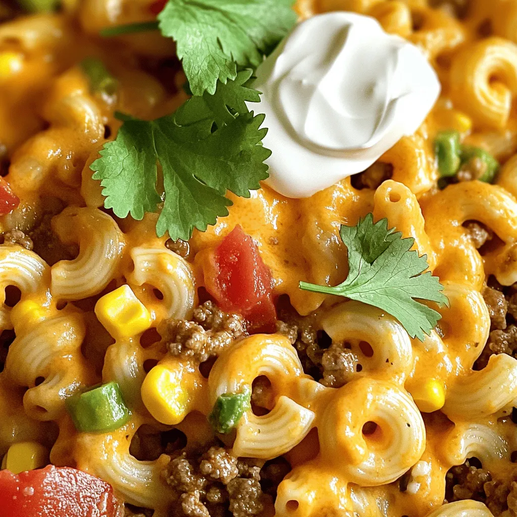 - 1 pound ground beef or turkey - 1 tablespoon olive oil - 1 medium onion, finely diced - 2 cloves garlic, minced - 1 packet taco seasoning (about 1 ounce) - 4 cups vegetable or beef broth - 12 ounces elbow macaroni - 1 can (15 oz) diced tomatoes with green chilies, undrained - 1 cup corn, drained - 2 cups shredded cheddar cheese - Salt and pepper to taste The key to this one-pot cheesy taco pasta lies in its bold flavors. First, I use ground beef or turkey as the base. This choice gives a rich taste and protein boost. Next, onion and garlic add a savory depth. I love how they make the kitchen smell amazing while cooking. Taco seasoning brings that classic Tex-Mex flavor. You can find it in most stores, or you can make your own mix at home. Vegetable or beef broth enhances the dish's richness. It serves as the cooking liquid for the pasta. Elbow macaroni is the perfect shape for this dish. It holds onto the sauce and cheese well. Diced tomatoes add acidity and texture, while corn gives a sweet crunch. Last but not least, cheddar cheese makes everything creamy and delicious. - Fresh cilantro for garnish - Sour cream for serving - Additional spices and toppings I often like to top my pasta with fresh cilantro. It adds a pop of color and flavor. Sour cream is another great option for a creamy finish. You can also customize the dish with your favorite spices or toppings. This way, each bowl can be unique! For the [Full Recipe], check the instructions that guide you through each step. To start, grab a large pot or Dutch oven. Heat 1 tablespoon of olive oil over medium heat. Once it's hot, add 1 medium onion, finely diced, and sauté it for about 3-4 minutes. You want it to be soft and a bit clear. Next, add 2 cloves of minced garlic and stir for about 30 seconds. It should smell great but not burn. Now, add 1 pound of ground beef or turkey. Use a wooden spoon to break it up into small bits. Cook this for 5-7 minutes until it turns brown. Make sure to drain any extra fat to keep it tasty. After cooking the meat, it’s time for the spices. Sprinkle 1 packet of taco seasoning over the meat. Stir well to coat it evenly. Then, carefully pour in 4 cups of vegetable broth or beef broth. Next, add a 15-ounce can of diced tomatoes with green chilies, juices included. Don't forget to add 1 cup of corn too! Turn up the heat until everything boils. Once it boils, add 12 ounces of elbow macaroni. Stir it in and lower the heat to medium-low. Cover the pot and let it simmer for 10-12 minutes. Stir it occasionally to prevent sticking. When the pasta is tender, take the pot off the heat. Stir in 2 cups of shredded cheddar cheese. Mix until it melts and everything is creamy. Taste it and add salt and pepper if needed. This is where the magic happens! For the final touch, serve it hot with fresh cilantro and sour cream on top. For the full recipe, check out the recipe section above. To avoid a greasy texture, drain the fat after cooking the meat. This step keeps your dish light and tasty. Use lean ground turkey instead of beef for an even healthier option. To ensure the pasta doesn’t stick, stir often while it simmers. This helps the noodles cook evenly. You can also add a little oil to the pot before adding the pasta. Garnish your dish with fresh cilantro for a burst of flavor. A dollop of sour cream adds creaminess and balances the spice. Pair your One-Pot Cheesy Taco Pasta with crunchy tortilla chips. They add a nice texture and make the meal more fun. For a fresh touch, serve alongside a simple salad. This balances the richness of the pasta. For the full recipe, check out the One-Pot Cheesy Taco Pasta instructions! {{image_4}} You can easily switch the protein in this dish. If you prefer chicken, use cooked, shredded chicken. This option keeps the meal light and healthy. For a plant-based choice, try using lentils or crumbled tofu. Both options add great texture and flavor. The type of pasta you use can change the dish. While elbow macaroni is classic, you can use penne or fusilli. If you want a gluten-free version, choose gluten-free pasta. Just make sure to cook it according to the package instructions. To boost the flavor, add extra veggies like bell peppers or zucchini. You can also throw in some black beans for added protein. If you like spice, add diced jalapeños or a dash of cayenne pepper. These tweaks make the dish fun and unique. For the full recipe, check the [Full Recipe]. To keep your leftovers fresh, place them in an airtight container. Make sure to cool the pasta to room temperature before sealing. This helps avoid condensation, which can make the pasta soggy. Store it in the fridge for up to three days. This way, you can enjoy the meal again without losing flavor. When you're ready to enjoy your leftovers, reheat them on the stove for the best texture. Add a splash of broth or water to the pot. This keeps the pasta from drying out. Heat it over medium-low heat, stirring often until warmed through. You can also use the microwave. Just cover it with a lid or microwave-safe wrap to keep moisture in. If you want to save some for later, freezing is a great option. Allow the dish to cool completely before portioning it into freezer-safe bags or containers. Remove as much air as possible to prevent freezer burn. You can freeze it for up to three months. When you're ready to eat, let it thaw in the fridge overnight before reheating. This keeps the flavors intact for your next meal. For the full recipe, check the One-Pot Cheesy Taco Pasta link! Yes, you can make this dish ahead of time. Cook the pasta and sauce as usual. Let it cool, then store it in an airtight container. It will stay fresh in the fridge for up to three days. When you're ready to eat, just reheat it on the stove or in the microwave. You may need to add a splash of broth to keep it creamy. To make it milder, use less taco seasoning or choose a mild blend. You can also add more cheese or sour cream to balance the heat. If you want it spicier, add chopped jalapeños or a dash of hot sauce. You can sprinkle some crushed red pepper on top for extra kick! Absolutely! You can try Monterey Jack for a creamy taste. Pepper Jack adds a nice spice. For a sharp flavor, go with extra sharp cheddar. You can even mix different cheeses for more depth. Just make sure to use cheese that melts well for a creamy texture. You have plenty of options! Ground turkey is a lean choice. For a vegetarian option, try black beans or lentils. Chopped mushrooms add a nice texture too. If you like, you can also use shredded chicken or plant-based meat for a tasty twist. This dish combines easy ingredients and simple steps. You start with ground meat, onion, and garlic. Next, add taco seasoning and broth. Don't forget the elbow macaroni and tomatoes for texture. You can tweak it with optional ingredients like cilantro or sour cream. Try different proteins and pasta shapes for variety. Store leftovers correctly, and enjoy them later. This recipe is perfect for meal prep. Use my tips to adjust spice levels and explore cheese options. With these insights, you can create a hearty meal everyone will love.