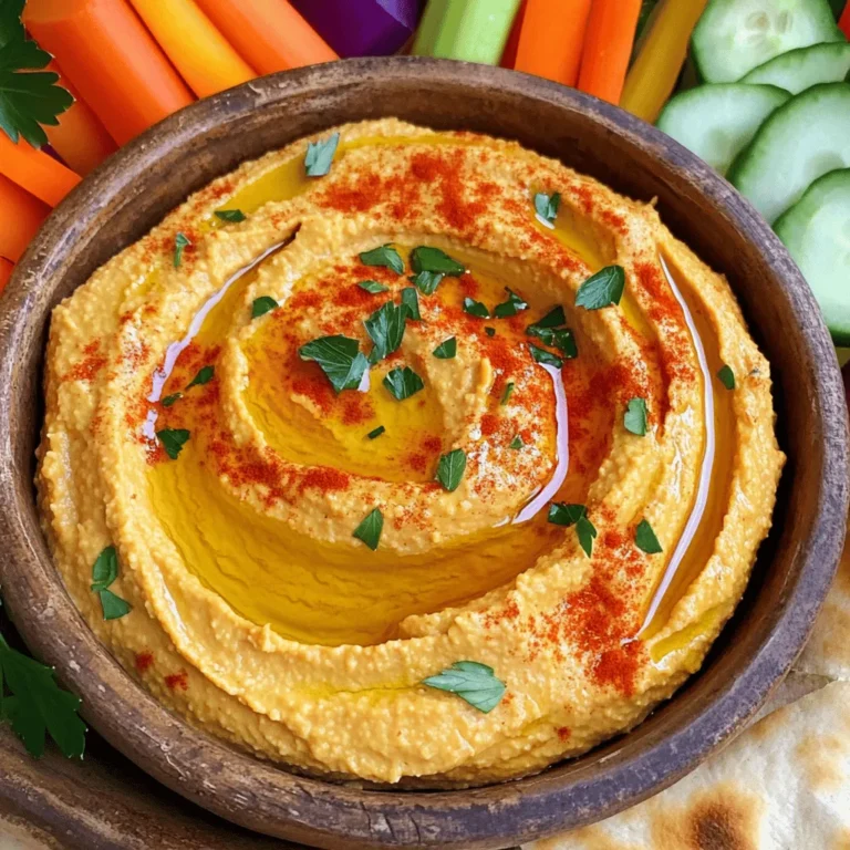 - 1 can (15 oz) chickpeas, rinsed and thoroughly drained - 1 large red bell pepper, fire-roasted and peeled - 2 tablespoons tahini (sesame seed paste) - 2 tablespoons high-quality olive oil - Paprika - Fresh parsley - Additional spices - Calories per serving: About 100 calories - Key nutrients and health benefits: Chickpeas provide protein and fiber. Roasted red peppers are rich in vitamins A and C. Tahini offers healthy fats and minerals. Olive oil is a heart-healthy fat. To start, choose how you want to roast your red pepper. You can roast it in the oven or over an open flame. If you use the oven, preheat it to 450°F (230°C). Place the pepper on a baking sheet, and roast it for about 20-25 minutes. Look for the skin to get charred and blistered. If you prefer an open flame, hold the pepper with tongs and roast it directly over the flame. Keep turning it until the skin is blackened all over. After roasting, let the pepper cool for a bit. This step makes peeling easier. Once it’s cool enough to handle, peel off the blackened skin. Then, cut it open and remove the seeds. If you want, you can also use jarred roasted red peppers, just make sure they are well-drained. Now, it’s time to blend. Start by adding the drained chickpeas into your food processor. Next, add the roasted red pepper, tahini, olive oil, minced garlic, lemon juice, ground cumin, and salt. It’s best to add the chickpeas first. This order helps everything blend evenly. To achieve a smooth texture, pulse the mixture until it is creamy. You may need to scrape down the sides of the bowl a few times. If the hummus is too thick, add water one tablespoon at a time. Blend after each addition until you reach your desired fluffiness. Once blended, take a moment to taste your hummus. This step is key! You may want to add more salt or a splash of lemon juice for brightness. Make sure the flavors are just right for you. If the hummus is too thick, add a bit more water. Blend again until the consistency is perfect. A smooth, creamy hummus should be your goal. Now, you’re ready to serve this delicious dip! For a nice touch, drizzle a little olive oil on top and sprinkle paprika and fresh parsley for garnish. Enjoy your homemade roasted red pepper hummus! For the full recipe, check out the details above. To make your hummus pop, try adding spices. Smoked paprika gives a nice kick. You can also add cayenne pepper for extra heat. Adjust the garlic too. Less garlic makes it milder, while more garlic amps up the flavor. For lemon, a little more brings a bright zing. A food processor works best for smooth hummus. If you don't have one, a high-speed blender can do the job. You can even use an immersion blender for smaller batches. For a manual method, mash the chickpeas well and mix by hand. It takes more effort but can be fun! Serve your hummus with warm pita bread. Fresh veggies like carrots, cucumbers, and bell peppers make great dippers. For a fun touch, make a colorful platter. Garnish with a drizzle of olive oil and a sprinkle of paprika. Add chopped parsley for a fresh look. This makes your dish eye-catching for parties! {{image_4}} You can create fun flavors with roasted red pepper hummus! One exciting option is spicy roasted red pepper hummus. Just add a teaspoon of cayenne pepper or chili flakes to the mix. This gives it a nice kick. If you prefer herbs, you can make an herb-infused version. Try adding fresh basil or cilantro for a bright taste. This hummus is naturally vegan and gluten-free. You can enjoy it without worry if you follow these diets. It’s a perfect snack for everyone. If you want to make it even healthier, you can reduce the olive oil to cut back on fat. Sometimes, you may not have all the ingredients. No worries! You can swap tahini with sunflower seed butter or even peanut butter. For olive oil, you can use avocado oil or even water for a lighter version. These swaps keep the taste delicious while fitting your needs. For the full recipe, please check the Full Recipe section! For short-term storage, you should refrigerate your hummus. Keep it in a clean, airtight container. Glass jars or plastic food storage containers work best. This keeps the hummus fresh and tasty. Make sure the lid is tight to avoid air exposure. If you want to save hummus for later, freezing is a great option. First, scoop the hummus into a freezer-safe container. Leave some space at the top for expansion. You can also use freezer bags, but remove as much air as possible. When you're ready to enjoy it, thaw the hummus in the fridge overnight. This helps keep the flavor and texture intact. Homemade roasted red pepper hummus will last about 4 to 7 days in the fridge. Always check for any off smells or changes in texture before eating. Keeping your hummus sealed well helps it stay fresh longer. Enjoy your delicious creation! Homemade roasted red pepper hummus lasts about five to seven days in the fridge. Store it in a tight container to keep it fresh. Always check for any signs of spoilage, like off smells or color changes. If you want to enjoy it longer, you can freeze it. Just be sure to use a freezer-safe container. It will stay good for up to three months in the freezer. Yes, you can use store-bought roasted red peppers. They save time and effort. However, the flavor may not match fresh ones. Store-bought options can be a bit salty, so taste your hummus after blending. You might want to adjust the salt in your recipe. Always choose high-quality jarred peppers to get the best taste. Roasted red pepper hummus pairs well with many foods. Here are some great options: - Warm pita bread - Fresh vegetable sticks, like carrots and cucumbers - Crackers or chips - Grilled meats or fish - A side salad You can create a colorful platter for guests. It makes a tasty appetizer or a fun snack. For the full recipe, check the top of the article. In this post, I covered how to make roasted red pepper hummus. We explored essential ingredients, optional garnishes, and nutritional details. I shared step-by-step instructions to help you prepare, blend, and serve the hummus. With tips for flavor enhancement and storage guides, you now have all you need. Homemade hummus is not only easy but also delicious and healthy. Enjoy experimenting with different flavors and variations. Your taste buds and guests will thank you!