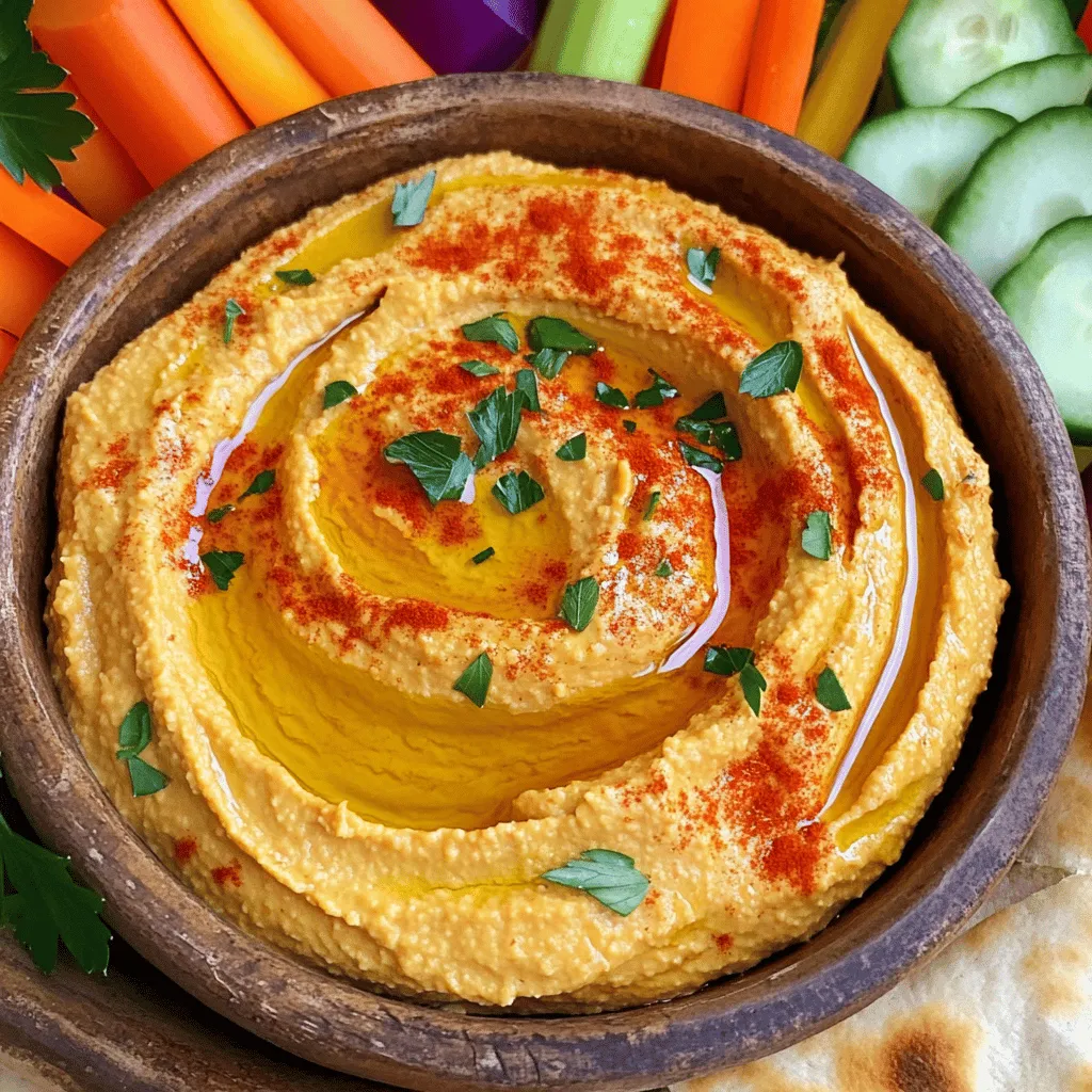 - 1 can (15 oz) chickpeas, rinsed and thoroughly drained - 1 large red bell pepper, fire-roasted and peeled - 2 tablespoons tahini (sesame seed paste) - 2 tablespoons high-quality olive oil - Paprika - Fresh parsley - Additional spices - Calories per serving: About 100 calories - Key nutrients and health benefits: Chickpeas provide protein and fiber. Roasted red peppers are rich in vitamins A and C. Tahini offers healthy fats and minerals. Olive oil is a heart-healthy fat. To start, choose how you want to roast your red pepper. You can roast it in the oven or over an open flame. If you use the oven, preheat it to 450°F (230°C). Place the pepper on a baking sheet, and roast it for about 20-25 minutes. Look for the skin to get charred and blistered. If you prefer an open flame, hold the pepper with tongs and roast it directly over the flame. Keep turning it until the skin is blackened all over. After roasting, let the pepper cool for a bit. This step makes peeling easier. Once it’s cool enough to handle, peel off the blackened skin. Then, cut it open and remove the seeds. If you want, you can also use jarred roasted red peppers, just make sure they are well-drained. Now, it’s time to blend. Start by adding the drained chickpeas into your food processor. Next, add the roasted red pepper, tahini, olive oil, minced garlic, lemon juice, ground cumin, and salt. It’s best to add the chickpeas first. This order helps everything blend evenly. To achieve a smooth texture, pulse the mixture until it is creamy. You may need to scrape down the sides of the bowl a few times. If the hummus is too thick, add water one tablespoon at a time. Blend after each addition until you reach your desired fluffiness. Once blended, take a moment to taste your hummus. This step is key! You may want to add more salt or a splash of lemon juice for brightness. Make sure the flavors are just right for you. If the hummus is too thick, add a bit more water. Blend again until the consistency is perfect. A smooth, creamy hummus should be your goal. Now, you’re ready to serve this delicious dip! For a nice touch, drizzle a little olive oil on top and sprinkle paprika and fresh parsley for garnish. Enjoy your homemade roasted red pepper hummus! For the full recipe, check out the details above. To make your hummus pop, try adding spices. Smoked paprika gives a nice kick. You can also add cayenne pepper for extra heat. Adjust the garlic too. Less garlic makes it milder, while more garlic amps up the flavor. For lemon, a little more brings a bright zing. A food processor works best for smooth hummus. If you don't have one, a high-speed blender can do the job. You can even use an immersion blender for smaller batches. For a manual method, mash the chickpeas well and mix by hand. It takes more effort but can be fun! Serve your hummus with warm pita bread. Fresh veggies like carrots, cucumbers, and bell peppers make great dippers. For a fun touch, make a colorful platter. Garnish with a drizzle of olive oil and a sprinkle of paprika. Add chopped parsley for a fresh look. This makes your dish eye-catching for parties! {{image_4}} You can create fun flavors with roasted red pepper hummus! One exciting option is spicy roasted red pepper hummus. Just add a teaspoon of cayenne pepper or chili flakes to the mix. This gives it a nice kick. If you prefer herbs, you can make an herb-infused version. Try adding fresh basil or cilantro for a bright taste. This hummus is naturally vegan and gluten-free. You can enjoy it without worry if you follow these diets. It’s a perfect snack for everyone. If you want to make it even healthier, you can reduce the olive oil to cut back on fat. Sometimes, you may not have all the ingredients. No worries! You can swap tahini with sunflower seed butter or even peanut butter. For olive oil, you can use avocado oil or even water for a lighter version. These swaps keep the taste delicious while fitting your needs. For the full recipe, please check the Full Recipe section! For short-term storage, you should refrigerate your hummus. Keep it in a clean, airtight container. Glass jars or plastic food storage containers work best. This keeps the hummus fresh and tasty. Make sure the lid is tight to avoid air exposure. If you want to save hummus for later, freezing is a great option. First, scoop the hummus into a freezer-safe container. Leave some space at the top for expansion. You can also use freezer bags, but remove as much air as possible. When you're ready to enjoy it, thaw the hummus in the fridge overnight. This helps keep the flavor and texture intact. Homemade roasted red pepper hummus will last about 4 to 7 days in the fridge. Always check for any off smells or changes in texture before eating. Keeping your hummus sealed well helps it stay fresh longer. Enjoy your delicious creation! Homemade roasted red pepper hummus lasts about five to seven days in the fridge. Store it in a tight container to keep it fresh. Always check for any signs of spoilage, like off smells or color changes. If you want to enjoy it longer, you can freeze it. Just be sure to use a freezer-safe container. It will stay good for up to three months in the freezer. Yes, you can use store-bought roasted red peppers. They save time and effort. However, the flavor may not match fresh ones. Store-bought options can be a bit salty, so taste your hummus after blending. You might want to adjust the salt in your recipe. Always choose high-quality jarred peppers to get the best taste. Roasted red pepper hummus pairs well with many foods. Here are some great options: - Warm pita bread - Fresh vegetable sticks, like carrots and cucumbers - Crackers or chips - Grilled meats or fish - A side salad You can create a colorful platter for guests. It makes a tasty appetizer or a fun snack. For the full recipe, check the top of the article. In this post, I covered how to make roasted red pepper hummus. We explored essential ingredients, optional garnishes, and nutritional details. I shared step-by-step instructions to help you prepare, blend, and serve the hummus. With tips for flavor enhancement and storage guides, you now have all you need. Homemade hummus is not only easy but also delicious and healthy. Enjoy experimenting with different flavors and variations. Your taste buds and guests will thank you!