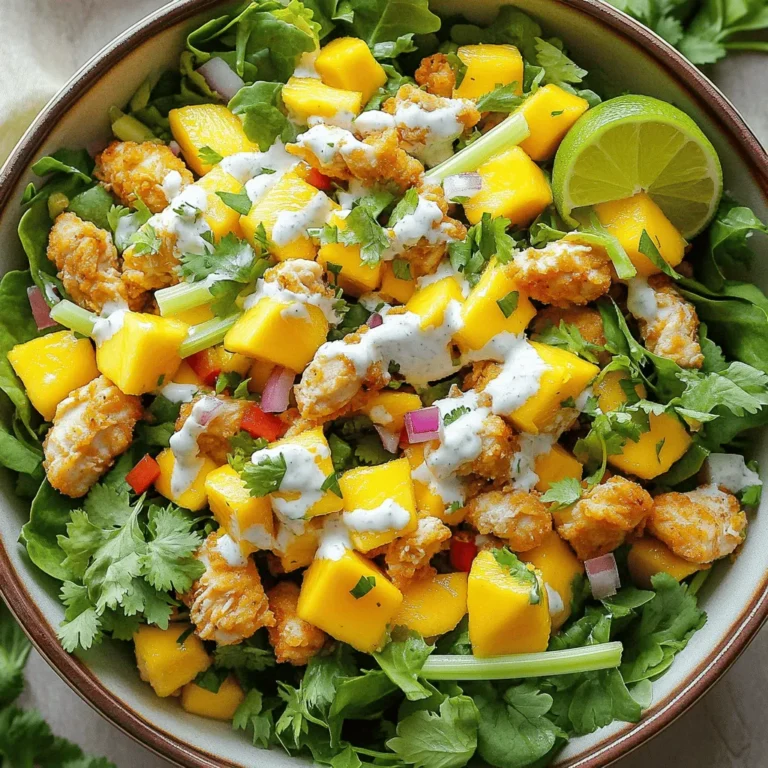 - Chicken - Mango - Celery - Red bell pepper - Red onion - Cilantro To make a tasty chicken salad, fresh ingredients are key. The chicken should be cooked and diced into small pieces. A ripe mango adds sweetness and pairs well with the chicken. Dice some celery for a nice crunch. A chopped red bell pepper gives a pop of color and sweetness. Add a bit of red onion for a touch of bite. Finally, sprinkle in fresh cilantro for a burst of flavor. - Greek yogurt - Honey - Lime juice - Salt - Black pepper For the dressing, you need a few pantry staples. Greek yogurt creates a creamy base. Honey adds a hint of natural sweetness. Fresh lime juice brightens the mix. Don’t forget salt and black pepper; they help enhance all the flavors. - Mixed greens - Sesame seeds - Slivered almonds When serving, you can add some optional toppings for extra flair. Mixed greens make a fresh bed for the salad. A sprinkle of sesame seeds adds crunch and a nutty flavor. Slivered almonds can also give a delightful crunch and a touch of richness. For the full recipe, you can find all the steps to create this delicious chicken salad. To make the dressing, grab a medium bowl. Add the creamy Greek yogurt, honey, and freshly squeezed lime juice. Sprinkle in a pinch of salt and black pepper. Now, whisk the mixture well. You want it to be smooth and creamy. This dressing adds richness and a sweet, tangy flavor to your salad. In a large mixing bowl, add the diced chicken and diced mango. Next, toss in the finely chopped celery, red bell pepper, and red onion. Don’t forget the fresh cilantro! Stir gently to mix everything evenly. This ensures every bite has a bit of each flavor. Pour the yogurt dressing over the chicken mixture. Using a spatula, gently fold the dressing into the salad. Make sure all the ingredients are coated well. This step blends the flavors together, making your salad taste amazing. For the full recipe, check out the details to make this dish shine! To make your chicken salad shine, taste is key. Start with salt and pepper. These two simple ingredients can really change the dish. Add a little salt, then mix. Taste it. If it needs more, add a pinch more. The same goes for pepper. You want a nice balance. Too much salt can ruin it, so go slow. Chilling the salad is not just for fun. It helps the flavors blend well. When you let it sit, the tastes mingle. This makes each bite better. I suggest you chill it for at least 30 minutes. Cover it tightly in the fridge, and it’ll be ready to wow your taste buds. Serving is all about the looks. A great salad needs a nice bowl. Use a large, shallow bowl for a beautiful spread. Garnish with extra cilantro. Lime wedges add a pop of color. You can also sprinkle sesame seeds or sliced almonds on top. This gives it a nice crunch and makes it eye-catching. {{image_4}} You can mix things up with different proteins. Turkey is a great choice if you want something leaner. It has a mild taste and pairs well with the other flavors in the salad. If you prefer plant-based options, tofu is your best bet. It soaks up flavors nicely, making it a tasty alternative. Just make sure to press out excess moisture before adding it to your salad. Adding fruits can boost flavor and nutrition. Avocado is creamy and rich, giving the salad a nice texture. You can also try adding diced apple for a sweet crunch. Apples add a fresh bite that contrasts well with the other ingredients. Feel free to get creative with seasonal fruits that you love! The dressing can change your salad's whole vibe. You can use a store-bought option for ease. Many brands offer tasty Greek yogurt dressings. If you want to make your own, try a simple lemon vinaigrette. Just mix lemon juice, olive oil, salt, and pepper. This bright dressing can really elevate your chicken salad. To keep chicken salad fresh, store it in an airtight container. This helps keep moisture in and prevents odors from other foods. Place the salad in the back of the fridge. The back is usually the coldest spot. Always use a clean spoon to serve; this helps avoid cross-contamination. If you notice any browning from the ingredients, stir gently to mix everything well again. Can you freeze chicken salad? It is best not to freeze chicken salad. The texture changes when thawed. Vegetables may become mushy, and yogurt may separate. If you want to save leftovers, just refrigerate them. This keeps the salad fresh and tasty for a few days. How long does chicken salad last in the fridge? Chicken salad typically lasts 3 to 4 days. After that, the risk of spoilage increases. Always check for any off smells or changes in color before eating. If in doubt, it’s safer to throw it out. Remember, freshness is key to enjoying your meal! You can use several tasty alternatives to Greek yogurt. Here are some options: - Regular yogurt: It has a similar taste but is less thick. - Sour cream: This adds a tangy flavor and creamy texture. - Mayo: It will make your salad creamier, but it adds more calories. - Hummus: This option is great for a dairy-free salad. - Silken tofu: Blend it for a creamy, vegan choice. These swaps can change the flavor, so pick one that fits your taste! Yes, you can make this chicken salad ahead of time. Here are some tips: - Mix the salad and dressing separately to keep it fresh. - Store the salad in an airtight container in the fridge. - It stays good for up to three days. - Add greens just before serving to keep them crisp and green. Making it ahead saves you time for busy days! You can add grains or legumes to make your salad heartier. Here are some ideas: - Cooked quinoa: It adds protein and fiber. - Brown rice: This gives a nice chew and extra nutrition. - Chickpeas: They add protein and a pleasant texture. - Lentils: These are great for extra fiber and protein. Adding these will give your salad more substance and keep you full longer! This article covered all you need for a tasty chicken salad. You learned about fresh ingredients, pantry staples, and optional toppings. I shared step-by-step instructions to ensure a creamy dressing and well-mixed salad. Key tips helped you balance flavors and present your dish beautifully. You discovered variations, such as different proteins and fruits, for added excitement. Lastly, I explained storage practices to keep your salad fresh. Enjoy making your salad and get creative with it!