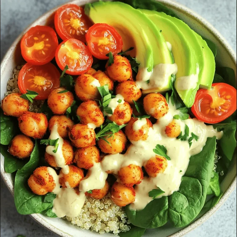 - 1 can (15 oz) chickpeas - 2 tablespoons extra-virgin olive oil - 2 cups cooked quinoa - 1 cup fresh baby spinach - 1/2 cup cherry tomatoes - 1/2 ripe avocado - Fresh parsley - 1 teaspoon smoked paprika - 1 teaspoon garlic powder - 1/2 teaspoon ground cumin - Sea salt and freshly ground black pepper - 1/4 cup tahini - Juice of 1 medium lemon - 2 tablespoons water In this Crispy Chickpea Power Bowl, each ingredient plays a key role. The chickpeas provide protein and fiber. They become crispy and flavorful in the oven. Olive oil helps them roast perfectly. Quinoa offers a hearty base that fills you up. Fresh baby spinach adds a vibrant crunch. Cherry tomatoes bring sweetness and color to the bowl. Sliced avocado adds creaminess and healthy fats. Parsley brightens the dish with its fresh taste. For seasonings, smoked paprika gives warmth. Garlic powder adds savory depth. Ground cumin brings an earthy note. Sea salt and black pepper enhance all the flavors. The tahini dressing ties everything together. It is creamy, zesty, and rich. Lemon juice adds brightness and balances the tahini. Adjust the dressing's thickness with water to your liking. These ingredients make the bowl not only tasty but also healthy. You can find the full recipe above to make this colorful and nourishing dish at home. - Preheat oven to 400°F (200°C). - Drain and rinse chickpeas. First, I get my oven hot. Preheating it helps the chickpeas get nice and crispy. Next, I open a can of chickpeas. I drain them well and rinse them under cold water. This step removes the can's salty liquid and keeps the flavor fresh. - Toss chickpeas with olive oil and spices. - Roast for 25-30 minutes, shaking halfway. I place the chickpeas on a baking sheet in a single layer. Then, I drizzle olive oil over them. I sprinkle on smoked paprika, garlic powder, cumin, sea salt, and black pepper. I use my hands to toss everything until the chickpeas are well-coated. Then, I put the baking sheet in the oven. I roast them for 25 to 30 minutes. Halfway through, I shake the pan to help them roast evenly. - Combine tahini, lemon juice, and salt. - Adjust consistency with water. While the chickpeas roast, I prepare the tahini dressing. In a bowl, I mix tahini, lemon juice, and a pinch of salt. Then, I whisk these together. If the dressing is too thick, I add water, one tablespoon at a time. I keep mixing until I get a smooth consistency. - Start with quinoa base. - Layer spinach, chickpeas, tomatoes, and avocado. To build my power bowl, I start with cooked quinoa. I scoop a generous layer into a bowl. Next, I add fresh baby spinach. On top, I pile the crispy chickpeas, halved cherry tomatoes, and elegant slices of avocado. Finally, I drizzle the tahini dressing over the top. The colors and textures make it look amazing. For a final touch, I sprinkle fresh parsley on top. Enjoy your nutritious meal! For the full recipe, check out [Full Recipe]. - Ensure chickpeas are thoroughly dried. This step makes them crispy. - Avoid overcrowding on the baking sheet. Give them space to roast evenly. - Adjust with additional water or tahini as needed. Aim for a smooth texture. - Experiment with flavors by adding herbs or spices. Try garlic, dill, or cumin. - Present in deep dish bowls for aesthetics. This makes the meal look appealing. - Add lemon wedges for extra freshness. A squeeze of lemon brightens every bite. For more details on making this dish, refer to the Full Recipe. {{image_4}} You can easily swap chickpeas for black beans or lentils. These options offer great flavor and nutrients. If you want more protein, try adding grilled chicken or tofu. Both options boost protein while keeping the dish balanced. Get creative with your toppings! Nuts or seeds can add a nice crunch. Think about incorporating roasted vegetables for extra flavor. Roasted bell peppers or zucchini can brighten your bowl. They also add great texture and color. To kick up the flavor, use different spices. Try cayenne for some heat if you like it spicy. You can also add feta or goat cheese for a creamy touch. These small changes can transform your power bowl into a new meal experience. For the full recipe, check out the details above. To keep your crispy chickpea power bowl fresh, let it cool first. Once cool, transfer it to an airtight container. If you want the best taste, store the bowl without dressing. This way, the flavors stay bright and the chickpeas remain crispy. For reheating, you can use a microwave or an oven. If you use the oven, set it to 350°F (175°C) and reheat for about 10 minutes. To get your chickpeas crispy again, pop them in the oven. This will bring back their delightful crunch. The bowl tastes best when eaten within three days of making it. Store it in the fridge for the best results. If you want the chickpeas to last longer, keep them separate from the other ingredients. This keeps them fresh and tasty for a few extra days. A power bowl is a nutritious meal that features diverse ingredients. It usually includes grains, vegetables, and proteins. You can mix and match your favorite items to create a unique bowl. The balance of these foods makes it a well-rounded meal. This recipe is already vegan-friendly. Just make sure your toppings are also vegan. You could use nuts, seeds, or extra veggies for added flavor and texture. Yes, you can prepare components ahead of time. Cook the chickpeas and quinoa, then store them separately. Assemble just before serving for the best texture. This keeps everything fresh and crispy. If you want a different base, you have options! You can use brown rice, couscous, or farro. Each choice brings its own flavor and texture. Feel free to experiment and find what you like best. In this blog post, I outlined how to create a Crispy Chickpea Power Bowl. You learned about the main ingredients, fresh components, seasonings, and helpful tips for best results. As you try this recipe, don't hesitate to get creative. Swap ingredients, mix flavors, or add new toppings to make it your own. Enjoy the process and power of healthy eating. You have everything you need to make this dish tasty and fun!