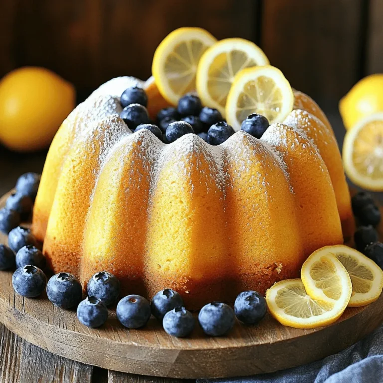 Here’s what you need to make Lemon Blueberry Pound Cake: - 1 cup unsalted butter, softened - 2 cups granulated sugar - 4 large eggs - 3 cups all-purpose flour - 1 teaspoon baking powder - 1/2 teaspoon baking soda - 1/2 teaspoon fine sea salt - 1 cup sour cream - Zest of 2 medium lemons - 1/4 cup freshly squeezed lemon juice - 1 1/2 cups fresh blueberries - Optional: Powdered sugar for dusting This list gives you all the flavors and textures you need. The butter adds richness, while the sugar sweetens the cake. Eggs provide structure and moisture. Flour makes it fluffy, and baking powder helps it rise. The sour cream adds tang, and lemon zest and juice brighten every bite. Fresh blueberries bring bursts of flavor. If you want a sweet finish, sprinkle some powdered sugar on top. This cake is simple yet full of joy. Gather these ingredients, and you’re ready to create something delightful. For the full recipe, check out the details in the other sections. - Preheat your oven to 350°F (175°C). - Grease and flour a 10-inch bundt pan or a standard loaf pan. To start, the oven needs to be hot. This step helps the cake rise well. Next, greasing and flouring the pan keeps your cake from sticking. It makes for a clean release when the cake is ready. - In a large bowl, cream the softened butter with the granulated sugar. - Add four large eggs, one at a time, mixing well after each. - Include the lemon zest and juice. Now, combine the butter and sugar with an electric mixer. Beat until it's light and fluffy, about 3 to 5 minutes. Then, add each egg. Mix well so the eggs blend in. The lemon zest and juice add a fresh taste that makes this cake special. - In another bowl, whisk together the flour, baking powder, baking soda, and salt. This step is key. Mixing the dry ingredients helps them combine evenly. It ensures your cake has the right texture. - Gradually add the dry mix to the wet mixture, alternating with the sour cream. - Gently fold in the blueberries. Now, alternate adding the dry mix and sour cream to the butter mix. Start with the flour, then sour cream. Repeat this until you use all the flour. Be careful to mix lightly. Over-mixing can make the cake tough. When you're done, add the blueberries. This adds sweetness and a burst of flavor. - Pour the batter into the prepared pan. Smooth the top with a spatula. - Bake in the oven for 60 to 70 minutes. Finally, pour the batter into the pan. Make sure it's even on top. Bake until a toothpick comes out clean. This shows that the cake is fully baked. After baking, let the cake cool in the pan for about 15 minutes. Then, turn it out onto a wire rack to cool completely. If you want to add a sweet touch, dust with powdered sugar before serving. This recipe will guide you through the process of making Lemon Blueberry Pound Cake, ensuring a delightful treat for all. To get a great cake texture, avoid over-mixing. When you mix the batter, stop as soon as you see no dry flour. Over-mixing makes the cake tough. Use room temperature ingredients for the best results. Cold butter or eggs can lead to uneven mixing. I always take them out ahead of time. To prevent blueberries from sinking, dust them with flour before adding them to the batter. This simple trick helps them stay afloat while baking. When choosing blueberries, opt for fresh ones. Look for firm berries with a deep blue color. Avoid any that are soft or squished. For a lovely presentation, slice the cake and arrange the pieces on a pretty platter. Garnish with fresh blueberries and thin lemon slices. This makes the cake look inviting and fresh. If you have leftovers, store the cake in an airtight container. It keeps well at room temperature for a few days. For longer storage, wrap it and place it in the fridge. {{image_4}} You can change the flavor of your lemon blueberry pound cake in fun ways. Adding poppy seeds gives a nice crunch. Just toss in about two tablespoons before baking. If you want a different taste, swap blueberries for other berries. Raspberries or strawberries work well too. Each berry brings its unique flavor to the cake. You can make this cake fit different diets. For a gluten-free option, use a 1-to-1 gluten-free flour blend. It will keep the texture light. If you need a dairy-free cake, replace sour cream with almond or coconut yogurt. Both options keep the cake moist and tasty. Get creative when serving your pound cake. Pair it with a berry sauce for extra flavor. A drizzle of lemon glaze adds a sweet touch. You can also transform this cake into cupcakes! Just pour the batter into cupcake liners. Bake for about 20-25 minutes. Enjoy these fun variations and make this recipe your own. For the full recipe, click here [Full Recipe]. To keep your Lemon Blueberry Pound Cake fresh, store it in an airtight container. You can store it at room temperature for up to three days. Place it in a cool, dry spot away from sunlight. For longer freshness, refrigerate it. Wrap the cake in plastic wrap or foil before placing it in the fridge. This helps keep moisture in and prevents it from drying out. You can freeze slices of your Lemon Blueberry Pound Cake for later enjoyment. First, let the cake cool completely. Then, slice the cake and wrap each piece in plastic wrap. Place the wrapped slices in a freezer bag. This method keeps them fresh for up to three months. When you're ready to eat, take out a slice and let it thaw at room temperature. For a warm treat, you can reheat it in the microwave for about 15 seconds. Your Lemon Blueberry Pound Cake can last about three days at room temperature. If refrigerated, it can stay fresh for up to a week. Signs of spoilage include a dry texture or mold. If you see any changes, it’s best to toss it out. Always trust your senses when checking if your cake is still good to eat. Can I use frozen blueberries? Yes, you can use frozen blueberries. They work well in this cake. Just remember to rinse them under cold water and dust them lightly with flour. This step helps them not sink in the batter. What can I substitute for sour cream? You can use Greek yogurt or plain yogurt as a substitute for sour cream. Both options provide a similar creaminess and tangy flavor. They help keep the cake moist and delicious. How do I know when the cake is done? To check if your cake is done, insert a toothpick into the center. If it comes out clean or with a few crumbs, your cake is ready. If it has wet batter, bake for a few more minutes and check again. Why did my cake sink? A sinking cake can happen for a few reasons. Overmixing the batter or using too much liquid can cause it to sink. Make sure to mix gently and measure your ingredients correctly. Can I make this cake in advance? Yes, you can bake this cake in advance. It keeps well for a few days at room temperature. Just wrap it tightly in plastic wrap to keep it fresh. What are the best tools for baking? The best tools for baking include a good mixing bowl, measuring cups, and a hand mixer. A reliable bundt pan or loaf pan is also important. These tools help you achieve the best results. For the complete recipe, check out the [Full Recipe]. This blog post outlined a delicious lemon blueberry pound cake recipe. We covered the key ingredients needed, such as butter, sugar, and fresh blueberries. I shared simple steps for preparing, mixing, and baking your cake. Tips helped ensure the best texture and prevent berry sinking. Variations let you play with flavors or accommodate dietary needs. Remember to store it properly to keep it fresh. Enjoy your cake as a tasty treat or at a gathering. With this guide, you can bake a delightful dessert with ease.