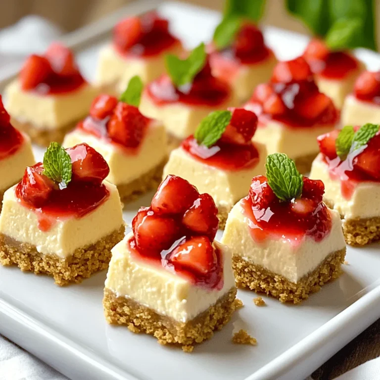 - 1 cup graham cracker crumbs - 3 tablespoons unsalted butter, melted - 1 cup cream cheese, softened to room temperature - 1/2 cup powdered sugar - 1 teaspoon vanilla extract - 1/4 cup sour cream - 1 cup fresh strawberries, diced into small pieces - 1/4 cup strawberry jam - Fresh mint leaves, for garnish When you want to create Strawberry Cheesecake Bites, using the right ingredients is key. Each ingredient plays a role in flavor and texture. The graham cracker crumbs form the base, giving a sweet and crunchy layer. The melted butter binds the crumbs together, creating a firm crust. The cream cheese is essential for that rich, creamy filling. Make sure it’s softened for easy mixing. Powdered sugar sweetens the mixture without any graininess. Vanilla extract adds a warm, inviting aroma. Sour cream brings a slight tang that balances the sweetness. Fresh strawberries are a must. They add bright flavor and juicy bites. The strawberry jam on top gives an extra burst of sweetness and a beautiful finish. Lastly, mint leaves add a touch of color and freshness to your bites. - Mini muffin tin - Mixing bowls - Electric mixer or whisk - Spoon or spatula Having the right tools will make your baking easier. A mini muffin tin helps shape your bites perfectly. Mixing bowls are essential for combining your ingredients smoothly. An electric mixer or whisk is needed to beat the cream cheese until it's fluffy. Use a spoon or spatula to help with filling and mixing. - Gluten-free graham crackers - Dairy-free cream cheese options - Variations with different fruit toppings If you have dietary needs, there are great alternatives. Gluten-free graham crackers work well for a gluten-free crust. For a dairy-free option, look for plant-based cream cheese. You can also switch up the fruit toppings. Try raspberries or blueberries for a fun twist! - Combine graham cracker crumbs and melted butter in a mixing bowl. - Stir until the mixture feels like wet sand. This helps spread the crust evenly. - Beat softened cream cheese until it is creamy and smooth. - Gradually mix in powdered sugar and vanilla extract. This step ensures there are no lumps. - Gently fold in diced strawberries. Be careful not to crush them. - Fill lined muffin cups with the cheesecake mixture. Top each with strawberry jam for extra flavor. Follow the full recipe to make these delightful bites. Each step is simple and leads to a tasty treat! To get the best texture, start with cream cheese that is at room temperature. This makes mixing easier and results in a smooth filling. When you add the strawberries, be careful not to overmix. Gently fold them in so you keep those lovely, juicy chunks intact. These strawberry cheesecake bites shine at parties or as a sweet treat. They look amazing on a platter and taste even better! You can pair them with a dollop of whipped cream or drizzle some chocolate on top for extra flavor. Both choices make these bites even more delightful. Make your bites pop by garnishing them with fresh mint leaves. The green adds a nice contrast to the pink cheesecake. You can also use colorful cupcake liners for a fun, festive look. These little touches will impress your guests and make your treats stand out. For the full recipe, check out the details above. {{image_4}} You can easily change up the taste of your strawberry cheesecake bites. One way is to add lemon zest. The zest gives a nice citrus twist. It brightens the flavor and balances the sweetness. If you want to try different fruits, substitute strawberries with raspberries or blueberries. This swap makes the bites unique and fun. Each berry brings its own taste and color. You can mix and match to find your favorite. For those who follow a vegan diet, you can make vegan strawberry cheesecake bites. Use plant-based cream cheese and a nut-based crust. This keeps the creamy texture while being dairy-free. If you're looking for a healthier treat, consider low-sugar options. You can use a sugar substitute in the filling. This way, you can enjoy a sweet bite without all the sugar. Change the toppings based on the season. In the fall, you can use pumpkin or apple toppings. They give a cozy, autumn flavor. In summer, stick with fresh fruits like berries. Each season can bring its own twist to these bites. For the full recipe, check out the detailed instructions. After making your strawberry cheesecake bites, you need to store them properly. Keep the bites in an airtight container in the fridge. This helps keep them fresh and tasty. You should eat them within 3-5 days for the best flavor and texture. If you have leftover cheesecake bites, you can freeze them. First, place the bites in a single layer on a baking sheet. Freeze them for about 1-2 hours until firm. Then, transfer them to an airtight container or a freezer bag. When you want to eat them, thaw the bites in the fridge overnight before serving. This keeps them creamy and delicious. For freshness, it’s best to follow some general rules. When stored properly, the bites last about 3-5 days in the fridge. If frozen, they can stay good for up to 2 months. Over time, the quality may drop, so enjoy them sooner rather than later. Yes, you can make these bites dairy-free. Use dairy-free cream cheese as a substitute. Look for brands that are smooth and creamy. You can also swap sour cream with coconut yogurt. This keeps the texture nice and adds a bit of coconut flavor. The bites need to chill for at least 2 hours. This time allows the flavors to blend well. It also helps the bites set firmly. For the best taste and texture, chill them longer if you can. If you do not have graham cracker crumbs, you can use crushed cookies. Try vanilla wafers or digestive biscuits. For a gluten-free option, use gluten-free graham crackers. You can also use crushed nuts for a different flavor and texture. To sum up, we explored how to make delicious strawberry cheesecake bites. We covered the key ingredients, steps, and variations. Remember to use ripe strawberries for the best flavor. You can also customize your bites based on diet needs or seasonal fruits. When stored correctly, these treats stay fresh for several days. Enjoy them at your next gathering or as a sweet snack. Get creative and have fun with this simple recipe!