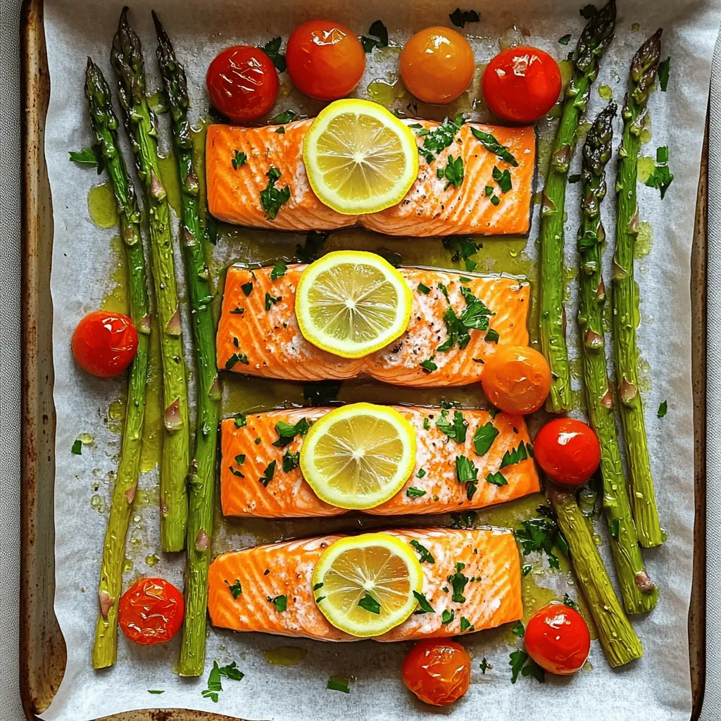 You need 4 succulent salmon fillets. Look for fillets that are fresh and firm. Each piece should be about 6 ounces. This amount serves four people well. Salmon is rich in omega-3 fatty acids, adding health benefits to your meal. For veggies, gather 1 zesty lemon, sliced into rounds. You will also need 2 cups of fresh asparagus. Trim the woody ends for the best texture. Plus, use 1 cup of vibrant cherry tomatoes, halved. These colorful veggies add flavor, color, and nutrients to your dish. For seasoning, mix together 3 tablespoons of extra virgin olive oil, 2 teaspoons of garlic powder, and 1 teaspoon of smoky paprika. Add salt and freshly cracked black pepper to taste. This blend enhances the salmon's natural flavor. Finally, chop fresh parsley for garnish. It adds a bright touch to your dish. Find the full recipe for more details! First, we need to get ready. Preheat your oven to 400°F (200°C). This temperature works great for roasting. Next, grab a large sheet pan. Line it with parchment paper to help with cleanup. Now, we can place the salmon fillets in the center. Make sure they have some space around them. This helps them cook evenly. Trim the woody ends off the asparagus. Then, cut the cherry tomatoes in half. Arrange the asparagus and tomatoes around the salmon. This makes your dish look vibrant and colorful. In a small bowl, mix three tablespoons of olive oil, two teaspoons of garlic powder, and one teaspoon of smoky paprika. Add salt and pepper as you like. This mix will add a lot of flavor. Use a brush to coat the salmon with this oil mixture. Now, it’s time to cook! Lay a slice of lemon on each salmon fillet. This will give a fresh taste as it roasts. Place the sheet pan in the oven. Roast for around 15 to 20 minutes. The salmon is done when it flakes easily with a fork. Keep an eye on it! Ovens can vary, so check a bit early if you’re unsure. Once it’s cooked, take the pan out of the oven. Sprinkle some fresh parsley on top for a nice touch. For serving, use a large platter for a beautiful display. Arrange the salmon fillets with the colorful veggies. Add extra lemon slices and parsley for a nice look. This dish not only tastes great but looks amazing too. Enjoy it with friends or family! For the full recipe, check out the details provided earlier. The ideal temperature for cooking salmon is 400°F (200°C). This heat allows the salmon to cook evenly. It also gives a nice sear on the outside while keeping the inside moist and tender. Always preheat your oven to this temperature before placing your salmon in. To check if salmon is done, use a fork to gently flake the fish. If it flakes easily, it is ready. Look for a light pink color in the center. You can also use a food thermometer. The internal temperature should be 145°F (63°C). This ensures it’s safe to eat while still juicy. There are many ways to boost the flavor of your salmon. Here are some of my favorites: - Add fresh herbs like dill or thyme for a burst of freshness. - Include a splash of soy sauce or honey for a sweet and savory mix. - Try different citrus fruits, like lime or orange, to change the taste. - You can also top with nuts or seeds for crunch and nutrition. These tips will help you make your Easy Sheet Pan Salmon even more delightful. For the full details on how to prepare this dish, check out the Full Recipe. {{image_4}} You can swap the asparagus and tomatoes for other veggies. Try broccoli, bell peppers, or zucchini. Each brings its own taste and texture. Roasting adds a nice char and sweetness. Just ensure they cook well in the time it takes for the salmon. Change up the seasonings to match your taste. For a spicy kick, use chili powder or cayenne. For a more herbal touch, try dill or thyme. You can even mix in some soy sauce for an Asian twist. These options give the dish a new life each time. Pair your salmon with easy sides. Quinoa or brown rice makes a great base. You can also serve with a fresh salad or roasted potatoes. These sides balance the meal and add more nutrients. Check out the Full Recipe for ideas on presentation! Store your leftover salmon in an airtight container. Place it in the fridge within two hours of cooking. This keeps it fresh and safe to eat. Your salmon will last for up to three days in the fridge. If you want to keep the veggies, store them in a separate container. To freeze your salmon, wrap it tightly in plastic wrap. Then, place it in a freezer bag. Make sure to remove as much air as possible. You can freeze it for up to three months. When you are ready to eat it, thaw it overnight in the fridge before reheating. To reheat salmon, preheat your oven to 350°F (175°C). Place the salmon on a baking sheet. Cover it with foil to keep it moist. Heat for about 10 to 15 minutes. If you prefer, you can also microwave it. Use a microwave-safe dish and cover it. Heat on low power for one to two minutes until warm. Cooking salmon on a sheet pan takes about 15 to 20 minutes. The key is to cook it at 400°F (200°C). When the salmon flakes easily with a fork, it is done. This quick cooking time makes it perfect for busy nights. Pair it with fresh veggies for a full meal. Yes, you can use frozen salmon for this recipe. Just make sure to thaw it first. Place the frozen salmon in the fridge for several hours or overnight. You can also run it under cold water for quick thawing. Once thawed, follow the same cooking steps. Salmon pairs well with many flavors. Here are some top choices: - Lemon: Adds a bright, fresh taste. - Garlic: Offers a rich flavor that enhances the fish. - Dill: This herb adds a light and fresh touch. - Honey: A bit of sweetness balances the fish's richness. - Soy sauce: Adds a savory, umami kick. Feel free to mix and match these flavors to create your favorite taste! This blog post covered everything you need to know about cooking salmon. We discussed key ingredients like salmon fillets, veggies, and spices. You learned step-by-step how to prepare, cook, and serve. The tips shared helped ensure perfect salmon every time. We explored tasty variations to keep meals exciting. Lastly, I provided storage advice and answered common questions. With this knowledge, you’re set to enjoy delicious salmon dishes, no matter the occasion.