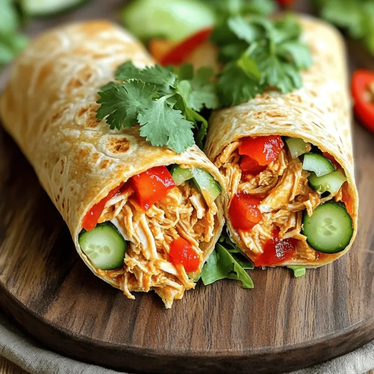 - Shredded cooked chicken - Sriracha sauce and honey - Fresh vegetables and tortillas For the main stars of our spicy sriracha chicken wraps, we start with shredded cooked chicken. This chicken is tender and packed with flavor. Next, we use sriracha sauce mixed with honey. This blend gives a sweet and spicy kick, perfect for any wrap. Don't forget the fresh vegetables! Crisp lettuce, crunchy cucumbers, and bright red bell peppers add freshness and color. Lastly, we need large whole wheat tortillas to wrap everything up. - Additional spices for customization - Alternate protein options Feel free to customize your wraps! You can add extra spices like garlic powder or paprika. This step enhances the flavor and lets you adjust the heat. If you want to switch proteins, try shredded pork, tofu, or chickpeas. Each option brings its own unique taste. - Fresh herbs and sauces Garnishes make your wraps stand out. Fresh herbs like cilantro or parsley add a burst of flavor. You can also drizzle extra sriracha or a creamy sauce on top. These small touches make your meal look and taste even better. For the full recipe, check out the link provided. - Combining chicken with sauce In a medium bowl, mix 2 cups of shredded cooked chicken with 1/4 cup of sriracha sauce. Add 1 tablespoon of honey for sweetness. Season with a pinch of salt and black pepper. Stir until the chicken is coated with the spicy sauce. - Preparing and sautéing vegetables Heat 1 tablespoon of extra virgin olive oil in a skillet over medium heat. Once hot, add 1 thinly sliced red bell pepper. Sauté for about 3 to 4 minutes, until the peppers are tender but still bright. Remove from heat and set aside. - Layering ingredients onto tortillas Lay 4 large whole wheat tortillas flat on a clean surface. Start by adding a layer of 1 cup of crisp shredded lettuce on each tortilla. This adds crunch and freshness to the wraps. - Wrapping techniques for best results Distribute the chicken mixture evenly over the lettuce on each tortilla. Top with the sautéed red bell peppers and 1/2 cup of thinly sliced cucumber. Sprinkle 1/4 cup of chopped cilantro over the fillings. Fold the sides of the tortilla inward, then roll tightly from the bottom to secure everything inside. - Optional grilling for crispiness For extra crunch, place the wraps seam-side down in the skillet. Grill each side for 2 to 3 minutes until golden brown. This adds a nice texture and warmth to your wraps. This step-by-step method makes preparing Spicy Sriracha Chicken Wraps easy and fun. For the full recipe, check out the details above! Adjust the spice level to suit your taste. If you want more heat, add extra sriracha or some red pepper flakes. For a milder flavor, reduce the amount of sriracha. Serve the wraps warm for the best flavor. Warm tortillas help melt flavors together. If you have dietary needs, you can swap out ingredients. Use grilled tofu or chickpeas for a vegetarian option. For a lower-calorie wrap, choose light tortillas or skip the honey. You can also use Greek yogurt instead of honey for a tangy twist. Don’t overstuff your wraps. Too many fillings can make them hard to roll. Aim for a balanced amount of chicken and veggies. Always ensure even cooking by sautéing your veggies until tender but still crisp. This keeps the wrap fresh and bright. {{image_4}} You can change the heat in these wraps. Try different hot sauces like chipotle or habanero. Each sauce brings a new twist! You can also add fruits for sweetness. Diced mango or pineapple will balance the heat. The sweetness from the fruit pairs well with Sriracha. If you want to skip chicken, use tofu or chickpeas. Both options soak up flavors nicely. For sauces, look for plant-based versions. Many brands offer vegan Sriracha or sweet chili sauce. These swaps keep the taste bold and fun! Want a low-carb option? Use lettuce wraps instead of tortillas. Crisp lettuce adds a nice crunch. You can also explore different types of tortillas. Try spinach or tomato tortillas for added color. Each style changes the look and taste of your wraps. Check out the Full Recipe for all the delicious details! To keep your spicy Sriracha chicken wraps fresh, follow these steps: - Refrigerating leftovers properly: Place any leftover wraps in an airtight container. This will help keep them moist and flavorful. Store them in the fridge for up to three days. - Wrapping and storing for freshness: If you plan to eat the wraps later, wrap each one tightly in plastic wrap. This helps prevent them from drying out. When you want to enjoy your wraps again, reheating is key to keeping them tasty: - Tips for keeping wraps crispy: To reheat, use a skillet over medium heat instead of a microwave. This keeps the wraps crispy. Heat them for about 2-3 minutes on each side until warm and golden. You can freeze these wraps if you want to save some for later: - Can you freeze Sriracha chicken wraps? Yes, you can freeze the wraps. Just make sure they are completely cooled before freezing. - How to thaw and reheat: To thaw, place the wraps in the fridge overnight. When ready to eat, reheat them in a skillet for the best texture. Enjoy your meal anytime with this easy storage method! For the full recipe, be sure to check out the details above. It takes about 30 minutes to make these wraps. You spend 15 minutes prepping. The cooking part takes another 15 minutes. This makes it perfect for a quick meal! Yes, you can make these wraps ahead of time. Store them in the fridge for up to 2 days. Wrap them tightly to keep them fresh. This way, you can enjoy them later. These wraps go great with many sides. Try serving them with sweet potato fries. A fresh salad can also balance the spice. For drinks, pair them with iced tea or lemonade. Absolutely! You can easily meal prep this recipe. Make a big batch and store the chicken mix in the fridge. Assemble the wraps daily for a quick lunch or dinner. This article covered how to make delicious spicy Sriracha chicken wraps. You learned about key ingredients, preparation steps, and different variations to try. Remember, customizing your wraps can make them even more enjoyable. Use the tips for storage and reheating to keep your wraps fresh. Overall, these wraps are simple and fun to prepare. Enjoy experimenting with new flavors and sharing your creations with family and friends. Happy cooking!