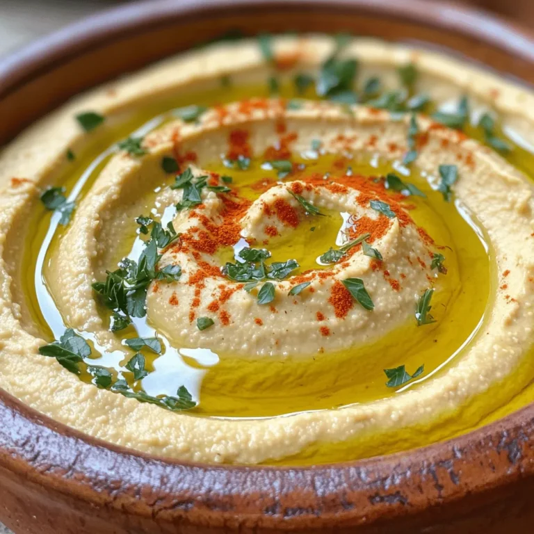 To make roasted garlic hummus, you need some key items: - 1 cup dried chickpeas (or 2 cans of chickpeas, rinsed and drained) - 1 head of garlic - 1/4 cup tahini - 1/4 cup fresh lemon juice (about 2 medium lemons) - 2 tablespoons extra virgin olive oil (plus extra for drizzling) - 1 teaspoon ground cumin - Sea salt, to taste - Water, as needed for blending These ingredients blend together to create a smooth and creamy dip. If you opt for dried chickpeas, soak them overnight to soften. You can also use canned chickpeas for a quicker option. The roasted garlic adds a sweet and nutty flavor that makes this dip special. You can elevate your hummus with these garnishes: - 1/4 teaspoon smoked paprika (optional, for garnish) - Fresh parsley, finely chopped, for garnish These garnishes not only add color but also enhance the taste. The smoked paprika gives a subtle smokiness, while fresh parsley adds a burst of freshness. Roasted garlic hummus is a healthy choice. Here’s a quick look at the benefits: - Chickpeas are high in protein and fiber. - Olive oil provides healthy fats. - Garlic offers immune support and flavor. This dip is perfect for parties or snacks. You can enjoy it guilt-free while sharing a delightful dish with friends and family. For the complete recipe, check out the Full Recipe section. Roasting garlic turns it sweet and soft. Start by preheating your oven to 400°F (200°C). Take a head of garlic and slice off the top. This exposes the cloves. Drizzle about a teaspoon of olive oil on top. Wrap the garlic in aluminum foil to keep it moist. Place it in the oven and roast for 30-35 minutes. You want the cloves to be soft and golden. After roasting, let it cool slightly before you handle it. You can use dried or canned chickpeas. If you choose dried, soak them in water overnight. After soaking, drain and rinse them. Then, boil the chickpeas in fresh water for 1-2 hours until they are tender. If using canned chickpeas, just drain and rinse them under cool water. This step makes sure your hummus will be smooth and creamy. Now, it's time to blend! In a food processor, add the cooked chickpeas or the drained canned ones. Squeeze the roasted garlic cloves out of their skins and add them in. Then, toss in the tahini, fresh lemon juice, olive oil, ground cumin, and a pinch of salt. Process everything until smooth and creamy. If the mix is too thick, add water a little at a time, blending until you reach the right texture. Taste your hummus and adjust the seasoning if needed. You can add more salt, lemon juice, or cumin to suit your flavor. Once blended, transfer your hummus into a serving bowl. Drizzle with extra olive oil and sprinkle with smoked paprika and fresh parsley for a lovely finish. You can find the full recipe for this delightful dip above. Enjoy it as a tasty snack or a spread! To get the best creamy hummus, you need to blend well. Start with cooked chickpeas. If your hummus is too thick, add water slowly. Use one tablespoon at a time. Blend after each addition until you reach the creaminess you want. A smooth texture is key for a great dip. You can boost the flavor of your hummus easily. Add fresh herbs like basil or cilantro for a twist. If you want heat, try adding a pinch of cayenne pepper. You can swap tahini for sunflower seed butter for a nut-free version. Lemon zest can also add a bright kick to your hummus. One common mistake is not seasoning enough. Always taste your hummus before serving. Adjust salt, lemon juice, or cumin to fit your taste. Another mistake is undercooking the chickpeas. They should be soft and tender for smooth blending. Lastly, don’t skip the roasting of garlic; it adds a sweet depth that fresh garlic cannot provide. For the full recipe, be sure to check the steps I laid out earlier. Enjoy making your roasted garlic hummus! {{image_4}} If you like heat, try adding chili powder or cayenne. Start with a pinch, and blend it into your hummus. Taste and add more if you want it spicier. You can also use fresh jalapeños for a different kick. This spicy version pairs well with crunchy veggies and pita chips. For a fresh twist, add herbs like basil or cilantro. Chop them finely and blend them right into the hummus. You can also mix in dried herbs like oregano or thyme. This herb-infused hummus is perfect as a dip or a spread on sandwiches. Nuts add a nice crunch and extra flavor. Try almond or pistachio. Simply blend a handful of nuts into the hummus. You can also top the hummus with whole nuts for a beautiful presentation. This version is delightful with warm pita bread or on a cheese board. Explore these variations to enjoy your Roasted Garlic Hummus in new ways! For the full recipe, check out the main section. To keep your roasted garlic hummus fresh, use an airtight container. This helps keep out air and moisture. You can store it in the fridge for easy access. If you plan to eat it later, let it cool before sealing. Homemade hummus lasts about five to seven days in the fridge. If you want to store it longer, freezing is a good option. Put the hummus in a freezer-safe container. It can last up to three months in the freezer. When ready to use, let it thaw in the fridge overnight. You can enjoy your hummus cold or at room temperature. If you prefer it warm, gently heat it in the microwave. Stir it well to ensure even warmth. Serve it with fresh veggies, bread, or as a spread for sandwiches. For more ideas, check out the Full Recipe. Homemade hummus can last about 4 to 5 days in your fridge. Make sure to store it in an airtight container. If you see any signs of mold or it smells off, it's best to throw it out. For longer storage, you can freeze hummus. It will last for up to 3 months in the freezer. Just thaw it in the fridge before you use it. Yes, you can use store-bought roasted garlic if you're short on time. It saves you the hassle of roasting garlic yourself. Just mash it up and mix it into your hummus as you would with fresh roasted garlic. This way, you still get that nice garlic flavor without the extra steps. You can serve roasted garlic hummus with many tasty options. Here are some great ideas: - Pita bread, cut into triangles - Fresh veggies like carrots, cucumbers, and bell peppers - Crackers or tortilla chips - Spread on sandwiches or wraps - As a dip for falafel or grilled meats Feel free to get creative! Roasted garlic hummus is a versatile dip that pairs well with many foods. For the full recipe, check out the section above. Roasted garlic hummus is easy to make and delightfully tasty. We covered the key ingredients and how to roast garlic to enhance flavor. I shared tips for the right texture and common pitfalls to avoid. Don’t forget to explore fun variations and garnishes to impress. Lastly, proper storage ensures you enjoy every bit later. With this guide, you can whip up perfect hummus that delights all. Start experimenting, and enjoy your delicious creations!