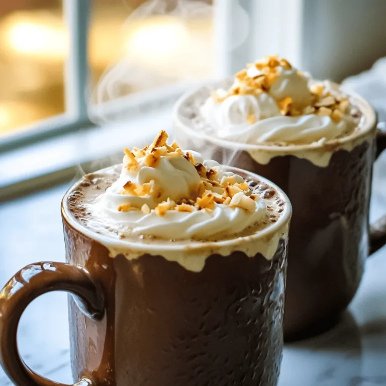 To make the perfect Toasted Coconut Hot Chocolate, you'll need: - 2 cups milk (dairy or non-dairy, your choice) - 1/4 cup high-quality cocoa powder - 1/4 cup sugar (or preferred sweetener) - 1/2 teaspoon vanilla extract - 1/4 cup unsweetened shredded coconut - Whipped cream (optional, for topping) - Toasted coconut flakes (for garnish) - Pinch of sea salt When choosing cocoa powder, quality matters. I recommend brands like Ghirardelli and Valrhona. They offer rich flavor and smooth texture. You want cocoa that will shine in your hot chocolate. If you prefer a dairy-free option, you can use almond milk or oat milk. Both work well and add a nice taste. Coconut milk is another great choice for a stronger coconut flavor. You can still enjoy this treat while sticking to your dietary needs! To start, toast the coconut. Place a dry skillet over medium heat. Add the unsweetened shredded coconut. Stir continuously for 3-5 minutes until it turns golden brown. The nutty smell means it's ready. Remove it from heat and set aside to cool. Next, warm the milk. Pour 2 cups of milk into a medium saucepan. Heat it gently over medium heat. Stir occasionally until it steams but does not boil. Watch it closely to avoid scalding. While the milk warms, prepare the cocoa mixture. In a separate bowl, mix together the cocoa powder, sugar, and a pinch of sea salt. Stir well to blend everything evenly. Once the milk is hot, combine the ingredients. Gradually whisk the cocoa mixture into the warm milk. Whisk until everything dissolves and the mixture is smooth. Then stir in the vanilla extract for added flavor. Add half of the toasted coconut to the hot chocolate. Stir well to mix the flavors. Save the rest of the toasted coconut for garnishing later. It is key to whisk well throughout the process. This ensures a creamy texture. Avoid boiling the milk to keep it smooth and rich. Use a medium heat to control the temperature. If you heat it too fast, the milk can scald. Incorporating the toasted coconut adds a unique twist. It enhances the drink's flavor and texture. The contrast between the creamy drink and the crunchy coconut is wonderful. Temperature control is crucial for making hot chocolate. Heating milk too quickly can lead to burnt flavors. Aim for steaming milk without boiling. This maintains the drink's smoothness. Whisking helps keep the mixture homogenous. This is important for flavor and texture. The goal is a warm, creamy, and delightful drink. Always serve it hot for the best experience. Toasting coconut adds a warm, nutty flavor. Use a dry skillet over medium heat. Add unsweetened shredded coconut. Stir continuously for about 3-5 minutes. Watch it closely. Once it turns golden brown, remove it from heat. Be careful not to let it burn. Let it cool before adding to your hot chocolate. You can add more flavors to your hot chocolate. Consider using a pinch of cinnamon for warmth. A drop of peppermint extract adds a fresh twist. You might even try a splash of coffee for a mocha vibe. Each of these options can elevate your drink. Feel free to experiment with what you like. Make your hot chocolate look as good as it tastes. Use clear glass mugs to show off the layers. Top it with whipped cream for a creamy finish. Don’t forget to sprinkle the reserved toasted coconut on top. A dusting of cocoa powder can add elegance too. These small touches make a big difference! {{image_4}} You can change the sweetener in your hot chocolate to suit your taste. I often use sugar for its classic flavor. However, you may try honey, maple syrup, or agave nectar. Each sweetener adds a unique twist. For a low-calorie option, consider stevia or erythritol. Just keep in mind that these sweeteners can taste different. Adjust the amount to find the right balance for you. Adding flavors can make your toasted coconut hot chocolate even more exciting. You can infuse mint by adding a few mint leaves while warming the milk. For a spice kick, try adding a dash of cinnamon or nutmeg. If you love chili, a small pinch can create a warm heat. You can also explore flavors like orange zest or coffee for a new twist. Experiment with these ideas to discover your favorite blend! If you prefer non-dairy options, the recipe is easy to adapt. Simply swap regular milk for almond, oat, or coconut milk. These alternatives work well and still keep the creamy texture. For sweeteners, make sure to use plant-based options. Check the labels on any whipped cream if you add it, as many brands offer vegan varieties. This way, everyone can enjoy this cozy treat! For the full recipe, check out the detailed steps to create this rich and creamy delight. If you have leftover hot chocolate, store it in an airtight container. Let it cool to room temperature first. Then, place it in the fridge. It can last for up to three days. When you're ready to enjoy it again, just follow the reheating instructions below. To reheat your hot chocolate, pour it into a saucepan. Heat it over medium-low heat. Stir it often to prevent burning. You can also use a microwave. Heat it in short bursts, about 30 seconds each. Stir in between bursts until it's warm. Yes, you can freeze hot chocolate! Pour it into ice cube trays or freezer-safe bags. Make sure to leave space for expansion. To use frozen hot chocolate, thaw it in the fridge overnight. Then reheat it as mentioned earlier. This makes it easy to enjoy hot chocolate anytime! Remember, for the full recipe, check back in the earlier sections! The best type of milk for hot chocolate is the one you enjoy most. Whole milk gives a rich and creamy flavor. If you want a lighter option, try low-fat milk. For dairy-free choices, almond, oat, or coconut milk work well. Each type brings its unique taste and texture. Experiment with them to find your favorite! Yes, you can make Toasted Coconut Hot Chocolate ahead of time. Prepare it as usual but store it in the fridge. When you are ready to enjoy it, gently reheat on the stove. Stir often to keep it smooth. Just remember to add the toasted coconut before serving for that crunchy finish! To make Toasted Coconut Hot Chocolate from scratch, follow these steps: 1. Toast the coconut: In a dry skillet, toast shredded coconut until golden brown. 2. Warm the milk: Heat your choice of milk in a saucepan until steaming. 3. Prepare cocoa mixture: Mix cocoa powder, sugar, and a pinch of sea salt in a bowl. 4. Combine ingredients: Whisk the cocoa mixture into the warm milk until smooth. 5. Add toasted coconut: Stir in half of the toasted coconut for flavor. 6. Serve: Pour into mugs, top with whipped cream, and sprinkle with remaining coconut. You can find the Full Recipe above for more details! You can make a healthier version of Toasted Coconut Hot Chocolate easily. Use unsweetened cocoa powder and natural sweeteners like honey or maple syrup. Opt for low-fat or non-dairy milk to cut calories. For extra nutrients, add a dash of cinnamon or a bit of chia seeds. This way, you get a tasty drink without the guilt! Hot chocolate is a delightful treat that anyone can make. We covered the key ingredients and brands to choose. You learned important steps for perfecting the recipe and controlling heat. Tips on toasting coconut and adding flavors can elevate your drink. We also explored variations and how to store leftovers. With these insights, you can enjoy hot chocolate made just the way you like it. Experiment, have fun, and enjoy every sip!