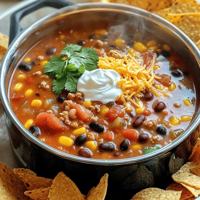 - 1 pound ground turkey or beef - 1 medium onion, finely diced - 2 cloves garlic, minced - 1 can (15 oz) black beans, rinsed and drained - 1 can (15 oz) kidney beans, rinsed and drained - 1 can (15 oz) corn kernels, drained - 1 can (28 oz) diced tomatoes with green chilies, undrained - 1 packet taco seasoning (about 1 ounce) - 4 cups chicken or vegetable broth - 1 tablespoon extra virgin olive oil - Salt and freshly cracked pepper to taste - Optional toppings: sour cream, shredded cheese, chopped fresh cilantro, sliced jalapeños, tortilla chips When I make Easy Taco Soup, I always start with fresh ingredients. Ground turkey or beef works great. I love using a medium onion, finely diced, to add flavor. Garlic is a must! Just two cloves, minced, and you're set. Beans give the soup a rich texture. I use one can each of black beans and kidney beans. Rinsing and draining them helps remove extra sodium and keep the soup light. Corn adds sweetness, and a 15-ounce can does the trick. For a zesty kick, I go for a can of diced tomatoes with green chilies. This adds depth and spice. The taco seasoning brings all the flavors together. I use one packet, about one ounce. Broth is the base of my soup. Four cups of chicken or vegetable broth ensure it's hearty. I always add a tablespoon of extra virgin olive oil for richness. Don't forget salt and freshly cracked pepper to taste! Finally, I love adding toppings! Sour cream, shredded cheese, and fresh cilantro elevate the dish. Sliced jalapeños add heat, and tortilla chips give a nice crunch. This mix of ingredients makes Easy Taco Soup both flavorful and quick. Check out the Full Recipe for more details! Cooking the Aromatics Start by heating the olive oil in a large pot over medium heat. Add the diced onion and cook for about 3-4 minutes. The goal is to make the onion soft and clear. Next, add the minced garlic and stir for one more minute. This will make the kitchen smell great! Browning the Meat Now, add your ground turkey or beef to the pot. Use a wooden spoon to break up the meat. Cook it for about 5-7 minutes until it turns a nice brown color. If you see extra fat, drain it from the pot. This step adds flavor to the soup. Adding Seasoning and Vegetables Once the meat is browned, sprinkle the taco seasoning over it. Stir well so the seasoning mixes in. Let it cook for about 2 minutes. This helps the spices blend with the meat. Then, add the black beans, kidney beans, corn, diced tomatoes, and broth. Stir everything until it’s well combined. Simmering the Soup Turn the heat up to bring the soup to a gentle boil. After it starts boiling, reduce the heat to low and let it simmer uncovered for 20-25 minutes. Stir occasionally to keep it from sticking. This simmering time lets all the flavors blend together nicely. How to serve hot Once the soup is ready, ladle it into bowls. Make sure it’s hot. You can add your favorite toppings like sour cream, cheese, or jalapeños. Let everyone create their own perfect bowl. Presentation tips For a fun look, use colorful bowls. Arrange the toppings on a large platter. This way, guests can customize their soup. It makes serving more interactive and enjoyable! Check out the Full Recipe for more details and tips! To brown meat well, use a heavy pot. Heat it over medium-high heat. Add olive oil and let it get hot. Place the meat in the pot without crowding. This helps it cook evenly. Stir it only when needed. This gives you nice brown bits on the bottom for flavor. To enhance flavors, use spices wisely. Taco seasoning is key, but you can add more. Try cumin, paprika, or chili powder for depth. Fresh garlic and onion add great taste too. Sauté them until fragrant before adding meat. This builds a solid flavor base for your soup. For a pretty presentation, use colorful bowls. Serve the soup with a platter of toppings. This lets guests customize each bowl. A dollop of sour cream adds creaminess. Shredded cheese gives a nice, melty touch. Fresh cilantro adds brightness. Sliced jalapeños give heat, and crunchy tortilla chips add texture. When serving, make sure the soup is hot. A warm bowl makes the meal more inviting. Encourage everyone to mix their toppings into the soup. This creates a fun, interactive dining experience. For the full recipe, check out the complete guide to Easy Taco Soup. {{image_4}} If you want to mix things up, try some ingredient swaps. For a vegetarian option, use lentils or quinoa instead of meat. These choices add protein and keep the soup hearty. You can also use vegetable broth for a fully plant-based soup. For a low-sodium variation, choose low-sodium beans and broth. This way, you can enjoy the same great taste while cutting back on salt. You can also reduce or skip the taco seasoning, as it can add a lot of sodium. Fresh herbs can boost flavor without added salt. Want more heat? Add sliced jalapeños or a dash of hot sauce. You can also mix in some chili powder or cayenne pepper for a kick. Just remember to taste as you go. To make it even better, try adding seasonal vegetables. Fresh corn, zucchini, or bell peppers can enhance flavor and nutrition. Chop them into small pieces and toss them in during the simmering stage. These simple changes can make your taco soup even more delicious. For the full recipe, check out Taco Fiesta Soup! To keep your taco soup fresh, store it in an airtight container. This method works well in the fridge or freezer. If you plan to eat it soon, refrigerate for up to three days. If you want to keep it longer, freeze it for up to three months. Just make sure to leave some space in the container for the soup to expand when frozen. You can also portion the soup into smaller containers. This makes it easy to grab a quick meal later. To reheat your taco soup, use the stove or microwave. For the stove, pour the soup into a pot. Heat it over medium heat. Stir often to help it warm evenly. This should take about 10 minutes. If you use a microwave, place the soup in a microwave-safe bowl. Cover it loosely with a lid or microwave-safe wrap. Heat in one-minute intervals, stirring in between. This keeps the soup from getting too hot in some spots. Always check that it is hot throughout before serving. What can I use instead of taco seasoning? You can use chili powder, cumin, and paprika. These spices add great flavor. Mix them to create a homemade blend. You can also try a mix of garlic powder and onion powder. Can I make taco soup in a slow cooker? Yes, you can! Brown the meat first, then add all the ingredients to the slow cooker. Set it on low for 6-8 hours or high for 3-4 hours. This makes the flavors rich and deep. How do I make taco soup spicier? To spice it up, add diced jalapeños or a splash of hot sauce. You can also use spicy taco seasoning. Another option is to stir in crushed red pepper flakes for a kick. Is taco soup healthy? Yes, taco soup can be healthy! It has lean protein from meat and beans. Plus, it includes veggies like tomatoes and onions. You can make it healthier by using low-sodium broth. What is the calorie count per serving? Taco soup has about 300 calories per serving. This can vary based on the meat and toppings you choose. For a lighter option, skip high-calorie toppings like cheese and sour cream. For the full recipe, check out the Taco Fiesta Soup above. This blog post showed you how to make a tasty taco soup. We covered key ingredients, steps to cook, and great ways to serve it. You can also use tips for variations to suit your taste. Remember to store leftovers properly and you can easily reheat them later. This soup is not only filling but also customizable and fun to prepare. Try it out and enjoy a warm bowl that fits your style!