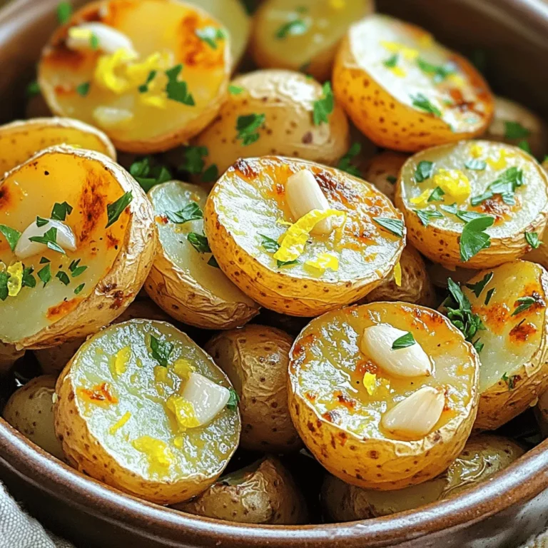 To make Lemon Garlic Roasted Potatoes, you need fresh and simple ingredients. Here’s what you will use: - 2 lbs baby potatoes, halved - 4 cloves garlic, minced - 1/4 cup high-quality olive oil - Juice and zest of 1 large lemon - 1 teaspoon dried oregano - 1 teaspoon smoked paprika - Salt and freshly ground black pepper to taste - Fresh parsley, finely chopped (for garnish) These ingredients work together to create a bright and zesty flavor. Baby potatoes are great because they cook evenly and are easy to handle. Using fresh garlic adds depth, while lemon gives a refreshing twist. Olive oil helps everything crisp up nicely. When you mix in the dried oregano and smoked paprika, you bring warmth and earthiness to the dish. Always remember to season your potatoes well with salt and pepper. This step is key to enhancing all the flavors. This recipe is simple yet effective. You can find the full recipe at the bottom of this section. Enjoy the process of preparing these tasty potatoes! Set your oven to 400°F (200°C). This high heat helps the potatoes get crispy. Halve the baby potatoes. In a big bowl, add the minced garlic. Make sure the garlic mixes well with the potatoes. In a separate bowl, whisk together these ingredients: - 1/4 cup high-quality olive oil - Juice and zest of 1 large lemon - 1 teaspoon dried oregano - 1 teaspoon smoked paprika - Salt and freshly ground black pepper to taste Mix until everything blends into a smooth dressing. Drizzle the lemon-garlic dressing over the potato-garlic mix. Toss gently until all the potatoes are coated. Line a baking sheet with parchment paper. Arrange the potatoes cut-side down on the sheet. Place the baking sheet in the oven. Roast for 25-30 minutes. Remember to flip the potatoes halfway through for even cooking. They should look golden brown when done. Once you take them out, let the potatoes cool for about five minutes. Transfer them to a serving dish. Garnish with finely chopped fresh parsley for a bright finish. Enjoy your Lemon Garlic Roasted Potatoes! For the complete recipe, check out the Full Recipe section. For this dish, I love using baby potatoes. Their size makes them perfect for roasting. You can also use Yukon Gold or Red potatoes. They hold their shape well and absorb flavors nicely. Choose firm potatoes with no blemishes for the best results. To get those crispy edges, I recommend cutting the potatoes in half. This gives more surface area for roasting. Be sure to arrange them cut-side down on the baking sheet. Flip them halfway through cooking. This ensures all sides get nice and golden. If you want extra crunch, you can broil them for a minute at the end. You can easily boost the flavor of your potatoes. Adding fresh herbs like rosemary or thyme works wonders. You can also sprinkle in some crushed red pepper for heat. A splash of balsamic vinegar before serving adds a nice tang. These little tweaks can take your dish to the next level. For the full recipe, check the section above. {{image_4}} You can boost flavor by adding fresh herbs. Try rosemary, thyme, or basil. Just chop them finely and mix them in with the potatoes. Fresh herbs give a bright taste. They also add lovely color to your dish. If you like heat, add red pepper flakes. Start small, about 1/4 teaspoon, then taste. You can always add more if you want. The heat from the flakes pairs well with the lemon and garlic. It makes each bite exciting. For a twist, use a creamy dressing. Try Greek yogurt or sour cream mixed with lemon and garlic. This makes a rich, tangy option. You can also blend in some mayo for extra creaminess. It adds a new layer to the dish and keeps it interesting. For the full recipe, check out the detailed cooking steps above. Store leftover Lemon Garlic Roasted Potatoes in an airtight container. This keeps them fresh and tasty. Make sure they cool down first. Place them in the fridge for up to three days. If you want to enjoy them later, it's best to store them properly. To reheat, use the oven for the best results. Preheat it to 400°F (200°C). Spread the potatoes on a baking sheet. Heat them for about 10-15 minutes. This helps them stay crispy. You can also use a skillet on medium heat. Stir them occasionally until they are hot. To freeze, let the potatoes cool completely. Place them in a single layer on a baking sheet. Freeze for about an hour. Once frozen, transfer them to a freezer bag. Squeeze out the air and seal it. They can last up to three months. To reheat, bake from frozen. Just add a few extra minutes to the cooking time. Enjoy your Lemon Garlic Roasted Potatoes even after freezing! Yes, you can use other potatoes! Red potatoes and Yukon Golds work well. Their creamy texture adds a nice touch. If you want a firmer bite, try fingerling potatoes. Just adjust cooking time if needed. Smaller potatoes cook faster than larger ones. You can also use sweet potatoes for a different flavor. They add a sweet note to the dish. Making Lemon Garlic Roasted Potatoes in an air fryer is simple! Preheat your air fryer to 400°F (200°C). Place the seasoned potatoes in the basket. Cook for 15 to 20 minutes, shaking halfway for even cooking. Check for golden color and tenderness with a fork. This method gives you crispy edges and a soft inside. These potatoes pair well with many dishes. Serve them alongside grilled chicken or fish for a fresh meal. They also go great with steak or pork chops. For a vegetarian option, try them with a hearty salad. Add a creamy dressing for a nice contrast. You can also serve them with roasted vegetables for a colorful platter. Check the Full Recipe for more serving ideas! You learned how to make delicious lemon garlic roasted potatoes. We covered the best ingredients, step-by-step cooking instructions, and tips for perfect results. You can make great variations and store leftovers well too. Enjoy trying these new flavors and methods. Cooking is fun, and these potatoes can be a big hit. So grab your ingredients and start roasting! These simple steps will lead to tasty outcomes every time. Happy cooking!
