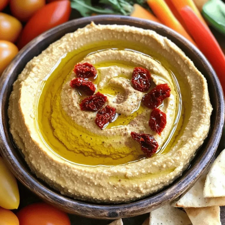 - 1 can (15 oz) chickpeas, thoroughly drained and rinsed - 1/2 cup sun-dried tomatoes, packed in oil and drained - 1/4 cup tahini, preferably raw for a lighter flavor Chickpeas form the base of this dish. They give the hummus its creamy texture. Sun-dried tomatoes add a rich, tangy flavor. Tahini, made from sesame seeds, adds a nutty taste. Together, these three ingredients create a delicious blend. - 3 tablespoons extra virgin olive oil, plus more for drizzling - 2 tablespoons freshly squeezed lemon juice - 1 garlic clove, finely minced Olive oil adds smoothness and richness. Fresh lemon juice brightens the flavor. Minced garlic brings a wonderful aroma and taste. These ingredients enhance the main flavors, making the hummus more complex. - 1 teaspoon ground cumin for warmth - Salt and pepper, to taste - Water, as needed to achieve the perfect creamy consistency Ground cumin adds warmth and depth. Salt and pepper balance the flavors. Water helps adjust the texture. You want your hummus to be creamy and smooth, so don’t skip the water! For the full recipe, check out the details above. - Rinse chickpeas and drain sun-dried tomatoes. - Mince the garlic finely. Start by rinsing your chickpeas. This step helps remove any canning liquid. Drain your sun-dried tomatoes too. If they're packed in oil, make sure to drain them well. Next, mince the garlic. A fine mince ensures the garlic blends smoothly into the hummus. - Combine all ingredients in a food processor. - Process until smooth. In your food processor, add the drained chickpeas, sun-dried tomatoes, tahini, olive oil, lemon juice, minced garlic, and ground cumin. Pulse everything together. You want it to turn smooth and creamy. Stop every so often to scrape the sides of the bowl. This helps blend evenly and avoids chunks. - Adding water for creaminess. - Seasoning to taste with salt and pepper. If your hummus is too thick, slowly add water. Use one tablespoon at a time while blending. This helps you control the texture. Aim for a smooth, spreadable consistency. Once you like the texture, taste your hummus. Add salt and pepper to your liking. Blend again briefly to mix in seasoning. For the complete Sun Dried Tomato Hummus delight, check the full recipe. To get the best texture for your sun-dried tomato hummus, start with the right water amount. After blending, if the hummus feels too thick, add water slowly. Use one tablespoon at a time. This helps you control the creaminess. Always aim for a silky, spreadable texture that is just right. Scraping the sides of the bowl is very important. During blending, ingredients can stick to the sides. Stopping to scrape ensures everything mixes well. This gives a smooth and even hummus without lumps. For the best flavor, let your hummus chill. Refrigerate it for at least 30 minutes before serving. This waiting time helps the flavors mix together. The sun-dried tomatoes and garlic will shine through more after resting. When serving, drizzle a little extra virgin olive oil on top. This adds a rich taste. You can also sprinkle some fresh herbs or chopped sun-dried tomatoes as a final touch. Serve your hummus with colorful veggie sticks, pita chips, or warm flatbread. This makes for a fun and inviting spread. You want people to enjoy dipping into your hummus. For garnish, consider adding a sprinkle of smoked paprika or a few whole chickpeas on top. This not only adds flavor but also makes your dish look great. A beautiful presentation makes the hummus even more appealing. {{image_4}} You can easily change the taste of your sun-dried tomato hummus. Adding spices makes a big difference. For example, paprika adds a mild kick, while chili powder gives it heat. You can also mix in herbs like basil or oregano for a fresh touch. Each spice or herb you add creates a unique flavor profile. This hummus fits many diets. It is vegan and gluten-free, making it great for everyone. If you want a low-fat option, you can cut back on olive oil. You can also swap tahini for a lighter spread. These adaptations keep the dish yummy while meeting your needs. You can serve this hummus in many ways. Pair it with crunchy veggie sticks like carrots, cucumbers, or bell peppers. Pita chips or warm flatbread also work well. If you're feeling creative, turn the hummus into a meal. Spread it on a sandwich or use it as a dip for grilled meats. The possibilities are endless! For the full recipe, check out the section above. To keep your sun-dried tomato hummus fresh, store it in an airtight container. Make sure the lid fits tightly. This helps keep out air and moisture. The hummus can last in the fridge for about 5 to 7 days. The flavors may deepen as it sits, making it even tastier. You can freeze hummus if you have extra. Place it in a freezer-safe container and leave some space at the top. The hummus can be frozen for up to 3 months. When you're ready to eat it, move the container to the fridge for a slow thaw overnight. Do not let leftover hummus go to waste! You can spread it on sandwiches or wraps for a tasty lunch. Mix it into pasta for a creamy sauce or use it as a dip for veggies. You can even add it to salads for extra flavor and protein. There are many ways to enjoy your extra hummus! Homemade hummus lasts about five days in the fridge. Store it in an airtight container. Always check for any changes in smell or color before eating. If you see or smell anything off, toss it out. To keep it fresh longer, avoid dipping directly into the container. Use a clean spoon each time. This way, you prevent bacteria from getting in. Yes, you can make hummus without tahini. Some good alternatives are sunflower seed butter or Greek yogurt. Both options change the taste and texture, but they work well. If you skip tahini, your hummus may be less creamy. You could also add more olive oil to get a smoother feel. Just remember to adjust your other ingredients so the taste stays balanced. Sun-dried tomatoes offer many health perks. They are rich in vitamins C and K. They also provide antioxidants that help fight free radicals. This can support heart health and boost your immune system. They contain fiber, which aids digestion and keeps you feeling full. Plus, they are low in calories, making them a great addition to many dishes. Using sun-dried tomatoes in your hummus not only adds flavor but also extra nutrients, making this recipe a smart choice. This blog post covered everything you need to make great hummus. We explored the main ingredients, like chickpeas and tahini, and learned the steps to blend them perfectly. I shared tips for adjusting texture and flavor, plus fun serving ideas. You can even customize your hummus to fit different diets. Remember, making hummus at home is easy and rewarding. Enjoy experimenting with flavors and serving it in new ways!