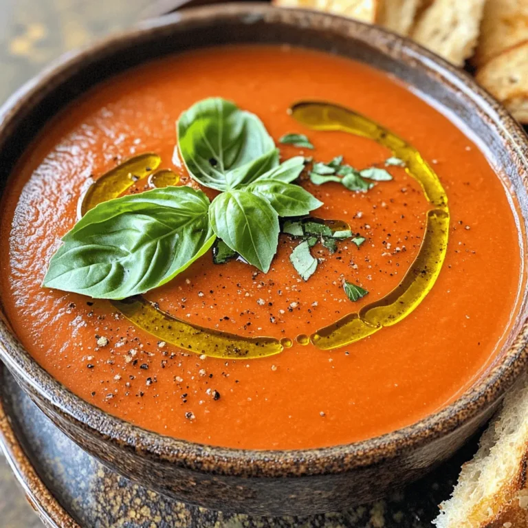 To make a great creamy tomato basil soup, you need basic ingredients. Here’s what you’ll need: - 2 tablespoons olive oil - 1 medium onion, finely chopped - 3 cloves garlic, minced - 2 cans (14 oz each) crushed tomatoes - 2 cups vegetable broth - 1 teaspoon granulated sugar - 1 teaspoon dried oregano - 1 teaspoon salt (adjust to personal preference) - 1/2 teaspoon freshly ground black pepper - 1 cup heavy cream (or coconut cream for a dairy-free alternative) - 1/4 cup fresh basil leaves, roughly chopped - 1 tablespoon freshly squeezed lemon juice These ingredients create a rich and comforting soup. The olive oil gives a smooth base, while the onion and garlic add depth. Crushed tomatoes bring sweetness and acidity, balanced perfectly by sugar and herbs. The cream makes it silky, and the basil adds freshness. If you want to play with the flavors, here are some optional ingredients: - A pinch of red pepper flakes for heat - A sprinkle of grated Parmesan cheese for extra richness - A dash of balsamic vinegar for added tang - Fresh spinach or kale for extra nutrients These options let you customize your soup. Feel free to mix and match based on your taste. You can easily adapt this soup for different diets: - For a vegan version, use coconut cream and vegetable broth. - If you are gluten-free, make sure the vegetable broth is certified gluten-free. - You can swap heavy cream with cashew cream for a nutty flavor. These substitutions keep the soup delicious while meeting your dietary needs. You can find the Full Recipe for more details on preparation. 1. Sauté the Aromatics: First, take a large pot and heat the olive oil over medium heat. Add the finely chopped onion. Cook it for about 5 minutes until the onion turns soft and clear. 2. Add Garlic: Next, stir in the minced garlic. Cook for another minute, stirring often. You want the garlic to smell good but not brown. 3. Combine Main Ingredients: Now, pour in the crushed tomatoes and vegetable broth. Add the sugar, oregano, salt, and black pepper. Mix everything well. 4. Simmer the Soup: Turn up the heat to bring the mix to a gentle boil. Once it boils, lower the heat and let it simmer for 15 to 20 minutes. This step makes the flavors blend well. 5. Blend to Perfection: After simmering, use an immersion blender to blend the soup until smooth. If you do not have one, pour the soup in batches into a regular blender. Be careful, as it will be hot! 6. Add Creaminess: Once blended, return the soup to low heat in the pot. Stir in the heavy cream or coconut cream and let it warm up. 7. Finish with Freshness: Add the chopped basil and lemon juice. Let the soup cook for another 5 minutes. This adds fresh flavor. Taste it and adjust salt and pepper if needed. 8. Cool and Serve: Remove the pot from heat and let it cool a bit. This helps the flavors to deepen. - If using a countertop blender, fill it halfway to avoid overflow. - Blend in batches for a smooth texture. - If you like some chunks, blend only half the soup. - Pour the soup into deep bowls. - Top with more fresh basil and a drizzle of olive oil. - Serve with crusty bread on the side for dipping. - This makes your meal feel special and cozy. For the full recipe, refer to the earlier section. To make your creamy tomato basil soup shine, focus on fresh herbs. Fresh basil adds a bright taste. You can also try adding a pinch of red pepper flakes for heat. A dash of balsamic vinegar gives depth. Using high-quality tomatoes is key too. They set the soup's base flavor. One common mistake is overcooking the garlic. When it burns, it turns bitter. Keep an eye on it and only cook until fragrant. Another mistake is not blending enough. A smooth texture is ideal for this soup. Lastly, don’t skip the sugar. It balances the acidity of the tomatoes. To save time, chop your onions and garlic in advance. You can also use canned tomatoes. They are just as tasty and save prep time. If you need a quick meal, skip the blending step. Serve it chunky for a rustic style. Enjoy the soup with crusty bread for a full meal. You can find the full recipe above to guide you through each step. {{image_4}} You can easily make this soup dairy-free. Simply swap heavy cream for coconut cream. Coconut cream gives a rich texture without the dairy. It pairs well with tomatoes and basil. You can also use almond milk or cashew cream for a lighter option. Just add these alternatives at the end, like the heavy cream. To boost nutrition, try adding some veggies. Spinach or kale blends well and adds color. Carrots can also enhance sweetness and health benefits. For protein, add cooked lentils or chickpeas. These options make your soup heartier and more filling. Want some heat? You can add red pepper flakes or chopped jalapeños. Start with a small amount and taste as you go. If you like a smoky flavor, try adding smoked paprika. For a herby twist, mix in thyme or rosemary. Adjust the spices to fit your taste! To store your creamy tomato basil soup, let it cool first. Once cooled, transfer it to an airtight container. This soup stays fresh in the fridge for about 3 to 5 days. Always check for any signs of spoilage before eating. If it looks or smells off, toss it out. For longer storage, freezing is a great option. First, cool the soup completely. Then, pour it into freezer-safe containers, leaving some space at the top for expansion. You can freeze it for up to 3 months. When ready to eat, simply thaw it in the fridge overnight before reheating. When reheating your soup, do it gently. Pour it into a pot and warm it over low heat. Stir often to avoid scorching. If the soup seems too thick, add a little water or broth to thin it out. This keeps the creamy texture smooth and delightful. Enjoy your soup with a nice piece of bread or a fresh salad! Creamy Tomato Basil Soup can last in the fridge for about 3 to 4 days. Make sure to store it in an airtight container. This keeps it fresh and safe to eat. Always check for any signs of spoilage before you dig in. If it looks or smells off, it's best to toss it out. Yes, you can make this soup in advance! It actually tastes better after sitting for a bit. You can prepare it a day or two ahead and keep it in the fridge. Just remember to let it cool completely before storing. This way, the flavors have time to blend together nicely. To reheat creamy tomato soup, pour it into a pot over low heat. Stir it often to avoid burning. If the soup seems too thick, add a splash of water or broth. You can also use a microwave. Just heat it in a microwave-safe bowl and stir every minute until warm. Make sure it’s hot throughout before serving. For the full recipe, you can refer to the [Full Recipe]. This article covered creamy tomato basil soup, from essential ingredients to cooking tips. You learned about variations and how to store your soup properly. Making this dish can be easy and fun. By following the steps and tips, you can create a soup that suits your taste. Don't hesitate to try new flavors or adjustments. Enjoy your cooking, and remember that practice leads to the best soup each time!
