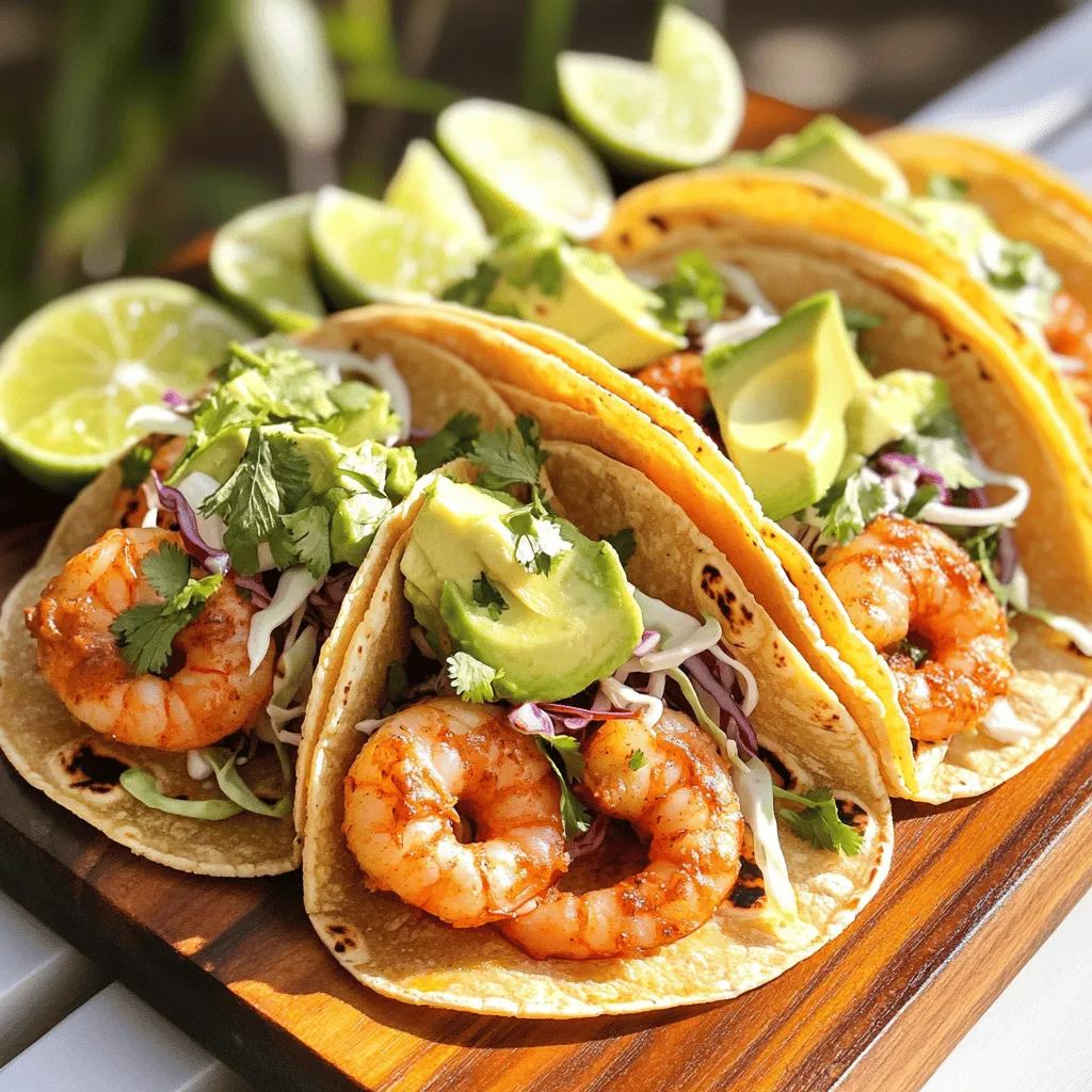 - 1 lb large shrimp, peeled and deveined - 2 tablespoons extra virgin olive oil - 1 teaspoon chili powder - 1/2 teaspoon ground cumin - 1/4 teaspoon garlic powder - Salt and pepper, to taste - 8 small corn tortillas - 1 cup finely shredded cabbage - 1 ripe avocado, thinly sliced - 1/4 cup fresh cilantro, roughly chopped - 1 lime, cut into wedges - Optional: your favorite hot sauce for serving To make the best shrimp tacos, you need fresh ingredients. Start with large shrimp. They cook quickly and taste great. I use peeled and deveined shrimp for ease. Olive oil adds flavor and helps the spices stick. The chili powder gives a nice kick. Ground cumin and garlic powder add depth. Don’t forget salt and pepper. They bring out all the flavors. For the base, I love small corn tortillas. They are soft and hold the filling well. The fresh cabbage adds crunch and texture. Sliced avocado brings creaminess to the dish. Lastly, chopped cilantro adds a fresh touch. Lime wedges give a zesty finish. You can adjust any ingredient to suit your taste. If you love heat, add more chili powder or hot sauce. If you want a milder taste, skip the hot sauce. This recipe is flexible, and you can find details in the full recipe. To make great shrimp tacos, start by marinating the shrimp. In a medium bowl, mix the shrimp with olive oil, chili powder, ground cumin, garlic powder, and salt and pepper. Use your hands or a spoon to coat the shrimp well. This step adds flavor and makes the shrimp tasty. Next, cook the shrimp to perfection. Heat a non-stick skillet over medium-high heat. When the skillet is hot, add the shrimp in a single layer. Cook them for about 2-3 minutes on each side. Watch for the shrimp to turn pink and opaque. This means they are ready to eat. Avoid overcrowding the skillet; you might need to cook in batches. Now, let's warm the corn tortillas. You can heat them in a few ways. One method is to place them in a dry skillet over low heat. Heat each side for about 30 seconds. Another way is to wrap them in a damp paper towel and microwave them for 30 seconds. Warm tortillas are key to soft and tasty tacos. Why is it important to use warm tortillas? Warm tortillas hold the ingredients better. They also taste better and add to the overall enjoyment of your meal. Now comes the fun part: assembling the tacos! Start with a warm tortilla. Place a handful of shredded cabbage in the center. This gives a nice crunch. Then, add a portion of the cooked shrimp on top of the cabbage. Next, layer on the sliced avocado. The creamy texture of avocado pairs well with the shrimp. Finally, sprinkle chopped cilantro for a fresh touch. For a vibrant presentation, arrange the tacos on a colorful platter. Serve with lime wedges and a small bowl of hot sauce. These extra toppings make the tacos even more fun to eat. Enjoy your fiesta with these easy shrimp tacos! For a detailed list of ingredients and instructions, check the Full Recipe. To cook shrimp just right, focus on timing. Shrimp cooks quickly, so stay close. Aim for about 2-3 minutes on each side until they turn pink. Overcooking makes them tough. If you see a curl, they're done. Want to change the flavor? Adjust your spices! Add more chili powder for heat or some lemon zest for brightness. Find what you love. Taste as you go! Warming tortillas is key for soft, tasty tacos. You can heat them in a dry pan over low heat. Flip them after 30 seconds. This makes them pliable and ready to hold all those yummy ingredients. If you want a quick way, wrap tortillas in a damp paper towel and microwave for 30 seconds. This keeps them soft. Not a fan of corn? Try flour tortillas or even lettuce wraps for a low-carb option! Now for the fun part: toppings! I love adding fresh cilantro and creamy avocado. They bring flavors that pop. Lime juice adds a zesty kick. Want a twist? Try mango salsa or pickled onions for more excitement. Pair your shrimp tacos with a fresh salad or some rice. This makes a complete meal. Don't forget your favorite hot sauce for that extra zing! For the full recipe, check out the Full Recipe section. Enjoy your cooking journey! {{image_4}} You can swap shrimp for chicken or tofu. Both options work well in this recipe. For chicken, use boneless, skinless breasts or thighs. Cut them into small pieces and follow the same steps as with shrimp. For tofu, use firm or extra-firm tofu. Press it to remove excess water, then cube it and season. - Chicken seasoning: Use the same chili powder, cumin, and garlic powder mix. Adjust the salt to taste. - Tofu seasoning: Try adding soy sauce or sesame oil for an Asian twist. Toppings make your tacos pop with flavor. Try unique toppings like mango salsa. The sweetness of mango pairs well with the spicy shrimp. You can make mango salsa by mixing diced mango, red onion, cilantro, lime juice, and a pinch of salt. Complement your tacos with side dishes. Consider serving: - Black beans - Mexican rice - Grilled corn These sides add color and flavor to your meal. You can easily make this recipe gluten-free or vegan. For gluten-free tacos, use corn tortillas. They are already gluten-free and work well with any filling. For a vegan option, replace shrimp with tofu, as mentioned earlier. If you want low-carb choices, try lettuce wraps instead of tortillas. Use large lettuce leaves to wrap your shrimp and toppings. This makes a fresh and crunchy alternative. For the full recipe, check out the Full Recipe section. To keep shrimp tacos fresh, store them in an airtight container. Avoid stacking the tacos on top of each other. This way, the toppings won’t get squished. Place any leftover shrimp, tortillas, and toppings in separate containers. You can keep them in the fridge for up to two days. After that, the shrimp may lose its taste and texture. Yes, you can freeze cooked shrimp. First, let them cool completely. Then, place them in a freezer-safe bag. Squeeze out the air before sealing. For tortillas, wrap them in foil or plastic wrap. Store toppings like cabbage and avocado in separate bags. You can freeze shrimp and tortillas for up to three months for best quality. To reheat shrimp, the best way is to use a skillet. Heat on medium and add a splash of water. This keeps the shrimp from drying out. Stir gently until heated. For tortillas, wrap them in a damp paper towel and microwave for 20-30 seconds. This method ensures your tortillas stay soft and warm, perfect for your next taco night! For more details, check the Full Recipe for Easy Shrimp Tacos. To make shrimp tacos from scratch, follow these steps: 1. Prepare the shrimp: Mix peeled and deveined shrimp with olive oil, chili powder, cumin, garlic powder, salt, and pepper. 2. Cook the shrimp: Sauté the seasoned shrimp in a hot skillet for 2-3 minutes per side until pink and opaque. 3. Warm the tortillas: Heat corn tortillas in a dry skillet or microwave until soft. 4. Assemble the tacos: Place shrimp on warm tortillas, add cabbage, avocado, and cilantro. These steps give you tasty shrimp tacos at home. The best seasonings for shrimp tacos include: - Chili powder: This adds heat and flavor. - Cumin: It provides a warm, earthy taste. - Garlic powder: This adds depth. - Salt and pepper: Simple but essential for taste. Mix these spices with olive oil to coat the shrimp for great flavor. Yes, you can meal prep shrimp tacos by: - Cooking shrimp in advance: Store them in the fridge for up to 2 days. - Preparing toppings: Chop cabbage, slice avocado, and keep them ready. - Warming tortillas: Heat tortillas just before serving for the best taste. This way, you save time on busy days. Shrimp tacos are quite healthy due to: - Shrimp: Low in calories, high in protein, and rich in omega-3 fatty acids. - Veggies: Cabbage and avocado offer fiber, vitamins, and healthy fats. These tacos provide a balanced meal that’s both tasty and nutritious. For the full recipe, check the main section. In this blog post, we explored easy shrimp tacos. We covered the key ingredients, detailed cooking instructions, and tips for perfecting the dish. You learned how to store leftovers and adapt the recipe to fit diets. Shrimp tacos are simple, fun, and packed with flavor. With a few tweaks, you can create your own twist. Enjoy your cooking and savor each bite!