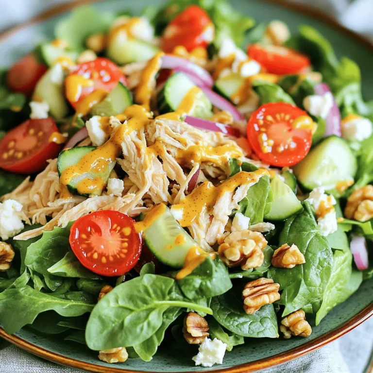 - 2 cups cooked chicken breast - 4 cups mixed salad greens - 1/2 cup cherry tomatoes - 1/4 cup red onion - 1/2 cucumber - 1/4 cup walnuts - 1/4 cup feta cheese - 1/4 cup honey - 2 tablespoons Dijon mustard - 2 tablespoons apple cider vinegar - 1/4 cup extra virgin olive oil - Salt and pepper to taste - Additional cherry tomatoes - Extra dressing for drizzling The key to a great Honey Mustard Chicken Salad lies in its fresh ingredients. Start with cooked chicken breast. It adds protein and makes the salad hearty. I like to use shredded chicken for easy eating. Next, mix in bright salad greens. These add color and crunch. I often choose a mix of spinach, arugula, and romaine for a variety of flavors. Cherry tomatoes bring sweetness. They look good and taste amazing. Red onions add a sharp touch. Slice them thin for the best flavor. Cucumber gives a refreshing crunch, making every bite enjoyable. Walnuts are a must for a nutty taste and satisfying texture. Finally, add feta cheese for creaminess that ties it all together. For the dressing, honey is essential. It adds a sweet touch that balances the tangy mustard. Dijon mustard gives the dressing a nice kick. Apple cider vinegar adds brightness. Extra virgin olive oil brings richness. Season with salt and pepper to taste for a well-rounded flavor. You can make this salad even more fun with optional garnishes. Extra cherry tomatoes or a bit more dressing on top can make it look fancy. You can find the full recipe [here](Full Recipe). - Combine honey, Dijon mustard, apple cider vinegar, and olive oil in a small bowl. - Whisk until emulsified and season with salt and pepper. This dressing brings a sweet and tangy flavor that makes your salad shine. The honey adds sweetness, while the mustard gives it a nice kick. Apple cider vinegar brightens the mix, and olive oil adds richness. Whisk it well so that all the flavors mix together smoothly. - Mix shredded chicken, salad greens, cherry tomatoes, red onion, cucumber, and walnuts in a large bowl. - Toss gently to combine. In this step, you create a colorful base for your salad. The shredded chicken provides protein, while the greens add vitamins. Cherry tomatoes and cucumber give freshness, and walnuts add crunch. Toss gently to keep the greens from bruising while making sure everything is evenly mixed. - Drizzle dressing over the salad and toss until coated. - Top with crumbled feta cheese. Drizzling the dressing over the salad lets every bite shine with flavor. Toss it well so that the dressing coats all the ingredients. Finally, add crumbled feta cheese on top for a creamy finish. This adds a lovely saltiness that balances the sweetness of the honey. Follow this method for a vibrant Honey Mustard Chicken Salad. For the complete recipe, check out the Full Recipe section. Chill your salad for 30 minutes before serving. This helps the flavors blend well. Adjust the seasoning based on your taste. If you prefer it sweeter, add more honey. For a tangy kick, use extra vinegar. Serving the salad in individual bowls creates an elegant look. It feels special and personal. Garnish with extra cherry tomatoes and a drizzle of dressing. This adds color and vibrancy to your dish. Using leftover rotisserie chicken is a great shortcut. It saves time and adds flavor. For a fresh taste, opt for homemade dressing. It’s easy to make and tastes much better than store-bought. You can find the full recipe for the dressing in the previous section. {{image_4}} You can change the protein in this salad to suit your taste. Swap chicken for grilled shrimp or chickpeas for a fun twist. Grilled shrimp adds a nice char and a touch of seafood. Chickpeas give a hearty feel and are a great plant-based option. You can also add sliced hard-boiled eggs for extra protein. Eggs bring a creamy texture and a boost of nutrients to your meal. The greens in your salad can change the taste and feel. You can substitute mixed greens with spinach or kale. Spinach adds a soft texture, while kale brings a crunchy bite. Both are rich in vitamins. If you want a peppery kick, include arugula. It gives a nice contrast to the sweet honey mustard dressing. Consider adding fruits like apples or pears for extra sweetness. Crunchy apples pair well with the dressing, while pears add soft sweetness. You can also add avocado for creaminess. Avocado not only tastes great but also offers healthy fats. Mixing these flavors will make your Honey Mustard Chicken Salad even more delicious. Check out the Full Recipe for more ideas on how to create your own unique dish! Store your Honey Mustard Chicken Salad in an airtight container. It will stay fresh for up to 3 days. Keeping the dressing separate helps keep the greens crisp. Pour it over the salad just before serving. I do not recommend freezing this salad. Freezing changes the texture of the greens. They can become mushy when thawed. To make meal prep easy, prepare salad ingredients ahead of time. Store them in individual containers. This way, you can grab and mix them when you are ready to eat. It saves time and makes lunch quick and easy! You can easily transform this dish. Use plant-based chicken as a substitute. For the dressing, choose a vegan alternative without honey. This keeps the flavor while fitting a vegan diet. To keep your salad fresh, store it in an airtight container. Make sure to eat it within 3 days for the best taste and texture. Absolutely! You can swap walnuts with almonds or pecans. Both options add a unique crunch and flavor to your salad. Yes, this recipe is naturally gluten-free. Just double-check that your mustard is also gluten-free to ensure no hidden gluten sneaks in. If you enjoy heat, add sliced jalapeños or a dash of hot sauce to the dressing. This adds a nice kick and elevates the flavor profile. For the full recipe, check out the detailed steps to create this delicious Honey Mustard Chicken Salad! This blog post gives you a tasty way to make a Honey Mustard Chicken Salad. We covered all the ingredients, including main items and dressings, plus optional garnishes. I explained how to prepare the dressing and assemble the salad step by step. Remember, you can customize it with different proteins and greens. It’s easy to store and perfect for meal prep. With these tips, you can enjoy a fresh and healthy dish anytime. Try it out, and tweak it to fit your taste!