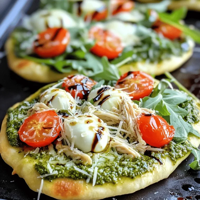 - 2 flatbreads (store-bought or homemade) - 1 cup cooked chicken breast, shredded - 1/2 cup basil pesto - 1 cup cherry tomatoes, halved - 1 cup fresh mozzarella cheese, shredded - 1/4 cup grated Parmesan cheese - 2 cups fresh arugula - 1 tablespoon balsamic glaze (for drizzling) - Salt and pepper to taste When I make pesto chicken flatbread, I love to keep it simple yet flavorful. The main ingredients are easy to find. You can use flatbreads from the store or make them at home if you feel adventurous. The cooked chicken breast gives a nice protein boost. Shredding it saves time and blends well with the pesto. Speaking of pesto, don’t skimp on it! That half cup packs a lot of flavor into each bite. Now for the toppings! Halved cherry tomatoes add a burst of freshness. I usually go for fresh mozzarella cheese, as it melts beautifully. A sprinkle of grated Parmesan cheese adds a nice, salty kick. Finally, the garnishes tie everything together. Fresh arugula adds a peppery crunch, while balsamic glaze brings a sweet tang. Don’t forget to season with salt and pepper to taste. You can find the Full Recipe to help guide you through the steps and enjoy this tasty meal! - Preheat the oven to 400°F (200°C). - Prepare flatbreads on a lined baking sheet. I like parchment paper for easy cleanup. - Spread basil pesto evenly over each flatbread. Make sure to cover every inch for the best flavor. - Distribute shredded chicken evenly over the pesto. This adds protein and makes it hearty. - Top with halved cherry tomatoes and cheeses. The tomatoes bring freshness, and the cheese melts beautifully. - Season with salt and pepper, then bake for 10-12 minutes. Look for melted cheese and a golden edge. - Let cool for a minute and add fresh arugula. This adds a nice crunch and balance. - Drizzle with balsamic glaze before serving. The tangy sweetness pairs well with all the flavors. For the full recipe, check out the details above! To achieve a golden-brown edge, keep an eye on the oven. Bake the flatbread at 400°F (200°C) for about 10-12 minutes. Watch for the cheese to melt and the edges to crisp up. If you want more color, broil for a minute at the end. Balancing toppings is key for optimal flavor. Spread the pesto evenly, but don’t overload it. A layer of chicken, followed by cheese, gives it a nice structure. Use cherry tomatoes for a fresh burst, but not too many. This way, the flavors shine without overwhelming the flatbread. For side dishes, pair your flatbread with a light salad or some roasted veggies. A simple arugula salad with lemon vinaigrette works great. For drinks, try sparkling water or a light white wine. These choices keep the meal refreshing. When presenting at gatherings, serve the flatbreads on a large wooden board. Cut them into small squares for easy sharing. Garnish with extra arugula and cherry tomatoes to make it colorful and inviting. You can create vegetarian variations by swapping chicken for roasted veggies. Try using zucchini, bell peppers, or mushrooms. They add great flavor and texture. To spice it up, add some red pepper flakes or sliced jalapeños. You can also use different cheeses like goat cheese or feta for a unique twist. Don't be afraid to experiment; this dish is all about your taste! {{image_4}} You can switch up your protein for the Pesto Chicken Flatbread. Grilled shrimp offers a nice, light flavor. Shrimp cooks quickly and pairs well with pesto. If you prefer beef, grilled steak can bring rich flavors. Slice it thin and spread it over the flatbread. For those on a plant-based diet, use chickpeas or tofu as a vegan substitute. Both options soak up the pesto’s flavor well. To give your flatbread a special twist, try different types of pesto. Sun-dried tomato pesto can add a rich, sweet taste. You can also make a spicy version with red pepper flakes or add fresh herbs like basil or oregano. These additions can take your dish to the next level. Experiment with flavors that you enjoy to personalize your flatbread. Using seasonal vegetables can elevate your flatbread. Fresh zucchini, bell peppers, or asparagus can add color and crunch. Choose what is in season for the best flavor. For holidays or gatherings, tailor your toppings. Use festive colors, like red and green bell peppers for Christmas. This way, you can impress your guests with both taste and presentation. For the full recipe, check out the details above! To keep your pesto chicken flatbread fresh, store leftovers in an airtight container. This helps lock in moisture and flavor. You can also wrap each flatbread in plastic wrap. If you want to keep them warm, use foil. Make sure to cool them to room temperature before storing. This prevents condensation from making them soggy. When you are ready to eat your leftover flatbread, use the oven for the best results. Preheat your oven to 350°F (175°C). Place the flatbreads on a baking sheet and heat for about 10 minutes. This method helps keep the crust crispy. You can also use a skillet on low heat. Cover it with a lid to warm the toppings without drying them out. Yes, you can freeze pesto chicken flatbread! To freeze, wrap each flatbread tightly in plastic wrap, then place them in a freezer bag. This helps avoid freezer burn. When you want to eat them, take the flatbreads out and let them thaw in the fridge overnight. To reheat, simply follow the reheating instructions above. Enjoy your homemade meal anytime! For the full recipe, check out the earlier sections. It takes about 10 minutes to prep. The total cooking time is around 12 minutes. So, you can have this tasty dish ready in just 22 minutes. Yes, you can! Use gluten-free flatbreads instead. Many stores have good options. You can also make your own using gluten-free flour. I love to pair this dish with a fresh salad. A simple arugula salad works great. You can also serve it with some crispy veggies or roasted potatoes. Look for melted, bubbly cheese. The edges should turn a nice golden brown. The ideal temperature is 165°F (74°C) in the center. This shows it's hot and ready to enjoy! In this blog post, I walked you through the tasty pesto chicken flatbread. We covered the main ingredients, preparation steps, and some great tips to enhance your dish. Remember, these flatbreads are fun to customize with different proteins and veggies. Proper storage and reheating keep them fresh and flavorful. Enjoy this easy meal with friends or family, and feel free to get creative with your toppings. Happy cooking!