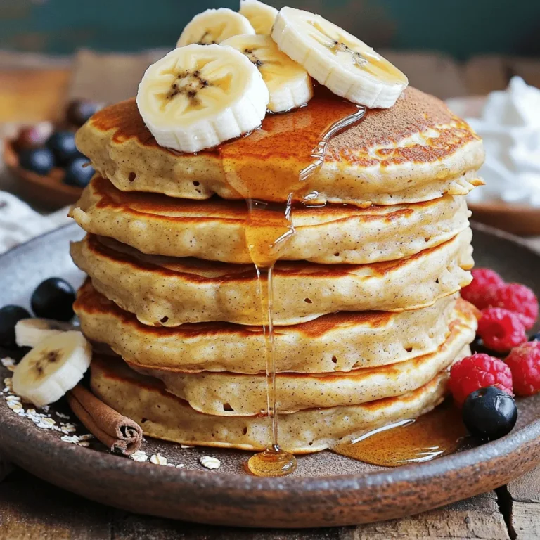 To make Healthy Banana Oat Pancakes, you need the following ingredients: - 1 cup rolled oats - 1 ripe banana, well-mashed - 1 cup almond milk (or your preferred milk) - 1 tablespoon baking powder - 1/2 teaspoon ground cinnamon - 1/4 teaspoon sea salt - 1 tablespoon honey or maple syrup (optional for sweetness) - 1 teaspoon pure vanilla extract - Coconut oil or non-stick cooking spray for greasing These ingredients create a tasty and healthy pancake. The oats give the pancakes a wonderful texture, while the banana adds natural sweetness. Almond milk keeps it light, and a hint of cinnamon brings warmth to each bite. You can swap almond milk for any milk you like, so feel free to make it yours! For the full recipe, check out the detailed steps to create your pancakes. Enjoy making these delicious treats! To start, grab your rolled oats and place them in a blender. Blend on high until they turn into a fine flour. This oat flour will be the main ingredient for your pancakes. It gives them a nice texture and flavor. Next, take a large bowl. Add the oat flour, baking powder, ground cinnamon, and sea salt. Mix them well. Make sure everything is evenly blended. This step is key for a good rise and taste. Now, grab a ripe banana. Mash it in a separate bowl until smooth. Then, pour in the almond milk and add the vanilla extract. If you want a touch of sweetness, add honey or maple syrup. Stir until you have a smooth mixture. Slowly pour your wet mix into the dry mix. Use a spatula to fold it together gently. Don't overmix; a few lumps are fine. This helps keep your pancakes fluffy and light. Heat a non-stick skillet over medium heat. Lightly grease it with coconut oil or non-stick spray. Pour about 1/4 cup of batter for each pancake. Cook until bubbles form on top, about 2-3 minutes. Flip them carefully and cook for another 1-2 minutes. They should be golden brown and cooked through. For the full details, check the Full Recipe. To make your pancakes fluffy, avoid overmixing the batter. When you mix too much, the pancakes can turn out tough. Stir until the wet and dry ingredients just combine. A few lumps are okay! You also want to adjust the cooking temperature. If your skillet is too hot, the pancakes can burn. Keep it on medium heat. This way, they cook evenly and get that nice golden brown color. For an appealing dish, stack the pancakes neatly on a plate. Drizzle honey or maple syrup on top. Add fresh banana slices for extra flavor. A sprinkle of cinnamon makes it look great too. Think about adding a side of creamy Greek yogurt or a mix of colorful berries. This not only enhances the look but also adds taste and nutrition. Use essential utensils for making pancakes. A mixing bowl and a whisk are key. A sturdy spatula helps flip the pancakes easily. I recommend using non-stick cookware. This prevents pancakes from sticking and makes cleanup simple. A good non-stick skillet or griddle works best for cooking these delicious pancakes. For the full recipe, check out the details above! {{image_4}} You can easily modify this recipe to fit your diet. For gluten-free pancakes, use certified gluten-free oats. They work just like regular oats but are safe for those with gluten issues. If you want dairy-free pancakes, swap regular milk for plant-based milk. Almond milk or oat milk are great choices. To make your pancakes even tastier, add chocolate chips or nuts. They give a nice crunch and extra flavor. You can also try infusing spices like nutmeg or vanilla for a flavor boost. These simple changes make each bite exciting. Get creative with how you serve your pancakes! Stack them high and top with a fruit compote. This adds sweetness and color. You can also try savory versions by mixing in herbs or veggies. Adding spinach or chives can give a fun twist to your breakfast. For the [Full Recipe], check out the detailed steps to create these delightful pancakes! You can store leftover pancakes in the fridge. Place them in an airtight container. They will stay fresh for up to three days. If you want to keep them longer, freezing is a great option. Just remember to cool them first before storing. To freeze pancakes, stack them with parchment paper in between. This keeps them from sticking together. Wrap the stack tightly in plastic wrap, then place it in a freezer bag. You can keep them frozen for up to three months. When you’re ready to eat, just pull out as many as you need. To reheat pancakes, you have a few good options. You can use the microwave for quick heating. Just place them on a plate and cover with a damp paper towel. Heat for 20-30 seconds. For a crispier texture, try reheating in a skillet over medium heat. This method helps keep them fluffy and warm. To make Healthy Banana Oat Pancakes, follow these steps: 1. Blend 1 cup of rolled oats into fine flour. 2. In a bowl, mix the oat flour, 1 tablespoon of baking powder, 1/2 teaspoon of ground cinnamon, and 1/4 teaspoon of sea salt. 3. In another bowl, mash 1 ripe banana and mix it with 1 cup of almond milk, 1 tablespoon of honey (optional), and 1 teaspoon of vanilla extract. 4. Combine both mixtures gently without overmixing. 5. Heat a skillet and grease it lightly. 6. Pour 1/4 cup of batter for each pancake. 7. Cook until bubbles form, then flip and brown the other side. You can find the full recipe above. If you need an oat substitute, consider: - Almond flour - Whole wheat flour - Rice flour - Quinoa flour These options can help create a similar texture. Yes, you can use: - Soy milk - Coconut milk - Oat milk - Cow's milk Each milk type brings its flavor, so choose what you like best. Pancakes can last in the fridge for about 3 to 5 days. Store them in an airtight container to keep them fresh. Some tasty topping options include: - Fresh fruits like berries or bananas - Greek yogurt for creaminess - Maple syrup or honey for sweetness - Chopped nuts for crunch Get creative and mix your favorites! These healthy banana oat pancakes are simple and delicious. We blended oats into flour, then combined it with mashed banana, almond milk, and spices to create the batter. Remember to cook them gently to keep them fluffy. You can customize these pancakes with fruits, nuts, or different milks to match your taste. Experiment with various toppings or even savory versions. You can store leftovers in the fridge or freeze them for later. Enjoy making this tasty dish, and share it with friends and family!