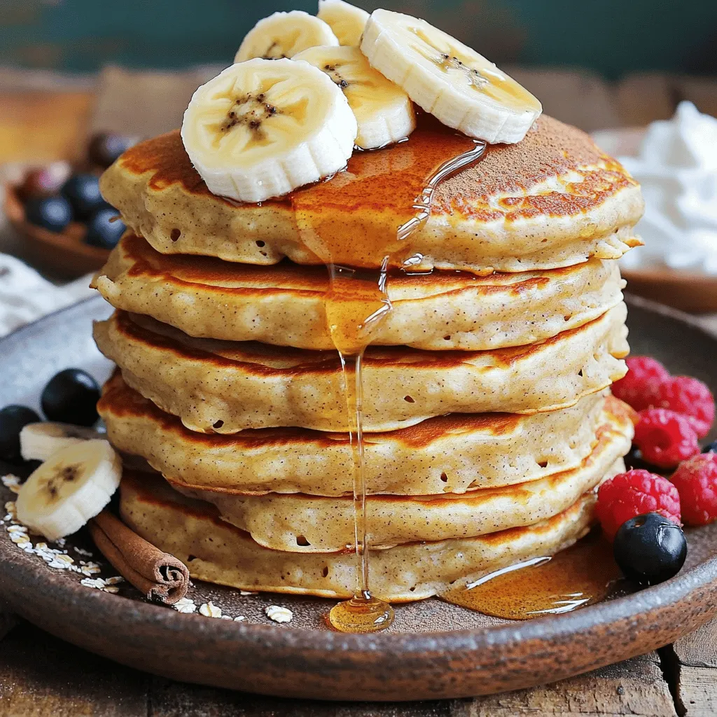 To make Healthy Banana Oat Pancakes, you need the following ingredients: - 1 cup rolled oats - 1 ripe banana, well-mashed - 1 cup almond milk (or your preferred milk) - 1 tablespoon baking powder - 1/2 teaspoon ground cinnamon - 1/4 teaspoon sea salt - 1 tablespoon honey or maple syrup (optional for sweetness) - 1 teaspoon pure vanilla extract - Coconut oil or non-stick cooking spray for greasing These ingredients create a tasty and healthy pancake. The oats give the pancakes a wonderful texture, while the banana adds natural sweetness. Almond milk keeps it light, and a hint of cinnamon brings warmth to each bite. You can swap almond milk for any milk you like, so feel free to make it yours! For the full recipe, check out the detailed steps to create your pancakes. Enjoy making these delicious treats! To start, grab your rolled oats and place them in a blender. Blend on high until they turn into a fine flour. This oat flour will be the main ingredient for your pancakes. It gives them a nice texture and flavor. Next, take a large bowl. Add the oat flour, baking powder, ground cinnamon, and sea salt. Mix them well. Make sure everything is evenly blended. This step is key for a good rise and taste. Now, grab a ripe banana. Mash it in a separate bowl until smooth. Then, pour in the almond milk and add the vanilla extract. If you want a touch of sweetness, add honey or maple syrup. Stir until you have a smooth mixture. Slowly pour your wet mix into the dry mix. Use a spatula to fold it together gently. Don't overmix; a few lumps are fine. This helps keep your pancakes fluffy and light. Heat a non-stick skillet over medium heat. Lightly grease it with coconut oil or non-stick spray. Pour about 1/4 cup of batter for each pancake. Cook until bubbles form on top, about 2-3 minutes. Flip them carefully and cook for another 1-2 minutes. They should be golden brown and cooked through. For the full details, check the Full Recipe. To make your pancakes fluffy, avoid overmixing the batter. When you mix too much, the pancakes can turn out tough. Stir until the wet and dry ingredients just combine. A few lumps are okay! You also want to adjust the cooking temperature. If your skillet is too hot, the pancakes can burn. Keep it on medium heat. This way, they cook evenly and get that nice golden brown color. For an appealing dish, stack the pancakes neatly on a plate. Drizzle honey or maple syrup on top. Add fresh banana slices for extra flavor. A sprinkle of cinnamon makes it look great too. Think about adding a side of creamy Greek yogurt or a mix of colorful berries. This not only enhances the look but also adds taste and nutrition. Use essential utensils for making pancakes. A mixing bowl and a whisk are key. A sturdy spatula helps flip the pancakes easily. I recommend using non-stick cookware. This prevents pancakes from sticking and makes cleanup simple. A good non-stick skillet or griddle works best for cooking these delicious pancakes. For the full recipe, check out the details above! {{image_4}} You can easily modify this recipe to fit your diet. For gluten-free pancakes, use certified gluten-free oats. They work just like regular oats but are safe for those with gluten issues. If you want dairy-free pancakes, swap regular milk for plant-based milk. Almond milk or oat milk are great choices. To make your pancakes even tastier, add chocolate chips or nuts. They give a nice crunch and extra flavor. You can also try infusing spices like nutmeg or vanilla for a flavor boost. These simple changes make each bite exciting. Get creative with how you serve your pancakes! Stack them high and top with a fruit compote. This adds sweetness and color. You can also try savory versions by mixing in herbs or veggies. Adding spinach or chives can give a fun twist to your breakfast. For the [Full Recipe], check out the detailed steps to create these delightful pancakes! You can store leftover pancakes in the fridge. Place them in an airtight container. They will stay fresh for up to three days. If you want to keep them longer, freezing is a great option. Just remember to cool them first before storing. To freeze pancakes, stack them with parchment paper in between. This keeps them from sticking together. Wrap the stack tightly in plastic wrap, then place it in a freezer bag. You can keep them frozen for up to three months. When you’re ready to eat, just pull out as many as you need. To reheat pancakes, you have a few good options. You can use the microwave for quick heating. Just place them on a plate and cover with a damp paper towel. Heat for 20-30 seconds. For a crispier texture, try reheating in a skillet over medium heat. This method helps keep them fluffy and warm. To make Healthy Banana Oat Pancakes, follow these steps: 1. Blend 1 cup of rolled oats into fine flour. 2. In a bowl, mix the oat flour, 1 tablespoon of baking powder, 1/2 teaspoon of ground cinnamon, and 1/4 teaspoon of sea salt. 3. In another bowl, mash 1 ripe banana and mix it with 1 cup of almond milk, 1 tablespoon of honey (optional), and 1 teaspoon of vanilla extract. 4. Combine both mixtures gently without overmixing. 5. Heat a skillet and grease it lightly. 6. Pour 1/4 cup of batter for each pancake. 7. Cook until bubbles form, then flip and brown the other side. You can find the full recipe above. If you need an oat substitute, consider: - Almond flour - Whole wheat flour - Rice flour - Quinoa flour These options can help create a similar texture. Yes, you can use: - Soy milk - Coconut milk - Oat milk - Cow's milk Each milk type brings its flavor, so choose what you like best. Pancakes can last in the fridge for about 3 to 5 days. Store them in an airtight container to keep them fresh. Some tasty topping options include: - Fresh fruits like berries or bananas - Greek yogurt for creaminess - Maple syrup or honey for sweetness - Chopped nuts for crunch Get creative and mix your favorites! These healthy banana oat pancakes are simple and delicious. We blended oats into flour, then combined it with mashed banana, almond milk, and spices to create the batter. Remember to cook them gently to keep them fluffy. You can customize these pancakes with fruits, nuts, or different milks to match your taste. Experiment with various toppings or even savory versions. You can store leftovers in the fridge or freeze them for later. Enjoy making this tasty dish, and share it with friends and family!