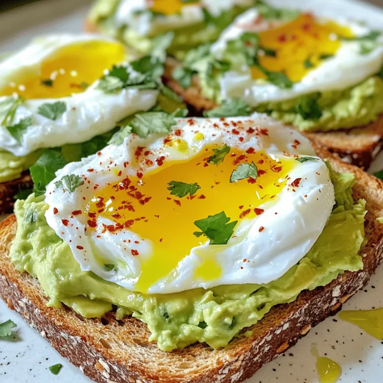 - 2 slices of whole grain bread - 1 ripe avocado - 2 large eggs - 1 tablespoon fresh lemon juice - Salt and freshly ground black pepper, to taste - ¼ teaspoon red chili flakes (optional) - Fresh herbs (cilantro or chives), finely chopped - A drizzle of extra virgin olive oil - Additional toppings (e.g., feta, smoked salmon) When I create avocado toast with poached eggs, I focus on fresh, quality ingredients. Whole grain bread gives a hearty base that pairs well with creamy avocado. I love to choose a ripe avocado; it should feel soft but not mushy. The eggs should be large and fresh, as they will become the star of the dish. The seasoning is simple yet vital. The fresh lemon juice adds brightness. I always have salt and black pepper on hand. For a bit of heat, I use red chili flakes. Fresh herbs, like cilantro or chives, add a lovely finishing touch. If you want to elevate your toast, consider optional add-ons. A drizzle of extra virgin olive oil enhances the flavor. You can also add toppings like feta or smoked salmon. These choices allow you to customize your toast to your taste. This dish combines nutrition and flavor, making it a perfect start to the day. You can find the Full Recipe linked here for a complete guide to making this delicious meal. Start by choosing your favorite bread. You can use a toaster or a grill. If you use a toaster, just pop in the slices. For grilling, lay the bread on a hot grill for a few minutes. You want your bread to be golden brown. This gives your toast a nice crunch and holds up the toppings well. Grab a ripe avocado and cut it in half. Be careful when removing the pit! Scoop the green flesh into a bowl. Use a fork to mash it. You can go for a smooth or chunky texture, depending on your taste. Add one tablespoon of fresh lemon juice to keep it bright and green. Sprinkle in some salt and black pepper. If you like heat, toss in a bit of red chili flakes. Mix it well and set aside. Fill a medium saucepan with water and bring it to a gentle simmer. Crack an egg into a small bowl. To make a whirlpool, stir the water with a spoon. Gently slide the egg into the center of the whirlpool. This helps shape the egg as it cooks. Poach the egg for about three minutes for a soft yolk or four minutes for a firmer one. Use a slotted spoon to lift the egg out and let it drain. Repeat with the second egg. Now it’s time to build your masterpiece! Take the toasted bread and spread a generous layer of avocado mash on each slice. Place one poached egg on top of each slice. Let the yolk run over the creamy avocado. This adds a delicious touch. For a pretty finish, drizzle some extra virgin olive oil on top. Sprinkle with fresh herbs like cilantro or chives for color and taste. Enjoy your creation! You can find the full recipe for Avocado Toast with Poached Egg above. To prevent eggs from breaking while poaching, use fresh eggs. Fresh eggs hold their shape better. When you crack an egg, do it into a small bowl first. This technique lets you see any broken yolks. Then, gently slide the egg into the simmering water. For the yolk's firmness, time is key. Poach the egg for about three minutes for a runny yolk. For a firmer yolk, extend the time to four minutes. Use a slotted spoon to lift the egg out of the water. Place it on a paper towel to drain excess water. When mashing avocado, decide if you want a smooth or chunky texture. For a smooth mash, use a fork to mash thoroughly. If you prefer it chunky, mash just enough to leave some small pieces. This adds a nice bite to your toast. To enhance flavor, try adding spices like garlic powder or cumin. Fresh herbs like cilantro or chives also boost taste. A pinch of salt and a squeeze of lemon juice brighten the flavor and keep the avocado from browning. Choosing the right bread is important. Whole grain bread offers a nutty flavor and hearty texture. Sourdough gives a tangy twist. For a lighter option, try rye or a gluten-free bread. You can also add flavor in many ways. Top the toast with sliced tomatoes or radishes for crunch. A sprinkle of feta cheese adds creaminess. For a spicy kick, drizzle with hot sauce or add sliced jalapeños. These little changes can create a unique twist on classic avocado toast. Check out the Full Recipe for a complete guide to making this delicious dish. {{image_4}} You can make your avocado toast more inclusive. For a gluten-free option, try using gluten-free bread. This way, those with gluten allergies can still enjoy this tasty dish. Look for bread made from almond flour or rice flour. They offer a great texture and flavor. If you want a vegan twist, swap out the poached egg. Use aquafaba, the liquid from canned chickpeas, instead. Whip it until fluffy. This will give you a light, airy topping that’s vegan-friendly. You can also try using tofu scramble for a protein boost. Want to jazz up your avocado toast? Add some Mediterranean flair! Toss in chopped olives, diced tomatoes, or crumbled feta cheese. This gives your dish a fresh taste and brings in new textures. A sprinkle of oregano or basil can enhance these flavors even more. If you like spice, try different types of chili. Sliced jalapeños or a dash of sriracha can add a nice kick. You can also mix in chili flakes or a spicy oil. These tiny changes can transform your dish into a fiery delight! Fresh produce can keep your avocado toast exciting all year. In spring, add radishes or fresh peas for a crisp bite. During summer, toss on ripe tomatoes or corn. Fall brings delicious pumpkin seeds or roasted squash. In winter, think about using citrus fruits to brighten the dish. Herbs can be a fun way to switch things up too. In the spring, use fresh dill or chives. In the summer, basil shines. Fall can bring sage or thyme, while winter might call for parsley or rosemary. These small touches can change your avocado toast in amazing ways. For the full recipe, check out the section above! To keep your avocado fresh, store it in an airtight container. You can add a little lemon juice to slow down browning. If you have leftover toast, keep it in a paper bag. This helps it stay crisp. For poached eggs, use a shallow container with a lid. Place the eggs in cold water to keep them moist. They should be used within a day for the best taste. To reheat toasted bread, place it in a toaster or an oven. This helps it regain its crunch. You can also use a skillet over medium heat. Just heat it for a few minutes until warm. For leftover avocado mash, a quick stir with a fork can help. If it's thick, add a little lemon juice or water. This brings back its creamy texture. In the fridge, avocados can last about 3 to 5 days if ripe. If they are not ripe, they can last longer. Always check for dark spots on the skin. A fresh avocado feels firm but gives slightly when pressed. For eggs, poached ones last about 1 day in the fridge. Check for any off smells or changes in texture before using. To make the perfect poached egg, follow these steps: - Heat water: Fill a medium saucepan with water and bring it to a gentle simmer. - Prepare the egg: Crack the egg into a small bowl. This helps you slide it in gently. - Create a whirlpool: Use a spoon to stir the water in a circular motion. This keeps the egg together. - Add the egg: Slowly slide the egg into the center of the whirlpool. - Timing: Poach for about 3 minutes for a runny yolk or 4 minutes for a firmer yolk. - Remove and drain: Use a slotted spoon to take out the egg. Place it on a paper towel to remove excess water. This method gives you a smooth, soft egg with a lovely runny yolk. Yes, you can prepare parts of your avocado toast in advance. Here are some tips: - Toast the bread: You can toast the bread up to a day ahead. Store it in an airtight bag. - Prepare the avocado: Mash the avocado just before serving. To keep it fresh, add lemon juice and cover it tightly. - Poach eggs ahead: You can poach eggs in advance. Store them in cold water in the fridge. Reheat in hot water when ready to serve. This way, you can enjoy your avocado toast quickly, even on busy mornings. Choosing the right bread can enhance your avocado toast. Here are some great options: - Whole grain bread: It has more fiber and nutty flavor. - Sourdough: Its tangy taste pairs well with creamy avocado. - Rye bread: Offers a unique taste with a chewy texture. - Gluten-free bread: Perfect for those avoiding gluten. Each of these breads brings something special to your dish. Yes, avocado toast is packed with nutrients. Here are some benefits: - Healthy fats: Avocados have monounsaturated fats that are good for your heart. - Vitamins: They are rich in vitamins C, E, and K, which support skin and immune health. - Fiber: Avocados provide fiber, aiding digestion and keeping you full longer. This makes avocado toast a smart choice for breakfast or a snack. To make your avocado toast more filling, try these ideas: - Add protein: Top with poached eggs, smoked salmon, or feta cheese. - Include nuts or seeds: Sprinkle chia seeds or sliced almonds for a crunch. - Mix in veggies: Add sliced tomatoes, radishes, or spinach for extra nutrients. These additions will keep you satisfied throughout the morning. For the complete recipe, check [Full Recipe]. Avocado toast is a simple yet delicious dish that brings joy to meals. We discussed the key ingredients—whole grain bread, ripe avocados, and poached eggs. You learned the best methods for toasting, mashing, and poaching for perfect texture. We shared tips for variations to fit dietary needs and storage info to keep your ingredients fresh. Remember, this tasty meal can be customized however you like. Enjoy making your own avocado toast and make it a regular delight in your kitchen!