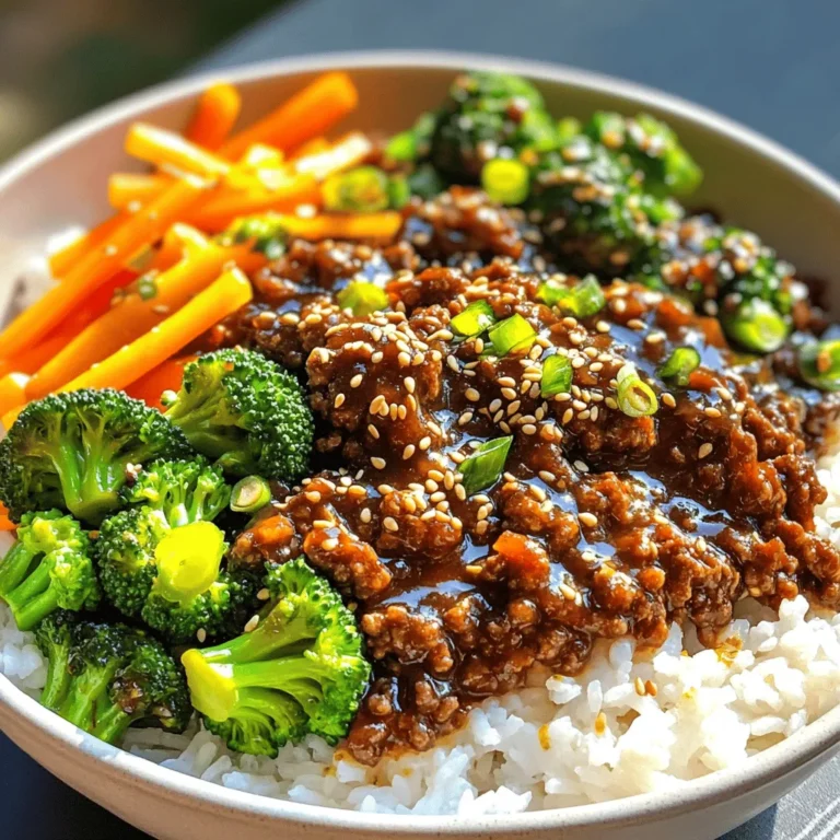 - 1 lb ground beef (80% lean) - 1 tablespoon sesame oil - 4 cloves garlic, minced - 1-inch piece of ginger, grated - 1/4 cup low-sodium soy sauce - 2 tablespoons brown sugar - 1 tablespoon gochujang (Korean chili paste) - 1 teaspoon cornstarch mixed with 1 tablespoon water - 2 green onions, chopped (white and green parts separated) - 1 cup cooked white or brown rice - 1 cup broccoli florets - 1 carrot, julienned - 1 tablespoon olive oil - Sesame seeds for garnish I love how simple it is to gather these ingredients. You can find them all at your local store. Start with the ground beef. I prefer 80% lean for flavor and moisture. Next, grab sesame oil, garlic, and ginger. They create an amazing base for the dish. You will also need soy sauce for saltiness, brown sugar for sweetness, and gochujang for a spicy kick. The cornstarch mixed with water helps thicken the sauce. The green onions add freshness and crunch. Now, for the veggies! Broccoli and carrots bring color and nutrition to your meal. Lastly, rice serves as a perfect base. You can use white or brown rice based on your preference. Don’t forget sesame seeds for that final touch! For the full recipe, you can check the details above. Enjoy cooking! - Heat sesame oil in a large skillet. - Sauté garlic and ginger for 30 seconds. First, pour sesame oil into your skillet. This oil adds a nutty taste. Heat it over medium-high heat. When the oil is hot, toss in minced garlic and grated ginger. Stir them quickly for about 30 seconds. You want to smell that amazing aroma! - Add ground beef and break apart with a spatula. - Cook until browned (5-7 minutes). Now, it's time to add the ground beef. Use your spatula to break it into small pieces. Cook it for 5 to 7 minutes. Stir until the beef is brown and no pink remains. This step gives your bowl a hearty base. - Stir in soy sauce, brown sugar, and gochujang. - Simmer for 2 minutes to blend flavors. Once the beef is browned, it’s sauce time! Add low-sodium soy sauce, brown sugar, and gochujang. Mix everything well. Let it simmer for 2 minutes. This allows the flavors to blend nicely. - Add cornstarch-water mixture to thicken sauce. - Fold in chopped green onion whites. To thicken the sauce, add the cornstarch mixed with water. Stir it in until the sauce coats the beef nicely. After that, fold in the chopped green onion whites. This adds a fresh crunch. - Heat olive oil in a separate pan. - Sauté broccoli and carrots for 4-5 minutes. In a different pan, heat olive oil over medium heat. Add your broccoli and julienned carrots. Sauté them for about 4 to 5 minutes. You want them tender but still crunchy. - Create a rice base in each bowl. - Top with beef mixture and sautéed vegetables. - Garnish with sesame seeds and green onion greens. Now, let’s put it all together! Start with a scoop of rice at the bottom of each bowl. Then, add the savory beef mixture on top. Arrange the sautéed vegetables beside the beef for a pop of color. Finish it off with sesame seeds and the green parts of the green onions for garnish. Enjoy your delicious Korean Beef Bowls! For the complete recipe, check the Full Recipe section above. You can marinate ground beef to boost its flavor. Use soy sauce, garlic, and ginger. Mix these ingredients and let the beef sit for at least 30 minutes. This allows the beef to soak up the taste. You can make it even better by adding a splash of sesame oil. This simple step adds depth to your dish. Always remember to keep the beef in the fridge while marinating. To keep veggies crunchy, use high heat. Heat your pan before adding oil. This helps prevent sticking. Add the vegetables in a single layer. Don't crowd the pan. This way, they cook evenly. Stir them quickly but gently. Aim for about 4-5 minutes of cooking. Your broccoli should stay bright green and crisp. The carrots should be tender yet firm. Plating your meal well makes it more appealing. Start with a scoop of rice as the base. Then, add the beef mixture on one side. Arrange the sautéed broccoli and carrots on the other. This creates a colorful look. Sprinkle sesame seeds on top for crunch. Finally, add some green onion tops for a fresh touch. This makes your Korean Beef Bowls not just tasty but also beautiful. For the full recipe, check out the detailed instructions above. {{image_4}} You can make your Korean Beef Bowls even better by adding more vegetables. Try colorful bell peppers, snap peas, or even zucchini. These veggies add crunch and nutrition. Just chop them up and sauté them along with the broccoli and carrots. This keeps everything fresh and tasty. If you want to switch things up, consider using different proteins. Ground turkey or chicken is a great choice if you want a lighter meal. For a plant-based option, use tofu instead of beef. Just cube the tofu and sauté it until golden. Both alternatives work well with the same flavors and sauces. You can also play with the flavors in your beef bowls. Try adding different sauces like teriyaki or sweet chili for a new twist. Experiment with spices, too. A dash of sesame seeds or a sprinkle of red pepper flakes can change the taste. This way, you can enjoy various flavors each time you make your meal. For the full recipe, check out the details above. To keep your Korean Beef Bowls fresh, store them in an airtight container. This helps keep moisture in and air out. You can store the bowls in the refrigerator for up to three days. Make sure to separate the beef from the rice and veggies if you can. This helps each part stay fresh longer. When it's time to eat your leftovers, reheating is key. Use a microwave-safe dish for easy reheating. Heat the beef and veggies together for about 1-2 minutes. Stir halfway to ensure even heating. If you use the stove, heat on low in a pan. Add a splash of water to keep it moist while warming. Freezing is a great way to save Korean Beef Bowls for later. Place the cooled beef and veggies in freezer bags. Lay them flat to save space. You can freeze them for up to three months. To defrost, move them to the fridge overnight. Reheat as mentioned above. Enjoy your meal anytime! If you don’t have gochujang, try these options: - Sriracha with a bit of sugar - Chili paste mixed with soy sauce - Miso paste mixed with a little red pepper flakes These will give you some heat without losing flavor. Gochujang adds depth, but these alternatives can work well. Yes, you can prepare Korean Beef Bowls ahead of time. Follow these tips: - Cook the beef and sauce, then cool it down before storing. - Keep rice and vegetables separate to stay fresh. - Store everything in airtight containers in the fridge for up to 3 days. When you’re ready to eat, just reheat and combine! These sides go great with your Korean Beef Bowls: - Kimchi adds a spicy kick and crunch. - Cucumber salad offers a refreshing contrast. - Steamed dumplings make a filling addition. - Pickled vegetables can brighten up your meal. All these pair well and enhance the flavors of the bowls! This blog post gave you a clear path to making delicious Korean Beef Bowls. We covered the ingredients needed, easy steps to follow, and tips for getting the best flavors. Remember, you can change ingredients or make extras to fit your taste. Don’t forget about storing or reheating leftovers, too. These bowls are not just tasty; they're simple to customize and perfect for any meal. Enjoy creating your own tasty versions at home!