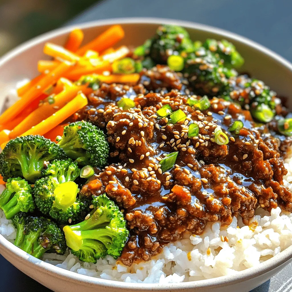 - 1 lb ground beef (80% lean) - 1 tablespoon sesame oil - 4 cloves garlic, minced - 1-inch piece of ginger, grated - 1/4 cup low-sodium soy sauce - 2 tablespoons brown sugar - 1 tablespoon gochujang (Korean chili paste) - 1 teaspoon cornstarch mixed with 1 tablespoon water - 2 green onions, chopped (white and green parts separated) - 1 cup cooked white or brown rice - 1 cup broccoli florets - 1 carrot, julienned - 1 tablespoon olive oil - Sesame seeds for garnish I love how simple it is to gather these ingredients. You can find them all at your local store. Start with the ground beef. I prefer 80% lean for flavor and moisture. Next, grab sesame oil, garlic, and ginger. They create an amazing base for the dish. You will also need soy sauce for saltiness, brown sugar for sweetness, and gochujang for a spicy kick. The cornstarch mixed with water helps thicken the sauce. The green onions add freshness and crunch. Now, for the veggies! Broccoli and carrots bring color and nutrition to your meal. Lastly, rice serves as a perfect base. You can use white or brown rice based on your preference. Don’t forget sesame seeds for that final touch! For the full recipe, you can check the details above. Enjoy cooking! - Heat sesame oil in a large skillet. - Sauté garlic and ginger for 30 seconds. First, pour sesame oil into your skillet. This oil adds a nutty taste. Heat it over medium-high heat. When the oil is hot, toss in minced garlic and grated ginger. Stir them quickly for about 30 seconds. You want to smell that amazing aroma! - Add ground beef and break apart with a spatula. - Cook until browned (5-7 minutes). Now, it's time to add the ground beef. Use your spatula to break it into small pieces. Cook it for 5 to 7 minutes. Stir until the beef is brown and no pink remains. This step gives your bowl a hearty base. - Stir in soy sauce, brown sugar, and gochujang. - Simmer for 2 minutes to blend flavors. Once the beef is browned, it’s sauce time! Add low-sodium soy sauce, brown sugar, and gochujang. Mix everything well. Let it simmer for 2 minutes. This allows the flavors to blend nicely. - Add cornstarch-water mixture to thicken sauce. - Fold in chopped green onion whites. To thicken the sauce, add the cornstarch mixed with water. Stir it in until the sauce coats the beef nicely. After that, fold in the chopped green onion whites. This adds a fresh crunch. - Heat olive oil in a separate pan. - Sauté broccoli and carrots for 4-5 minutes. In a different pan, heat olive oil over medium heat. Add your broccoli and julienned carrots. Sauté them for about 4 to 5 minutes. You want them tender but still crunchy. - Create a rice base in each bowl. - Top with beef mixture and sautéed vegetables. - Garnish with sesame seeds and green onion greens. Now, let’s put it all together! Start with a scoop of rice at the bottom of each bowl. Then, add the savory beef mixture on top. Arrange the sautéed vegetables beside the beef for a pop of color. Finish it off with sesame seeds and the green parts of the green onions for garnish. Enjoy your delicious Korean Beef Bowls! For the complete recipe, check the Full Recipe section above. You can marinate ground beef to boost its flavor. Use soy sauce, garlic, and ginger. Mix these ingredients and let the beef sit for at least 30 minutes. This allows the beef to soak up the taste. You can make it even better by adding a splash of sesame oil. This simple step adds depth to your dish. Always remember to keep the beef in the fridge while marinating. To keep veggies crunchy, use high heat. Heat your pan before adding oil. This helps prevent sticking. Add the vegetables in a single layer. Don't crowd the pan. This way, they cook evenly. Stir them quickly but gently. Aim for about 4-5 minutes of cooking. Your broccoli should stay bright green and crisp. The carrots should be tender yet firm. Plating your meal well makes it more appealing. Start with a scoop of rice as the base. Then, add the beef mixture on one side. Arrange the sautéed broccoli and carrots on the other. This creates a colorful look. Sprinkle sesame seeds on top for crunch. Finally, add some green onion tops for a fresh touch. This makes your Korean Beef Bowls not just tasty but also beautiful. For the full recipe, check out the detailed instructions above. {{image_4}} You can make your Korean Beef Bowls even better by adding more vegetables. Try colorful bell peppers, snap peas, or even zucchini. These veggies add crunch and nutrition. Just chop them up and sauté them along with the broccoli and carrots. This keeps everything fresh and tasty. If you want to switch things up, consider using different proteins. Ground turkey or chicken is a great choice if you want a lighter meal. For a plant-based option, use tofu instead of beef. Just cube the tofu and sauté it until golden. Both alternatives work well with the same flavors and sauces. You can also play with the flavors in your beef bowls. Try adding different sauces like teriyaki or sweet chili for a new twist. Experiment with spices, too. A dash of sesame seeds or a sprinkle of red pepper flakes can change the taste. This way, you can enjoy various flavors each time you make your meal. For the full recipe, check out the details above. To keep your Korean Beef Bowls fresh, store them in an airtight container. This helps keep moisture in and air out. You can store the bowls in the refrigerator for up to three days. Make sure to separate the beef from the rice and veggies if you can. This helps each part stay fresh longer. When it's time to eat your leftovers, reheating is key. Use a microwave-safe dish for easy reheating. Heat the beef and veggies together for about 1-2 minutes. Stir halfway to ensure even heating. If you use the stove, heat on low in a pan. Add a splash of water to keep it moist while warming. Freezing is a great way to save Korean Beef Bowls for later. Place the cooled beef and veggies in freezer bags. Lay them flat to save space. You can freeze them for up to three months. To defrost, move them to the fridge overnight. Reheat as mentioned above. Enjoy your meal anytime! If you don’t have gochujang, try these options: - Sriracha with a bit of sugar - Chili paste mixed with soy sauce - Miso paste mixed with a little red pepper flakes These will give you some heat without losing flavor. Gochujang adds depth, but these alternatives can work well. Yes, you can prepare Korean Beef Bowls ahead of time. Follow these tips: - Cook the beef and sauce, then cool it down before storing. - Keep rice and vegetables separate to stay fresh. - Store everything in airtight containers in the fridge for up to 3 days. When you’re ready to eat, just reheat and combine! These sides go great with your Korean Beef Bowls: - Kimchi adds a spicy kick and crunch. - Cucumber salad offers a refreshing contrast. - Steamed dumplings make a filling addition. - Pickled vegetables can brighten up your meal. All these pair well and enhance the flavors of the bowls! This blog post gave you a clear path to making delicious Korean Beef Bowls. We covered the ingredients needed, easy steps to follow, and tips for getting the best flavors. Remember, you can change ingredients or make extras to fit your taste. Don’t forget about storing or reheating leftovers, too. These bowls are not just tasty; they're simple to customize and perfect for any meal. Enjoy creating your own tasty versions at home!