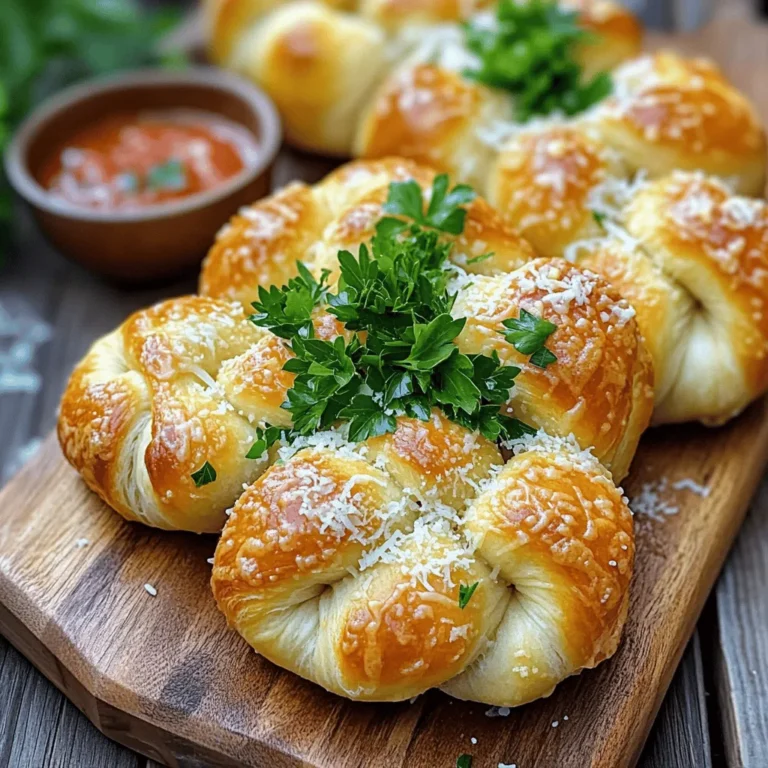 To make these tasty knots, gather these ingredients: - 1 package (16 oz) refrigerated pizza dough - 4 tablespoons unsalted butter, melted - 3 cloves of garlic, finely minced - 1/2 cup freshly grated Parmesan cheese - 1 teaspoon dried Italian herbs (like oregano, basil, or thyme) - 1/4 teaspoon red pepper flakes (optional, for a little extra heat) - A pinch of salt, to taste - Fresh parsley, chopped, for garnish You can swap store-bought pizza dough for homemade dough if you prefer. Use any cheese you like, such as mozzarella or cheddar, for a different flavor. If you don’t have fresh garlic, garlic powder works too. For the herbs, dried ones are fine. If you want a kick, add more red pepper flakes or crushed black pepper. Fresh parsley adds a nice touch, but you can skip it if you want. Choose pizza dough that is near its expiration date. This helps ensure it’s soft and easy to work with. When picking garlic, look for firm bulbs without any sprouts or soft spots. For Parmesan cheese, choose a block you can grate yourself for the best flavor. If you buy pre-grated cheese, check the packaging for a good date. Fresh parsley should be vibrant and not wilted. These small details make a big difference in taste! Start by preheating your oven to 400°F (200°C). This helps the knots bake evenly. Next, grab a clean surface and lightly sprinkle it with flour. Roll out the pizza dough into a rectangle. Aim for a thickness of about 1/4 inch. This thickness gives the knots a nice, fluffy texture. Once you have your rectangle, cut the dough into strips. Each strip should measure about 1 inch wide and 6 inches long. This size is perfect for knot formation. Now comes the fun part: making the knots! For each strip, twist it gently and tuck one end through the loop. This creates a beautiful knot shape. Place these knots on a baking sheet lined with parchment paper. Make sure to leave space between each knot. This space allows them to rise and bake without sticking together. In a small bowl, combine melted butter, minced garlic, dried Italian herbs, red pepper flakes, and a pinch of salt. Mix this until it's well blended. This garlic butter mixture is key to flavor. Generously brush this mixture over each knot. Make sure every part is coated. This ensures your knots soak up all the deliciousness. After brushing, sprinkle freshly grated Parmesan cheese on top of each knot. This will melt and add a lovely, cheesy crust. Now, place the baking sheet in the oven. Bake for 15-20 minutes or until the knots turn golden brown. Once they’re done, let them cool for a few minutes. Finally, garnish with chopped parsley for that fresh flavor. Enjoy your Easy Garlic Parmesan Knots! For the full recipe, check out the [Full Recipe]. To make soft and fluffy garlic knots, you need to handle the dough gently. When you roll out the pizza dough, keep it about 1/4 inch thick. Cutting strips too thin can lead to crispy knots, which is not what we want. Always twist your knots tightly to ensure they hold their shape during baking. To enhance the flavor, use fresh garlic when making your garlic butter. Freshly minced garlic gives a strong, bold taste that dried garlic cannot match. Also, use high-quality Parmesan cheese for a rich, nutty flavor. If you like a bit of heat, add red pepper flakes. This little kick makes the knots even better. Bake your garlic knots at 400°F (200°C) for the best results. This temperature helps them rise nicely and get golden brown. Keep an eye on them after 15 minutes. Ovens can vary, so check for a golden color. If they need more time, add a few extra minutes. Always let them cool for a couple of minutes before serving. This lets the flavors settle and makes them easier to eat. For the full recipe, check the details above. {{image_4}} You can switch up the cheese in your garlic knots. Mozzarella gives a nice, gooey texture. Cheddar adds a sharp flavor. Feta offers a crumbly, salty kick. Each cheese brings its own twist. Try mixing different cheeses for a fun flavor blend. Want to spice things up? Add herbs like rosemary or thyme to your garlic butter. You can also try spices like paprika or cayenne for heat. Fresh basil adds a bright taste. These small changes create a new taste experience. Experiment with what you love! You can make these knots gluten-free easily. Use gluten-free pizza dough instead of regular dough. For a vegan twist, swap butter for oil and use nutritional yeast in place of cheese. These swaps let everyone enjoy your tasty knots. You can still keep them delicious! Check the Full Recipe for more tips. After you bake your garlic parmesan knots, let them cool down. Place any leftovers in an airtight container. This helps keep them fresh. You can store them at room temperature for up to two days. If you want them to last longer, move them to the fridge. They will stay good for about a week in there. When you are ready to enjoy your leftover knots, reheating them is easy. Preheat your oven to 350°F (175°C). Place the knots on a baking sheet and cover them with foil. This keeps them from drying out. Heat for about 10 minutes or until warm. You can also use a microwave, but they might get a bit chewy. If you have a lot of leftover knots, freezing is a great option. First, let them cool completely. Then, wrap each knot in plastic wrap. Place the wrapped knots in a freezer bag or container. Label the bag with the date. They can stay in the freezer for up to three months. To eat them, thaw in the fridge overnight, then reheat as mentioned above. For the full recipe, check out the details above. Garlic parmesan knots last about 2-3 days at room temperature. Store them in an airtight container to keep them fresh. If you want to extend their life, consider freezing them. They can last up to three months in the freezer. Just make sure to wrap them well to prevent freezer burn. Yes, you can make the dough ahead of time. Just prepare the dough and store it in the fridge for up to 24 hours. When you're ready to bake, let it sit at room temperature for about 30 minutes. This helps it relax and makes it easier to work with. You can serve garlic parmesan knots with marinara sauce for dipping. They also go well with garlic butter or a creamy ranch dressing. Pair them with your favorite pasta dish or a fresh salad for a complete meal. Yes, you can make these knots in advance! Prepare the knots and place them on a baking sheet. Cover them with plastic wrap and refrigerate for up to 2 hours before baking. When you're ready to eat, just take them out, let them sit for a few minutes, then bake as directed. Absolutely! You can use homemade pizza dough for these knots. Just ensure it is well-kneaded and has risen properly. This will give you a nice texture and flavor. You can find the full recipe for garlic parmesan knots using either type of dough. You now have a complete guide for making Easy Garlic Parmesan Knots. We covered the ingredients, step-by-step instructions, and tips for the best results. You learned about variations to suit your taste and how to store any leftovers. With this knowledge, you can create delicious knots each time. Remember, the key is fresh ingredients and proper baking techniques. Enjoy the process and make these knots your own!