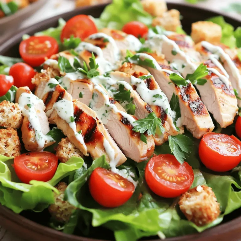 To make a great Healthy Chicken Caesar Salad, you need fresh and vibrant ingredients. Here’s what to gather: - 2 boneless, skinless chicken breasts - 1 tablespoon extra-virgin olive oil - Sea salt and freshly cracked black pepper, to taste - 6 cups fresh romaine lettuce, thoroughly chopped - 1 cup juicy cherry tomatoes, halved - 1/4 cup finely grated Parmesan cheese (or nutritional yeast for a vegan twist) - 1/4 cup whole grain croutons (store-bought or homemade for added crunch) These fresh ingredients provide flavor and nutrition. Fresh romaine adds crunch, while juicy tomatoes bring sweetness. Chicken is a great source of lean protein. It helps build muscle and keeps you feeling full. If you want other options, consider these: - Grilled shrimp for a seafood twist - Sliced turkey for a lighter choice - Tofu for a plant-based protein These lean proteins keep the salad healthy and delicious. They add variety if you want to switch things up. The dressing makes or breaks the salad. For a healthy twist, I use Greek yogurt. It’s creamy and tangy. Gather these ingredients for the dressing: - 1/4 cup plain Greek yogurt - 2 tablespoons freshly squeezed lemon juice - 1 tablespoon Dijon mustard - 1 clove garlic, finely minced If you want a lighter option, skip the cheese. You can use nutritional yeast instead. This will keep the flavor while making it vegan. For the Full Recipe, remember to follow the steps for a tasty meal. Enjoy making your Healthy Chicken Caesar Salad! To start, preheat your grill or grill pan over medium-high heat. This step is key for juicy chicken. Next, take your two boneless, skinless chicken breasts and coat them lightly with extra-virgin olive oil. Season both sides with sea salt and freshly cracked black pepper. Grill the chicken for about 6-7 minutes on each side. You want the chicken to reach an internal temperature of 165°F (75°C). Once done, let the chicken rest for about 5 minutes. Then slice it into thin strips for easy serving. In a large mixing bowl, combine 6 cups of chopped romaine lettuce and 1 cup of halved cherry tomatoes. This mix creates a fresh and colorful base for your salad. The crisp romaine and juicy tomatoes add both crunch and flavor. Toss them together gently to spread the ingredients evenly. For the dressing, grab a small bowl. Whisk together 1/4 cup of plain Greek yogurt, 2 tablespoons of freshly squeezed lemon juice, 1 tablespoon of Dijon mustard, and 1 clove of finely minced garlic. This mix will give your dressing that creamy texture and zesty flavor. Season with salt and pepper to taste. Make sure it is smooth and creamy. Drizzle the dressing over your salad base and toss gently until everything is well coated. Now, your Healthy Chicken Caesar Salad is almost ready to serve. Place those sliced grilled chicken strips on top, add 1/4 cup of finely grated Parmesan cheese, and sprinkle with 1/4 cup of crunchy whole grain croutons. Finally, garnish with chopped fresh parsley for a pop of color and taste. Enjoy your meal! For the complete recipe, check out the [Full Recipe]. To keep your chicken juicy, start with good quality meat. I recommend using boneless, skinless chicken breasts. Seal in moisture by using a grill or grill pan. Coat the chicken with olive oil and season it well. Grill each side for about 6-7 minutes. Check that the internal temperature hits 165°F (75°C). Let the chicken rest for five minutes before slicing. This helps keep the juices locked inside. When it’s time to toss, be gentle. You want to coat the greens without bruising them. Start by placing the chopped romaine and cherry tomatoes in a large bowl. Drizzle the dressing over the top. Use your hands or salad tongs to mix. Toss lightly until the lettuce is evenly coated. This makes every bite flavorful without overdoing it. Croutons add a delightful crunch to your salad. You can use store-bought whole grain croutons for ease. If you prefer homemade, cube stale bread and toss it with olive oil and seasoning. Bake until golden and crisp. For a twist, try using garlic-flavored croutons. They pair well with the Caesar dressing. Either way, don't skip the croutons; they make the salad exciting! For the full recipe, check out the [Full Recipe]. {{image_4}} If you want a vegetarian twist, swap out the chicken for chickpeas or grilled tofu. Chickpeas add protein and fiber. Tofu offers a nice texture. You can season them with the same spices as the chicken. For an extra punch, add roasted veggies like zucchini or bell peppers. This keeps the salad hearty and satisfying without meat. For a gluten-free option, choose gluten-free croutons or skip them altogether. Use a gluten-free dressing to avoid any gluten. Many brands offer gluten-free Caesar dressings, or you can make your own. Just mix Greek yogurt, lemon juice, and garlic for a creamy base without gluten. This ensures everyone can enjoy the salad. When looking to cut calories, use yogurt-based dressings instead of heavy creams. Greek yogurt is a great base. It adds creaminess without the extra fat. You can also mix in some vinegar or lemon juice for tang. For a zesty kick, add herbs like dill or basil. This keeps the flavor strong while keeping calories low. Explore these variations to find what suits your taste best. For the full recipe, check the link to enjoy a delicious meal! You can store leftover salad in an airtight container. Make sure to keep the dressing separate. This keeps the lettuce fresh and crisp. The salad will stay good for about two days in the fridge. If you add the dressing, it may get soggy. Always check for any signs of spoilage before eating. When you store grilled chicken, place it in a container with a lid. To reheat, use a microwave or a skillet. Heat it until it reaches 165°F (75°C). This ensures it is safe to eat. Do not overcook the chicken, as it can dry out. Adding a splash of water can help keep it moist. For meal prep, slice the chicken and store it in separate containers. Pre-chop lettuce and tomatoes and keep them in the fridge. This saves time during busy days. Make the dressing ahead of time and store it in a jar. This way, your Healthy Chicken Caesar Salad is ready to enjoy any time. Check the [Full Recipe] for more details on making this tasty dish! A Healthy Chicken Caesar Salad has about 350-400 calories per serving. This can vary based on the dressing and toppings you choose. Using Greek yogurt instead of mayo helps cut calories. This salad is filling but light, making it a great choice for lunch or dinner. Yes, you can use different greens! While romaine is classic, you can try spinach, kale, or mixed greens. Each green brings its own flavor and texture. Use what you enjoy or what you have on hand. Mixing greens can also add color and nutrients. You can easily make this salad vegan. Substitute chicken with grilled tofu or chickpeas for protein. Use nutritional yeast in place of Parmesan cheese. For dressing, swap Greek yogurt for a vegan option like cashew cream or a tahini-based dressing. These changes keep the salad tasty and healthy. For the full recipe, check out the detailed list of ingredients and instructions. This blog post covered everything you need for a Healthy Chicken Caesar Salad. We explored fresh ingredients, lean proteins, and lighter dressings. I shared step-by-step instructions to prepare the chicken and mix the salad. Tips helped ensure juicy chicken, the perfect toss, and crunchy croutons. Also, we looked at variations, storage tips, and answered common questions. Now, you can enjoy this salad with confidence and creativity!