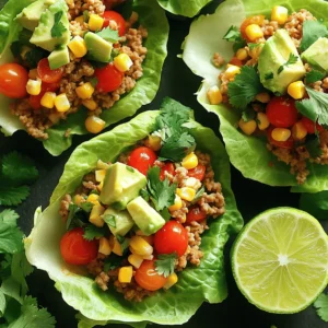 - Ground chicken - Olive oil - Onion and garlic - Spices For the base of my Chicken Taco Lettuce Wraps, I choose ground chicken. It cooks quickly and absorbs flavors well. I add olive oil to keep the meat moist and enhance the taste. Onion and garlic bring depth to the dish. The spices, including chili powder, cumin, and smoked paprika, make it truly special. - Cherry tomatoes - Corn kernels - Avocado - Lime I love adding fresh ingredients to my wraps. Cherry tomatoes provide a burst of sweetness. Corn kernels add a nice crunch. I always include ripe avocado for creaminess. A squeeze of lime juice brightens up the flavors and ties everything together. - Fresh cilantro - Salsa For the finishing touch, I sprinkle fresh cilantro on top. It adds a fresh, herbal note. Salsa on the side gives an extra kick. You can choose your favorite salsa for added flavor. If you want details on how to make these wraps, check the Full Recipe for step-by-step guidance. To start, we need to make the chicken filling. First, heat 1 tablespoon of olive oil in a large skillet over medium heat. Once the oil is hot, add 1 small chopped onion. Sauté the onion for about 3-4 minutes until it turns soft and clear. Next, add 2 cloves of minced garlic to the skillet. Stir and let it cook for another minute. This step adds a rich flavor to your filling. Now, it's time for the ground chicken. Add 1 pound of ground chicken to the skillet. Use a wooden spoon to break it apart. Cook for 6-8 minutes until the chicken is brown and cooked through. When the chicken is ready, sprinkle in 1 tablespoon of chili powder, 1 teaspoon of ground cumin, 1 teaspoon of smoked paprika, ½ teaspoon of sea salt, and ½ teaspoon of black pepper. Stir well to coat the chicken with the spices. Once the chicken is well-seasoned, it’s time to add some fresh ingredients. Toss in 1 cup of halved cherry tomatoes and 1 cup of corn kernels. Mix everything together and cook for 2-3 minutes. This will soften the tomatoes and blend their juices with the chicken. After that, remove the skillet from the heat. Squeeze the juice of 1 lime over the chicken mixture. This adds a nice zing and bright flavor. Toss everything gently to combine all the flavors. Now comes the fun part: assembling your wraps! Take a head of iceberg or butter lettuce and carefully separate the leaves. Choose the largest leaves to hold your filling. Spoon a generous amount of the chicken mixture into the center of each lettuce leaf. Then, top it off with diced avocado for creaminess. Finish with a sprinkle of fresh cilantro for an extra burst of flavor. Arrange the wraps on a platter and serve with salsa on the side. This adds a nice kick to each bite. For the full recipe, refer to the section above. Enjoy your healthy and tasty chicken taco lettuce wraps! To make chicken taco lettuce wraps truly pop, choose the right spices. I love using chili powder, cumin, and smoked paprika. These spices add depth and warmth. You can adjust the amount based on your taste. If you like heat, add more chili powder or a dash of cayenne pepper. For a milder taste, cut back on the spices. Taste the filling as you cook, and make it yours! A good-looking dish makes it more fun to eat. Arrange the lettuce wraps on a bright platter. Add some extra cilantro leaves on top. A lime wedge next to the salsa adds a splash of color. You can also sprinkle some diced tomatoes for a fresh look. These small touches can make your meal feel like a feast! When sautéing chicken, use medium heat to avoid burning. Stir it often to get a nice brown color. Browned chicken gives a rich flavor. Cook it until it’s no longer pink. This ensures it’s safe to eat and tastes great. For a tasty filling, mix in the spices after the chicken cooks. This helps the spices blend well. Follow these tips for a perfect chicken texture in your wraps! {{image_4}} You can easily swap chicken for other proteins. Ground turkey works well. It has a similar flavor and texture but is leaner. Ground beef is another tasty option. Use a mix of spices to keep it flavorful. For plant-based options, try lentils or crumbled tofu. They soak up the spices and add great texture. Want to add more flavor? Include diced bell peppers or chopped zucchini. These veggies bring extra crunch and color. Beans, like black or pinto, can boost protein and fiber. For a spicy kick, add diced jalapeños or a dash of hot sauce. You can also sprinkle crushed red pepper flakes over your wraps for heat. Pair your chicken taco lettuce wraps with fresh sides. A light salad or corn salsa complements the meal well. You can also serve them with tortilla chips for crunch. For a fun twist, make a taco bar. Lay out all the toppings and let everyone build their own wraps. This makes it interactive and enjoyable! If you want the full recipe, you can find it in the main article. To store leftovers properly, put them in an airtight container. This keeps them fresh and tasty. You can store the chicken filling in the fridge for up to three days. Just make sure it cools down before sealing it. If you want to save the chicken filling for later, freezing is a great option. Place the cooled filling in a freezer-safe bag, removing as much air as you can. This helps prevent freezer burn. You can freeze it for up to three months. When you're ready to eat, thaw it in the fridge overnight. To reheat, gently warm it in a skillet or microwave until hot. You might have leftover ingredients after making these wraps. Use the extra lettuce leaves for salads or sandwiches. The diced avocado can be added to smoothies for a creamy texture. Any leftover corn or tomatoes work well in omelets or grain bowls. You could also make a quick salsa with the extra tomatoes and serve it with chips. To make Chicken Taco Lettuce Wraps, start by cooking ground chicken in a skillet with olive oil, onion, and garlic. Once the chicken is browned, add chili powder, cumin, smoked paprika, sea salt, and black pepper. Stir in cherry tomatoes and corn. Finally, squeeze fresh lime juice over the mixture. Spoon the blend into lettuce leaves and add avocado and cilantro on top. Serve with salsa on the side. For the full recipe, click here. Yes, you can use different types of lettuce. Butter lettuce works well for a soft wrap. Romaine offers a nice crunch and sturdiness. You can also try green leaf lettuce for a fresh taste. Each type gives a unique feel to your wraps. If you want a change, you can use ground turkey or beef. For a plant-based option, try lentils or chickpeas. Shredded chicken also works great. These options keep the dish flavorful and fun. To keep lettuce fresh, wash the leaves gently. Dry them with a clean towel or salad spinner. Store the leaves in a plastic bag with a paper towel to absorb moisture. Keep them in the fridge's crisper drawer. This way, you can enjoy crisp lettuce for days. In this article, I shared how to make tasty Chicken Taco Lettuce Wraps. We explored the key ingredients like ground chicken, fresh veggies, and spices. I provided easy steps to prepare the filling, add fresh ingredients, and assemble the wraps. Plus, I included tips for flavor, presentation, and variations to suit your taste. Overall, these wraps are not just simple; they’re fun and healthy. Enjoy your cooking and feel free to make these wraps your own!