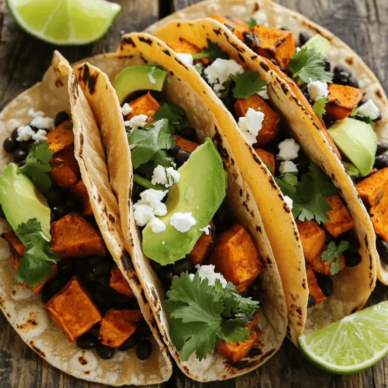 To make sweet potato black bean tacos, you'll need fresh and tasty ingredients. Here’s what you should gather: - 2 medium sweet potatoes, peeled and diced into 1/2-inch cubes - 1 can (15 oz) black beans, thoroughly drained and rinsed - 1 tablespoon extra virgin olive oil - 1 teaspoon ground cumin - 1 teaspoon smoked paprika - 1/2 teaspoon chili powder - Salt and black pepper to taste - 8 small corn tortillas - 1 ripe avocado, sliced into thin rounds - 1/4 cup fresh cilantro, finely chopped - 1 lime, cut into wedges for serving - Optional: 1/2 cup feta cheese, crumbled for topping These ingredients work together to create a dish that is both flavorful and healthy. The sweet potatoes add a natural sweetness. Black beans provide protein and fiber, making these tacos hearty. The spices give a pleasant warmth and depth to the dish. You can choose to add feta cheese for a salty kick, but it’s not required. Each bite will be packed with nutrients, making it a great meal any day of the week. For the full recipe, check out the details above. Happy cooking! First, preheat your oven to 425°F (220°C). This step is key for roasting. While the oven heats, take two medium sweet potatoes. Peel and dice them into half-inch cubes. Place these cubes in a large bowl. Add one tablespoon of extra virgin olive oil, one teaspoon of ground cumin, one teaspoon of smoked paprika, and half a teaspoon of chili powder. Don’t forget salt and black pepper to taste. Mix all these ingredients well to coat the sweet potatoes evenly. Next, transfer the seasoned sweet potatoes to a baking sheet lined with parchment paper. Spread them out in a single layer. Now, roast the sweet potatoes in the oven for 25 to 30 minutes. Stir them halfway through cooking. This helps them cook evenly and caramelize nicely. You want them tender and lightly browned when done. While the sweet potatoes roast, warm one can of black beans in a small saucepan over medium heat. Stir occasionally for about five minutes. You can add a pinch of salt if you wish. For the tortillas, heat a dry skillet over medium heat. Place each corn tortilla in the skillet for about 30 seconds on each side. This will make them warm and easy to fold. After the sweet potatoes roast, it’s time to build your tacos. Start with a spoonful of black beans on each tortilla. Then, add a generous portion of the roasted sweet potatoes. Top it all off with slices of avocado and a sprinkle of fresh cilantro. If you like, you can add crumbled feta cheese. Serve your tacos warm with lime wedges on the side. You can find the full recipe above. To get the best flavor from sweet potatoes, roasting is key. Here are some tips: - Uniform Size: Cut your sweet potatoes into 1/2-inch cubes. This helps them cook evenly. - Even Spacing: Spread the cubes out on the baking sheet. Leave space between them to allow air to circulate. - High Heat: Set your oven to 425°F (220°C). This temperature caramelizes the sugars, giving a sweet, rich flavor. - Stir Midway: Halfway through roasting, stir the potatoes. This ensures all sides get that golden brown color. Warm tortillas are essential for tasty tacos. Here’s how to keep them intact: - Dry Skillet Method: Use a dry skillet over medium heat. Place each tortilla in for about 30 seconds on each side. This warms them without tearing. - Cover with a Towel: After warming, stack the tortillas and cover them with a clean towel. This keeps them warm and soft until serving. The way you present your tacos can make them even more inviting. Consider these tips: - Colorful Platter: Arrange the tacos on a bright platter. Garnish with lime wedges and extra cilantro for a pop of color. - Fresh Salsa: Serve with a side of fresh salsa. This adds flavor and freshness to each bite. - Add Texture: Consider topping with crumbled feta cheese. This adds a creamy texture that contrasts nicely with the sweet potatoes. For the full recipe, check out the [Full Recipe]. {{image_4}} To make these tacos vegan, skip the feta cheese. The black beans and sweet potatoes provide great flavor and protein. You can also add a dollop of dairy-free yogurt for creaminess. A squeeze of lime enhances the taste, too. These small changes keep the dish delicious and plant-based. If you want to switch things up, consider using other veggies. Bell peppers, zucchini, or corn work well. Each one adds a unique flavor. You can also swap black beans for pinto or kidney beans. They will give the dish a different twist while keeping it healthy. To make the dish spicier, add more chili powder or diced jalapeños. If you prefer a milder taste, reduce the chili powder. You can also serve fresh salsa or hot sauce on the side. This way, everyone can adjust the heat to their liking. For the full recipe, check out the detailed steps above. To keep your sweet potato black bean tacos fresh, follow these tips: - Refrigerate: Place leftover tacos in an airtight container. They will stay fresh for up to 3 days. - Freeze: If you want to keep them longer, freeze the filling and tortillas separately. This way, they last up to 3 months. Reheating your tacos correctly is key to keeping their taste and texture. Here’s how: - Microwave: To reheat, put a taco on a microwave-safe plate. Heat for 30-45 seconds. - Skillet: For a crispier taco, heat a skillet on medium heat. Warm each taco for about 1-2 minutes on each side. Knowing how long your ingredients last helps reduce waste. Here’s a quick guide: - Sweet potatoes: Raw sweet potatoes last 1-2 weeks in a cool, dark place. - Black beans: Canned black beans last for years if unopened. Once opened, store them in the fridge for 3-4 days. - Prepared tacos: Store them in the fridge and enjoy within 3 days for the best taste. For a full recipe, check out the details above! You can try several tasty substitutes. Some great options include: - Butternut squash: It has a similar sweetness and texture. - Regular potatoes: They will not be as sweet but will work well. - Pumpkin: This will give a nice fall flavor to your tacos. - Carrots: They add a crunchy texture and a hint of sweetness. These substitutes can change the taste, but they will still be delicious! Yes, you can prepare these tacos ahead of time. Here are some tips: - Roast the sweet potatoes in advance. Store them in an airtight container. - Warm the black beans and keep them in the fridge. They will stay fresh for a few days. - You can heat the tortillas just before serving. This keeps them fresh and soft. Assembling the tacos just before serving keeps them from getting soggy. Yes, sweet potato black bean tacos are quite healthy. Here are some benefits: - Sweet potatoes are high in vitamins A and C. They also provide fiber. - Black beans add protein and more fiber. They help keep you full. - This dish is plant-based, making it great for veggie lovers. - Using fresh ingredients like cilantro and avocado boosts the nutrition. Overall, these tacos are a great choice for a healthy meal. Making these tacos gluten-free is simple. Here are your options: - Use corn tortillas: They are naturally gluten-free and work well. - Check labels for gluten-free tortillas: Some brands offer soft options. - Avoid any toppings with gluten, like certain sauces. These changes will help ensure your tacos are safe for those with gluten intolerance. For the full recipe, refer to the Sweet Potato Black Bean Tacos section. You now know how to make delicious sweet potato black bean tacos. Start with fresh, simple ingredients like sweet potatoes, black beans, and tortillas. Follow the steps for roasting and assembling, adding your favorite toppings. Remember the tips for perfecting your dish and explore variations for your taste. Enjoy creating these tasty tacos for any meal. They are healthy, fun to make, and great for sharing. Your family and friends will love them!