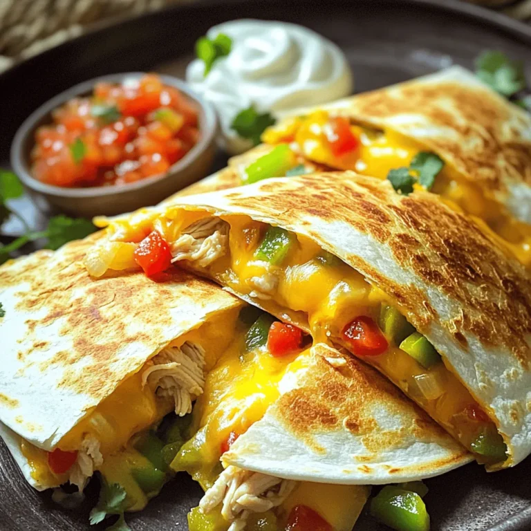 Here’s what you need for simple chicken quesadillas: - 2 cups cooked chicken, shredded - 1 cup shredded cheese (cheddar or cheese blend) - 4 large flour tortillas - 1 red bell pepper, diced - 1 green bell pepper, diced - 1 small onion, finely chopped - 1 teaspoon garlic powder - 1 teaspoon ground cumin - Salt and freshly ground black pepper, to taste - 2 tablespoons olive oil - Salsa and sour cream, for serving These ingredients create a flavorful and satisfying meal. I love using cooked chicken because it saves time. You can use leftovers or rotisserie chicken. Fresh bell peppers add a nice crunch and color. The spices, like garlic powder and cumin, enhance the taste without overpowering it. Feel free to experiment with different cheese blends. A mix of cheeses gives a rich flavor and great melt. Using flour tortillas makes the quesadillas soft and easy to fold. For a crispier option, you may choose corn tortillas. If you want to try something new, consider adding jalapeños or black beans. This mix of ingredients leads to a quick and tasty dish that everyone enjoys. For the full recipe, check out the link provided. - Step 1: Heat 1 tablespoon of olive oil in a large skillet over medium heat. Add the finely chopped onion and the diced red and green bell peppers. Cook them for about 5-7 minutes. Stir until they are soft and fragrant. - Step 2: Next, mix 2 cups of shredded cooked chicken with 1 teaspoon of garlic powder, 1 teaspoon of ground cumin, and a sprinkle of salt and pepper. Add this mix to the skillet. Stir well for 3-4 minutes until everything is hot and combined. - Step 3: Wipe the skillet clean with a paper towel. Heat the other tablespoon of olive oil. Place one large flour tortilla in the skillet. On one half, layer 1 cup of shredded cheese. Top it with a scoop of the chicken and pepper mix. Add more cheese on top. Fold the tortilla in half, pressing gently to seal. Cook the quesadilla for about 3-4 minutes on one side until golden brown. Flip it carefully and cook for another 3-4 minutes. Remove it from the skillet and repeat with the rest of the tortillas and filling. Cut each quesadilla into wedges. Enjoy with salsa and sour cream for a tasty meal! For a more detailed guide, check out the Full Recipe. - Use a non-stick skillet for easy cooking. This helps prevent sticking and makes cleanup quick. - Choose cheeses that melt well. Cheddar and a blend work great for creamy texture. - Pair your chicken quesadillas with sides like rice or beans. Fresh guacamole adds a nice touch too. - Dips and sauces make a great addition. Try salsa, sour cream, or even a spicy chipotle sauce for extra flavor. For the full recipe, check out the details above! {{image_4}} You can easily swap chicken for other proteins. Ground beef or turkey works well. For a vegetarian option, use beans or sautéed vegetables. Black beans add great flavor and texture. When it comes to cheese, think beyond cheddar. Try pepper jack for some spice or mozzarella for a mild taste. Mix different cheeses for a unique twist. Quesadillas can be made in various styles. You can grill them for a smoky taste. Baking is another option for a healthier version. Just place them on a baking sheet and bake until crispy. Don't forget about toppings! Add fresh avocado, pico de gallo, or jalapeños. These extras can enhance your meal and add vibrant flavors. You can find the full recipe for Cheesy Chicken Delight Quesadillas to explore more! To keep your chicken quesadillas fresh, store them in an airtight container. Let them cool down to room temperature first. This step prevents moisture buildup, which can make them soggy. You can keep them in the fridge for up to three days. When you are ready to eat, reheat them in a skillet over medium heat. This method helps them regain their crispy texture. Flip them halfway through to heat evenly. You can also use a microwave, but this may make them soft. If you want to store chicken quesadillas for longer, freezing is a great option. Wrap them tightly in plastic wrap, then place them in a freezer bag. This method protects them from freezer burn. You can freeze quesadillas for up to three months. When you are ready to eat, take them out of the freezer and let them thaw in the fridge overnight. To cook from frozen, heat them in a skillet for about 5-6 minutes on each side. This method ensures they warm through and stay delicious. Enjoy your simple chicken quesadillas any time! How to make chicken quesadillas crispy? To make chicken quesadillas crispy, use a non-stick skillet. Heat the skillet over medium heat. Add enough olive oil to coat the bottom lightly. Cook the quesadillas until both sides are golden. Flip them carefully. The cheese will melt, and the tortillas will become crisp. For extra crunch, try using corn tortillas instead of flour. They add a nice texture. You can also cook them a bit longer, but watch closely to avoid burning. Can quesadillas be made ahead of time? Yes, you can make quesadillas ahead of time. Prepare the filling and store it in the fridge. You can assemble the quesadillas when ready to cook. This step saves time on busy nights. If you want to make them in advance, cook the quesadillas, then let them cool. Wrap them tightly in foil or plastic wrap. Store them in the fridge for up to three days. What sides complement chicken quesadillas best? Chicken quesadillas pair well with many sides. Some great options include: - Mexican rice - Black beans - Guacamole - Fresh salsa - Chopped salad These sides add color and flavor. They also enhance the meal's overall balance. For a fun twist, serve with tortilla chips and your favorite dip. You can find more ideas in the Full Recipe section. This blog post covered a simple and tasty chicken quesadilla recipe. We explored ingredients, steps, and helpful tips. You learned how to customize your quesadillas with different fillings and styles. Storing leftovers and freezing options ensure you can enjoy this dish later. With these insights, making chicken quesadillas will be easy and fun. Enjoy getting creative in the kitchen!