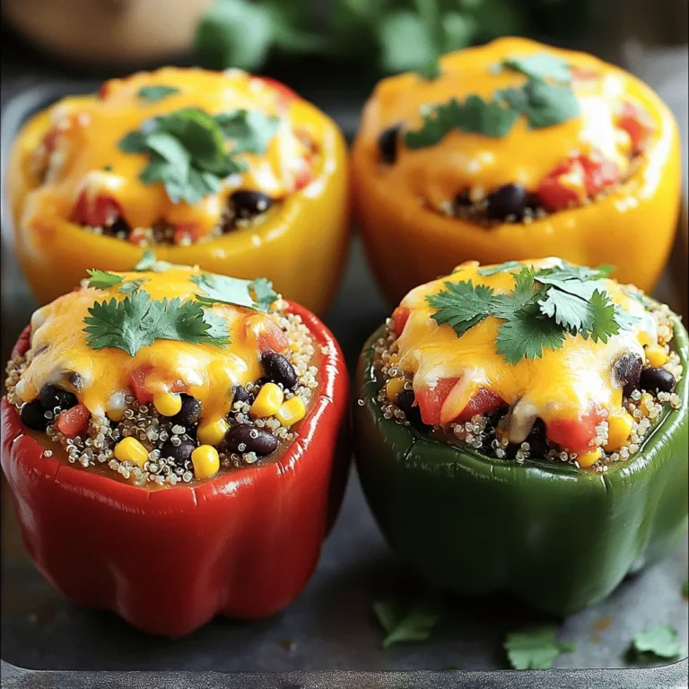 - 4 medium bell peppers (choose a variety of colors for visual appeal) - 1 cup quinoa, thoroughly rinsed - 2 cups vegetable broth (low sodium recommended) - 1 can (15 oz) black beans, drained and rinsed - 1 cup sweet corn (fresh, frozen, or canned) - 1 cup diced tomatoes (fresh or canned, with juices) Stuffed bell peppers are colorful and fun! Using different colored bell peppers makes the dish pop. The base of the filling is quinoa, which adds protein and texture. Vegetable broth gives the quinoa great flavor. Black beans and sweet corn add heartiness and sweetness. Diced tomatoes bring in moisture and tang. - 1 teaspoon ground cumin - 1 teaspoon chili powder - 1/2 teaspoon garlic powder - 1/2 teaspoon onion powder - Salt and freshly ground black pepper, to taste Seasoning is key to tasty stuffed peppers. Ground cumin and chili powder give a warm, earthy taste. Garlic and onion powders enhance the flavor without being overpowering. Salt and pepper tie everything together, making sure each bite is delicious. - 1 cup shredded cheese (either cheddar or a Mexican blend works beautifully) - Fresh cilantro, chopped (for garnish) Cheese on top melts and adds a creamy texture. Cheddar is a classic choice, but a Mexican blend adds a fun twist. Fresh cilantro makes a beautiful garnish. It also adds a fresh taste that balances the dish. For even more flavor, try adding a squeeze of lime juice before serving. For the complete recipe, check out the Full Recipe. Enjoy making your stuffed bell peppers! 1. Preheat your oven to 375°F (190°C). This will get it hot and ready for baking. 2. Take four medium bell peppers. Cut off the tops, and remove the seeds. Set the tops aside. 3. Rinse 1 cup of quinoa well to remove its bitter coating. 4. In a pot, combine the rinsed quinoa with 2 cups of vegetable broth. Bring it to a boil. 5. Once boiling, lower the heat, cover, and simmer for about 15 minutes. The quinoa will be fluffy when done. 1. In a large bowl, combine the cooked quinoa with: - 1 can black beans, drained and rinsed - 1 cup sweet corn - 1 cup diced tomatoes, with juices - 1 teaspoon ground cumin - 1 teaspoon chili powder - 1/2 teaspoon garlic powder - 1/2 teaspoon onion powder - Salt and pepper to taste. 2. Mix everything well until it's all blended together. 1. Carefully stuff each bell pepper with the filling. Fill them generously to the top. 2. Place the stuffed peppers upright in a baking dish. This keeps them stable while baking. 3. Top each pepper with 1 cup of shredded cheese for a melty finish. 4. Cover the dish tightly with foil. This keeps the peppers moist. 5. Bake for 25 minutes. Then, remove the foil and bake for another 10-15 minutes. You want the cheese to be melted and slightly golden. Enjoy these colorful and tasty stuffed bell peppers! For the full recipe, you can check the detailed instructions provided above. To make great stuffed bell peppers, start with ripe and fresh peppers. Look for peppers that feel firm and heavy. They should have shiny skin without any soft spots. Choose a mix of colors like red, yellow, and green for a beautiful dish. This color combo not only looks good but also adds different flavors! To ensure fluffy quinoa, rinse it well before cooking. This removes bitter coating called saponin. Use two parts vegetable broth to one part quinoa for flavor. Cook it on low heat and avoid lifting the lid. This helps the quinoa absorb all the liquid without becoming mushy. If your filling is watery, let the quinoa cool before mixing it with other ingredients. For bubbly, golden cheese, sprinkle it on just before the end of baking. Use a mix of cheddar and a Mexican blend for great flavor. If you want a lighter topping, try using a sprinkle of nutritional yeast. It adds a cheesy taste without the fat. Keep an eye on the oven to avoid burning the cheese! {{image_4}} You can easily make stuffed bell peppers vegetarian or vegan. One great way to do this is by substituting quinoa with rice or couscous. Both options work well and add nice texture. For a vegan version, use dairy-free cheese alternatives. Look for brands made from nuts or soy. These options melt nicely and add flavor. If you're on a keto diet, you can still enjoy stuffed peppers. Use low-carb filling suggestions like cauliflower rice or ground meat. Both options keep the dish hearty. You can also add cheese for flavor and fat. Adjust your seasonings to keep it tasty while staying low in carbs. You can cook stuffed peppers in various ways for convenience. A slow cooker is a great option. Just place your stuffed peppers in the cooker and let them cook on low for several hours. This method makes the peppers tender and juicy. Alternatively, use an Instant Pot for faster cooking. In just a few minutes, you can have perfectly cooked peppers ready to go. For more details, check the Full Recipe. Once you finish your meal, let the stuffed bell peppers cool down. This step helps avoid condensation inside the container. Place the peppers in an airtight container to keep them fresh. You can store them in the fridge for up to four days. If you want to enjoy them later, proper cooling is key to maintain flavor. Use glass or plastic containers with tight lids for the best results. Freezing stuffed bell peppers is easy and a great way to save leftovers. First, let the peppers cool completely. Wrap each pepper in plastic wrap or foil for protection. Place the wrapped peppers in a freezer-safe bag or container. This keeps them safe from freezer burn. They can last for up to three months in the freezer. When ready to eat, thaw them overnight in the fridge. To reheat, bake them at 350°F (175°C) for about 25 minutes or until heated through. Preparing the filling ahead of time makes meal prep simple. Cook the quinoa and mix it with your beans, corn, and spices. Store this mixture in the fridge for up to three days. You can fill the peppers right before baking. This keeps them fresh and prevents sogginess. If you want to assemble the peppers in advance, just stuff them and cover them. Store them in the fridge for up to two days. This makes dinner quick and easy on busy nights. For the full recipe, check out the instructions above. To add heat to your stuffed bell peppers, mix in diced jalapeños or serrano peppers. You can also use crushed red pepper flakes or a dash of hot sauce in the filling. I love to add a bit of cayenne pepper for an extra kick. Adjust the amount based on your heat preference. Remember, you can always add more spice, but you can’t take it out! Yes, you can use other peppers! Try poblanos for a smoky flavor or banana peppers for a milder taste. Mini sweet peppers are a fun option too. They make perfect bite-sized appetizers. Just choose peppers that are firm and fresh. The size and shape of the pepper can change the cooking time, so keep an eye on them while baking. The peppers are done when they are tender and the cheese is melted. You want a slight browning on the cheese for extra flavor. A fork should easily pierce through the peppers. Check the filling to ensure it’s hot throughout. If you see bubbling juices and a nice golden color on top, you’re all set! Stuffed bell peppers pair well with a fresh salad or crusty bread. You can also serve them with a side of rice or quinoa for a heartier meal. A dollop of sour cream or a drizzle of lime juice adds a nice touch. For drinks, consider a light beer or a cool iced tea to complement the meal. For the full recipe, check out the Full Recipe section! In this post, we explored the key components for making stuffed bell peppers. We covered ingredients, seasoning, and topping options to elevate your dish. I provided step-by-step instructions, tips for the best results, and variations for different diets. Remember, your stuffed peppers can be colorful and diverse, appealing to various tastes. Feel free to experiment with flavors and enjoy this delightful meal. Happy cooking!