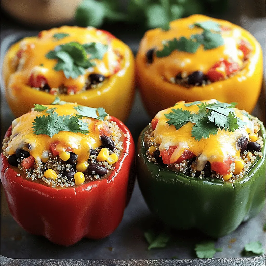 - 4 medium bell peppers (choose a variety of colors for visual appeal) - 1 cup quinoa, thoroughly rinsed - 2 cups vegetable broth (low sodium recommended) - 1 can (15 oz) black beans, drained and rinsed - 1 cup sweet corn (fresh, frozen, or canned) - 1 cup diced tomatoes (fresh or canned, with juices) Stuffed bell peppers are colorful and fun! Using different colored bell peppers makes the dish pop. The base of the filling is quinoa, which adds protein and texture. Vegetable broth gives the quinoa great flavor. Black beans and sweet corn add heartiness and sweetness. Diced tomatoes bring in moisture and tang. - 1 teaspoon ground cumin - 1 teaspoon chili powder - 1/2 teaspoon garlic powder - 1/2 teaspoon onion powder - Salt and freshly ground black pepper, to taste Seasoning is key to tasty stuffed peppers. Ground cumin and chili powder give a warm, earthy taste. Garlic and onion powders enhance the flavor without being overpowering. Salt and pepper tie everything together, making sure each bite is delicious. - 1 cup shredded cheese (either cheddar or a Mexican blend works beautifully) - Fresh cilantro, chopped (for garnish) Cheese on top melts and adds a creamy texture. Cheddar is a classic choice, but a Mexican blend adds a fun twist. Fresh cilantro makes a beautiful garnish. It also adds a fresh taste that balances the dish. For even more flavor, try adding a squeeze of lime juice before serving. For the complete recipe, check out the Full Recipe. Enjoy making your stuffed bell peppers! 1. Preheat your oven to 375°F (190°C). This will get it hot and ready for baking. 2. Take four medium bell peppers. Cut off the tops, and remove the seeds. Set the tops aside. 3. Rinse 1 cup of quinoa well to remove its bitter coating. 4. In a pot, combine the rinsed quinoa with 2 cups of vegetable broth. Bring it to a boil. 5. Once boiling, lower the heat, cover, and simmer for about 15 minutes. The quinoa will be fluffy when done. 1. In a large bowl, combine the cooked quinoa with: - 1 can black beans, drained and rinsed - 1 cup sweet corn - 1 cup diced tomatoes, with juices - 1 teaspoon ground cumin - 1 teaspoon chili powder - 1/2 teaspoon garlic powder - 1/2 teaspoon onion powder - Salt and pepper to taste. 2. Mix everything well until it's all blended together. 1. Carefully stuff each bell pepper with the filling. Fill them generously to the top. 2. Place the stuffed peppers upright in a baking dish. This keeps them stable while baking. 3. Top each pepper with 1 cup of shredded cheese for a melty finish. 4. Cover the dish tightly with foil. This keeps the peppers moist. 5. Bake for 25 minutes. Then, remove the foil and bake for another 10-15 minutes. You want the cheese to be melted and slightly golden. Enjoy these colorful and tasty stuffed bell peppers! For the full recipe, you can check the detailed instructions provided above. To make great stuffed bell peppers, start with ripe and fresh peppers. Look for peppers that feel firm and heavy. They should have shiny skin without any soft spots. Choose a mix of colors like red, yellow, and green for a beautiful dish. This color combo not only looks good but also adds different flavors! To ensure fluffy quinoa, rinse it well before cooking. This removes bitter coating called saponin. Use two parts vegetable broth to one part quinoa for flavor. Cook it on low heat and avoid lifting the lid. This helps the quinoa absorb all the liquid without becoming mushy. If your filling is watery, let the quinoa cool before mixing it with other ingredients. For bubbly, golden cheese, sprinkle it on just before the end of baking. Use a mix of cheddar and a Mexican blend for great flavor. If you want a lighter topping, try using a sprinkle of nutritional yeast. It adds a cheesy taste without the fat. Keep an eye on the oven to avoid burning the cheese! {{image_4}} You can easily make stuffed bell peppers vegetarian or vegan. One great way to do this is by substituting quinoa with rice or couscous. Both options work well and add nice texture. For a vegan version, use dairy-free cheese alternatives. Look for brands made from nuts or soy. These options melt nicely and add flavor. If you're on a keto diet, you can still enjoy stuffed peppers. Use low-carb filling suggestions like cauliflower rice or ground meat. Both options keep the dish hearty. You can also add cheese for flavor and fat. Adjust your seasonings to keep it tasty while staying low in carbs. You can cook stuffed peppers in various ways for convenience. A slow cooker is a great option. Just place your stuffed peppers in the cooker and let them cook on low for several hours. This method makes the peppers tender and juicy. Alternatively, use an Instant Pot for faster cooking. In just a few minutes, you can have perfectly cooked peppers ready to go. For more details, check the Full Recipe. Once you finish your meal, let the stuffed bell peppers cool down. This step helps avoid condensation inside the container. Place the peppers in an airtight container to keep them fresh. You can store them in the fridge for up to four days. If you want to enjoy them later, proper cooling is key to maintain flavor. Use glass or plastic containers with tight lids for the best results. Freezing stuffed bell peppers is easy and a great way to save leftovers. First, let the peppers cool completely. Wrap each pepper in plastic wrap or foil for protection. Place the wrapped peppers in a freezer-safe bag or container. This keeps them safe from freezer burn. They can last for up to three months in the freezer. When ready to eat, thaw them overnight in the fridge. To reheat, bake them at 350°F (175°C) for about 25 minutes or until heated through. Preparing the filling ahead of time makes meal prep simple. Cook the quinoa and mix it with your beans, corn, and spices. Store this mixture in the fridge for up to three days. You can fill the peppers right before baking. This keeps them fresh and prevents sogginess. If you want to assemble the peppers in advance, just stuff them and cover them. Store them in the fridge for up to two days. This makes dinner quick and easy on busy nights. For the full recipe, check out the instructions above. To add heat to your stuffed bell peppers, mix in diced jalapeños or serrano peppers. You can also use crushed red pepper flakes or a dash of hot sauce in the filling. I love to add a bit of cayenne pepper for an extra kick. Adjust the amount based on your heat preference. Remember, you can always add more spice, but you can’t take it out! Yes, you can use other peppers! Try poblanos for a smoky flavor or banana peppers for a milder taste. Mini sweet peppers are a fun option too. They make perfect bite-sized appetizers. Just choose peppers that are firm and fresh. The size and shape of the pepper can change the cooking time, so keep an eye on them while baking. The peppers are done when they are tender and the cheese is melted. You want a slight browning on the cheese for extra flavor. A fork should easily pierce through the peppers. Check the filling to ensure it’s hot throughout. If you see bubbling juices and a nice golden color on top, you’re all set! Stuffed bell peppers pair well with a fresh salad or crusty bread. You can also serve them with a side of rice or quinoa for a heartier meal. A dollop of sour cream or a drizzle of lime juice adds a nice touch. For drinks, consider a light beer or a cool iced tea to complement the meal. For the full recipe, check out the Full Recipe section! In this post, we explored the key components for making stuffed bell peppers. We covered ingredients, seasoning, and topping options to elevate your dish. I provided step-by-step instructions, tips for the best results, and variations for different diets. Remember, your stuffed peppers can be colorful and diverse, appealing to various tastes. Feel free to experiment with flavors and enjoy this delightful meal. Happy cooking!