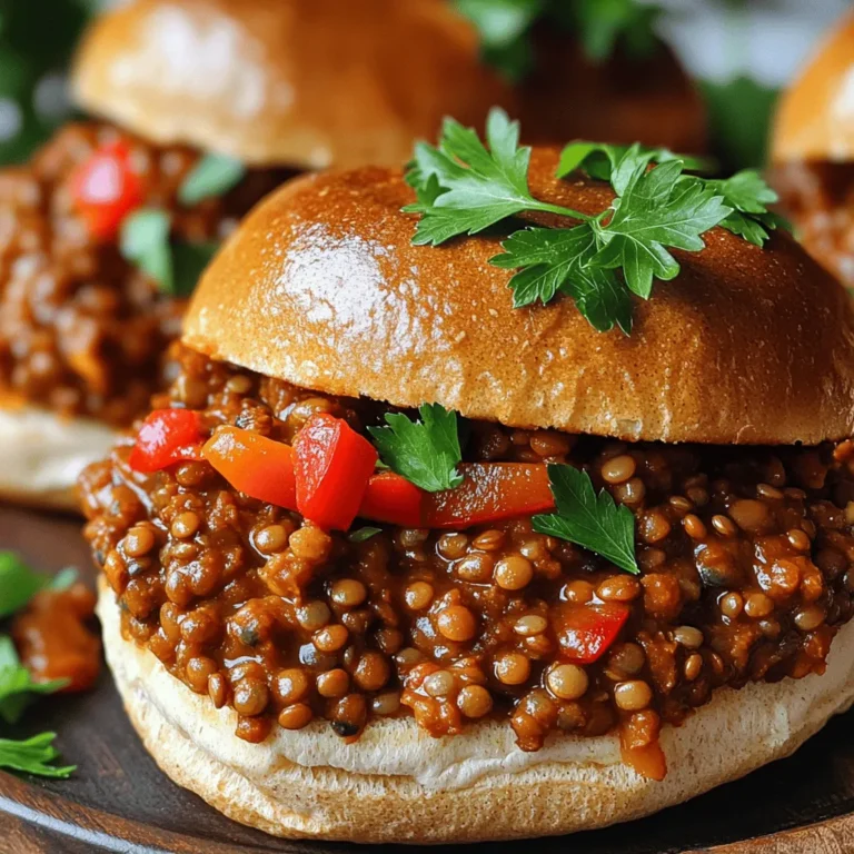 - 1 cup green or brown lentils - 3 cups vegetable broth - 1 tablespoon olive oil - 1 medium onion, finely chopped - 2 cloves garlic, minced - 1 red bell pepper, finely diced - 1 cup canned crushed tomatoes - 2 tablespoons tomato paste - 2 tablespoons pure maple syrup - 2 tablespoons soy sauce or gluten-free tamari - 1 tablespoon apple cider vinegar - 1 teaspoon smoked paprika - 1 teaspoon chili powder - Salt and black pepper to taste - 4 whole wheat hamburger buns - Optional garnishes: pickled jalapeños and freshly chopped parsley This recipe is packed with healthy ingredients. Lentils are a great source of protein and fiber. They help keep you full and satisfied. The vegetable broth adds depth to the flavor. Olive oil brings a nice richness to the dish. I like using onion and garlic for their strong taste. They make everything better. The red bell pepper adds a crunchy texture and a hint of sweetness. Crushed tomatoes and tomato paste give the dish a rich base. Maple syrup balances the flavors with a touch of sweetness. Soy sauce or tamari gives it a savory kick. Apple cider vinegar adds brightness. Smoked paprika and chili powder bring warmth and spice. Make sure to season with salt and black pepper to your taste. You can serve this on whole wheat buns for a wholesome meal. The optional pickled jalapeños add heat, while parsley gives a fresh touch. For the full recipe, check the details above. Start by combining 1 cup of rinsed lentils and 3 cups of vegetable broth in a medium saucepan. Bring this mixture to a full boil over high heat. Once it reaches a boil, reduce the heat and let it simmer. Cover the saucepan and cook for 25-30 minutes until the lentils become tender. After cooking, drain any excess liquid and set the lentils aside. This step is crucial for a great base flavor. In a large skillet, heat 1 tablespoon of olive oil over medium heat. Add 1 finely chopped onion and sauté it for about 3-4 minutes. You want the onion to become translucent and fragrant. Next, add 2 cloves of minced garlic and 1 finely diced red bell pepper to the skillet. Cook for another 3-5 minutes, stirring occasionally until the bell pepper softens. This will create a flavorful base for your Sloppy Joes. Now it’s time to bring it all together. Pour in 1 cup of canned crushed tomatoes, along with 2 tablespoons of tomato paste, 2 tablespoons of pure maple syrup, 2 tablespoons of soy sauce, 1 tablespoon of apple cider vinegar, 1 teaspoon of smoked paprika, and 1 teaspoon of chili powder. Stir in the cooked lentils as well. Mix everything well with a spatula to ensure even distribution. Allow this mixture to simmer on low heat for 10-15 minutes. This blending of flavors is what makes your Vegan Lentil Sloppy Joes so tasty. While your lentil mixture simmers, it’s time to toast the buns. Toast 4 whole wheat hamburger buns in a toaster or on a dry skillet until they are golden brown and slightly crispy. This texture adds a nice contrast to the soft lentil filling. To serve, take a generous scoop of the savory lentil mixture and place it on the bottom half of each toasted bun. If you like a bit of heat, add some pickled jalapeños. For a fresh touch, sprinkle some chopped parsley on top. Place the other half of the bun over the filling and serve immediately. Enjoy your delicious and nutritious Vegan Lentil Sloppy Joes! You can find the Full Recipe for all the details. To make your Vegan Lentil Sloppy Joes even better, focus on seasoning. Start with salt and pepper. Taste as you go. If you want a thinner mix, add vegetable broth. This will help you find the right texture. Lentils come in many types. You can use red, green, or brown lentils. Each type gives a different taste and feel. Try adding more vegetables, too. Carrots, celery, or even mushrooms boost nutrition and flavor. For a full meal, think about side dishes. Coleslaw adds a nice crunch. Fries are a classic choice. To make it fun, offer condiments. Let everyone add their favorites, like hot sauce or pickles. This makes each bite unique and personal. For the complete recipe, check out the Full Recipe section. {{image_4}} You can easily make this dish gluten-free. Just swap out the whole wheat buns for gluten-free buns. This change keeps the meal safe for those with gluten sensitivities. The taste stays delicious, and you won’t miss the gluten! If you like heat, add more jalapeños or splash in some hot sauce. This tweak makes the Sloppy Joes fiery and fun. You can adjust the spice level based on your taste. Experiment with different hot sauces to find your favorite kick! Looking to add more protein? Mix in cooked quinoa or tempeh. Both options enhance the dish's texture and nutrition. Quinoa adds a nutty flavor, while tempeh gives a satisfying bite. You’ll feel full and happy after each bite! For the full recipe, check out the Full Recipe section. You can refrigerate your Vegan Lentil Sloppy Joes. Place them in an airtight container. They stay fresh for up to 4 days. This way, you can enjoy them later! If you want to save some for later, freeze portions. Use freezer-safe bags or containers. Your Sloppy Joes will keep well for up to 2 months. Just remember to label them! To reheat, you have a couple of options. The stovetop works best. Just add a splash of vegetable broth. This keeps the mixture moist. You can also use the microwave if you prefer. Heat in intervals to avoid overcooking. Enjoy your tasty meal again! Yes, you can use canned lentils. They save time since they are already cooked. If you use canned lentils, drain and rinse them before adding to the mix. This step helps reduce excess sodium. You can cut the prep time down to just a few minutes. Simply sauté your veggies and mix in the canned lentils. Absolutely! Kids love the sweet and savory flavors. To make them more appealing, try adding a bit of extra maple syrup. You can also serve the sloppy joes on fun, colorful buns. Let kids add their favorite toppings, like pickles or cheese. This way, they feel more involved in the meal. To make a low-carb version, skip the bun. Instead, serve the lentil mix on lettuce leaves. You can also use portobello mushrooms as a bun substitute. They add a nice flavor and texture. Another option is to mix the lentils into a salad with fresh veggies. Several side dishes go well with sloppy joes. You can serve them with a fresh salad for a light meal. Sweet potato fries or baked potato wedges are also great choices. For a classic touch, make coleslaw. It adds crunch and balances the meal nicely. Yes, meal prepping this dish is easy. Cook the lentil mix ahead of time and store it in an airtight container. Keep the buns separate to maintain their texture. You can store the lentil mix in the fridge for up to four days. For longer storage, freeze it for up to two months. This makes it easy to enjoy a quick meal later! In this post, we explored how to make delicious Vegan Lentil Sloppy Joes. We covered the key ingredients, step-by-step cooking instructions, and helpful tips. You learned about flavor enhancements, texture variations, and serving suggestions. Plus, I shared storage info to keep leftovers fresh. These Sloppy Joes are simple, tasty, and packed with nutrients. They are perfect for any meal. With a few adjustments, you can make them your own. Enjoy making this easy dish that’s sure to please everyone at your table!