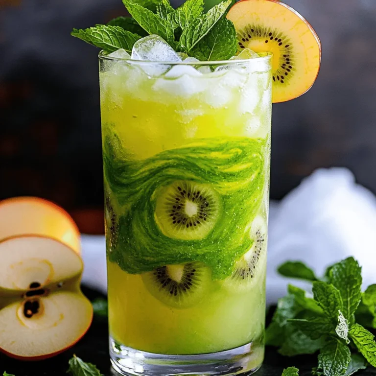 - 2 large green apples, cored and chopped into chunks - 3 ripe kiwis, peeled and thickly sliced - 2 tablespoons honey (or to taste) - 1 tablespoon fresh mint leaves, finely chopped - Juice of 1 lime (about 2 tablespoons) - 500 ml sparkling water, chilled - Ice cubes - Extra mint leaves and thin apple slices for garnish When making a Green Apple Kiwi Cooler, the right ingredients matter. Start with fresh, ripe fruits for the best taste. If you can't find green apples, you can use tart apples like Granny Smith. They give a nice zing. Ripe kiwis bring sweetness and a lovely color. Consider using agave syrup instead of honey if you want a vegan option. Fresh mint adds a refreshing touch. You can use dried mint if you have no fresh mint, but fresh is best for flavor. For the lime juice, fresh is key. Bottled lime juice can taste off. You can add more or less honey based on your taste. If you like a sweeter drink, add more honey. Gather all these ingredients to make your cooler burst with flavor. Each one plays a role in creating a refreshing summer drink. If you want to explore more flavors, check the Full Recipe for details. 1. Blending the fruits: Start by adding the green apples, kiwis, honey, and lime juice into your blender. Blend on high until you get a smooth fruit puree. This mix should look bright and fresh. 2. Straining the juice: Now, take a fine mesh sieve and place it over a large pitcher. Pour the blended mixture into the sieve. Use a spoon to press down on the puree. This step helps you get all the juice while leaving the pulp behind. 3. Mixing with mint and serving: After straining, stir in the finely chopped mint leaves. This will give your drink a nice minty flavor. To serve, fill each glass halfway with ice cubes. Then, pour the fruity mixture over the ice, filling the glasses two-thirds full. Top each glass with chilled sparkling water. Stir gently to mix the flavors. If you want it sweeter, taste and add more honey. Finally, garnish with extra mint leaves and thin apple slices for a lovely touch. - Recommended glassware: Use tall glasses to show off the vibrant colors of your cooler. Clear glass works best to attract attention. - Ice cube ideas: For a fun twist, freeze small apple slices or mint leaves in your ice cubes. This will keep your drink cold and add extra flavor as they melt. How to adjust sweetness You can change how sweet your Green Apple Kiwi Cooler is. Start with two tablespoons of honey. Blend the drink, then taste it. If you want it sweeter, add more honey. Blend again to mix it well. Remember, the sweetness depends on the fruit too. Some apples are sweeter than others. Adding other fruits or herbs Want to explore new flavors? Try adding other fruits like pineapple or strawberries. These fruits add a fun twist. You can also add herbs like basil or rosemary for a unique taste. Just chop them finely and mix them in. Each fruit or herb creates a new experience. Best garnishes Garnishing makes your drink look great! Use thin apple slices on the rim of the glass. Fresh mint leaves also add color and aroma. You can even float a few mint leaves on top of the drink. This simple touch makes it look fancy. Serving temperature suggestions Serve your cooler very cold. Chill your sparkling water and use ice cubes. This drink is best enjoyed on a hot day. If it warms up, the flavor changes. You can also place your glasses in the fridge before serving. This keeps them cool longer and enhances the experience. {{image_4}} You can switch up the fruits in your Green Apple Kiwi Cooler. Try using ripe pears or juicy peaches. They add a sweet twist to the drink. You can also mix in some berries like strawberries or blueberries. Their vibrant colors make the drink even more fun. If you want to use seasonal fruits, summer is perfect for fresh watermelon. It gives a light, refreshing taste. Fall brings apples and pears, so you can use them too. The best part is that you can mix and match to find your favorite combo. If you want a sugar-free drink, consider using stevia or erythritol. They taste sweet without the calories. You can adjust the amount to fit your taste. You can also use agave syrup or maple syrup. They add a unique flavor that can make your cooler special. Each sweetener brings its own twist, so feel free to experiment. Just remember to taste as you go! Try these ideas to make your Green Apple Kiwi Cooler even more exciting. For the full recipe, check the section above! To keep your Green Apple Kiwi Cooler fresh, store it in the fridge. Pour the cooler into a clean, airtight container. Glass jars or plastic bottles work well for this. Make sure to leave some space at the top. This allows for any expansion of the liquid. You can keep the cooler in the fridge for up to three days. Check for signs that the juice has gone bad. If it smells sour, tastes off, or looks cloudy, it's time to toss it. Always trust your senses when it comes to food safety. What is the best time to serve this drink? I recommend serving the Green Apple Kiwi Cooler on hot summer days. This drink is perfect for picnics, parties, or just relaxing in the sun. Its refreshing taste makes it a great choice for any time you need to cool down. Can I make this drink ahead of time? Yes, you can prepare the fruit puree in advance. Just store it in the fridge. Add the sparkling water right before serving. This keeps the drink fizzy and fresh. Is the Green Apple Kiwi Cooler healthy? Absolutely! This drink is packed with vitamins from the apples and kiwis. It has natural sweetness from honey and offers a refreshing taste without added sugars. Can I use frozen fruits? Yes, you can use frozen green apples and kiwis. They will blend well and keep your drink cold. Just be sure to let them thaw slightly for easy blending. How do I make the cooler less fizzy? To make the cooler less fizzy, add less sparkling water. Mix in still water for a smoother drink. This way, you keep the flavor without too much fizz. This article covered the key steps to make a Green Apple Kiwi Cooler. You learned about the ingredients, from measurements to substitutions. The preparation process walks you through blending and mixing. Tips helped you enhance flavor and improve presentation. Variations let you explore new fruits and sweeteners. Lastly, we discussed storage tips and common questions. Try this cooler at your next gathering. It’s fresh, fun, and easy to make!