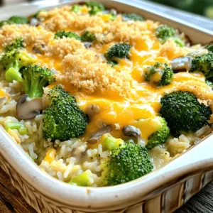 To make this cheesy broccoli rice casserole, you will need the following: - 2 cups cooked rice (either white or brown) - 2 cups fresh broccoli florets - 1 cup shredded cheddar cheese, divided - 1 cup cream of mushroom soup (store-bought or homemade) - ½ cup milk (dairy or plant-based) - ½ cup onion, diced - 2 cloves garlic, minced - 1 teaspoon Dijon mustard - 1 teaspoon salt - ½ teaspoon black pepper - ½ teaspoon paprika - ½ cup breadcrumbs (for added crunch) - 2 tablespoons olive oil Each of these ingredients adds flavor and texture. The rice forms the base, while broccoli gives a fresh taste. Cheese brings creaminess, and soup adds moisture. When picking broccoli, look for bright green florets. They should be firm and tightly closed. Avoid any that are yellow or wilted. Fresh broccoli has a strong, earthy smell and feels crisp. You want broccoli that looks lively and fresh. It will make your casserole taste better. While cheddar cheese is a classic choice, feel free to mix it up. You can use mozzarella for a mild flavor. Gouda adds a smoky touch, while pepper jack gives a spicy kick. Mixing different cheeses can create a unique taste. Experiment to find your favorite blend! Start by cooking your rice. You can use white or brown rice. Cook about 2 cups. While the rice cooks, bring water to a boil. Add 2 cups of fresh broccoli florets. Blanch the broccoli for 2-3 minutes. This keeps it bright and crisp. Drain the broccoli and set it aside. Dice ½ cup of onion and mince 2 cloves of garlic. In a large bowl, mix the cooked rice, broccoli, onion, and garlic. Add 1 cup of cream of mushroom soup and ½ cup of milk. Then, stir in 1 teaspoon of Dijon mustard, 1 teaspoon of salt, ½ teaspoon of black pepper, and ½ teaspoon of paprika. Stir well until all ingredients blend together. Now, fold in ¾ cup of shredded cheddar cheese. This gives a rich flavor to your casserole. Grease a 9x13 inch casserole dish with cooking spray or butter. Pour the rice and broccoli mix into the dish. Spread it out evenly. Top with the rest of the shredded cheddar cheese. Then, sprinkle ½ cup of breadcrumbs on top for crunch. Preheat your oven to 350°F (175°C). Place the casserole into the oven and bake for 25-30 minutes. It’s done when the top is golden brown and bubbly. Remove it from the oven and let it cool for a few minutes before you serve. Enjoy this delightful family meal! You can find the Full Recipe for more details. The right baking time makes your casserole shine. Bake for 25-30 minutes. Look for bubbles and a golden top. If it’s not golden, add a few more minutes. Keep an eye on it to avoid burning. To make it tastier, add herbs like thyme or basil. A pinch of garlic powder adds depth too. You can also try a bit of cayenne for heat. These small changes can elevate your dish. Serve in bright bowls to make it pop. Add a sprinkle of fresh parsley on top. It adds color and freshness. You can also top each serving with extra cheese. This gives a warm and inviting look. For a crunch, serve with a side salad. {{image_4}} If you want a gluten-free version, swap regular breadcrumbs for gluten-free ones. You can also use rice flour or cornstarch to thicken the sauce instead of flour. Choose a gluten-free cream of mushroom soup. This keeps the dish tasty and safe for those with gluten allergies. To make the casserole even more veggie-packed, add bell peppers or carrots. You can mix in some spinach for extra greens. Instead of cheddar, try using mozzarella or goat cheese. This adds a different flavor while keeping it vegetarian-friendly. If you want to boost protein, add cooked chicken or turkey. You can also mix in cooked quinoa or beans for a plant-based option. For a heartier meal, consider adding cooked sausage or bacon bits. These ingredients can make the casserole even more filling. Check out the Full Recipe for details on how to make this dish perfect for your family! After enjoying your cheesy broccoli rice casserole, store leftovers in an airtight container. Make sure the casserole has cooled down before placing it in the fridge. This helps keep it fresh. You can enjoy the leftovers within three to four days. To reheat, use the oven for the best results. Preheat it to 350°F (175°C). Place the casserole in a baking dish and cover it with foil. Bake for about 15-20 minutes until it’s hot throughout. If you prefer, you can microwave it. Just heat in short bursts and stir. This keeps it from drying out. Want to save some for later? You can freeze the casserole. First, let it cool completely. Then, wrap it tightly in plastic wrap and foil or place it in a freezer-safe container. It will stay good for up to three months. When ready to eat, thaw it in the fridge overnight. Then, reheat it in the oven for the best texture. You’ll love how it tastes even after freezing! Yes, you can use frozen broccoli. Just thaw it and drain excess water. This saves time and keeps your casserole easy to make. Frozen broccoli also works well in terms of taste and texture. It is a great option for busy cooks. To make this casserole ahead of time, prepare it fully but do not bake it. Cover it with plastic wrap and store it in the fridge. You can bake it later when you're ready to serve. This way, you save time and enjoy a hot meal. If you don't have cream of mushroom soup, try using cream of chicken soup. You can also make a homemade version with milk, flour, butter, and mushrooms. This keeps the dish creamy and tasty. Check out the Full Recipe for more details on making this dish delightful. The blog post covered how to make a cheesy broccoli rice casserole. We discussed key ingredients, like fresh broccoli and cheese options. You learned step-by-step instructions to prepare and bake the dish. I shared tips to enhance flavor and suggested serving ideas. We explored variations for gluten-free and vegetarian meals. Lastly, I provided storage info for leftovers. This casserole is tasty and easy to customize, making it a great addition to any meal plan. Enjoy your cooking adventure and make this dish shine!
