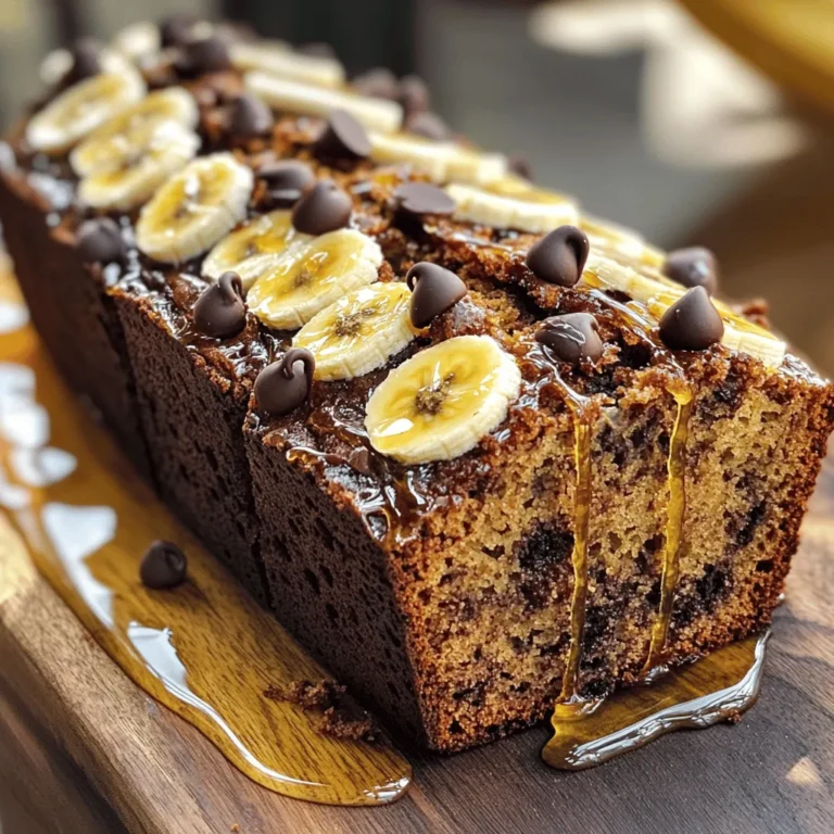 To make the best chocolate chip banana bread, you need simple, fresh ingredients. Here’s what you will need: - 3 ripe bananas, well-mashed - 1/3 cup coconut oil, melted - 1/2 cup packed brown sugar - 1 large egg, lightly beaten - 1 teaspoon pure vanilla extract - 1 teaspoon baking soda - Pinch of salt - 1 cup all-purpose flour - 1/2 cup semi-sweet chocolate chips - 1/4 teaspoon ground cinnamon (optional) These ingredients create a warm, sweet loaf that fills your kitchen with an amazing smell. Ripe bananas are key for sweetness and moisture. Coconut oil adds a nice touch of flavor and helps keep the bread soft. Brown sugar gives it that rich, caramel-like taste. You can add chocolate chips to make each slice a treat. If you want a hint of spice, add cinnamon. You can find the full recipe in the article. - Preheat your oven to 350°F (175°C). - Grease a 9x5 inch loaf pan or line it with parchment paper. - Take three ripe bananas and mash them until smooth. Use a fork or potato masher. - Pour 1/3 cup of melted coconut oil into the bowl with the bananas. - Mix until the oil blends well with the banana puree. - Add 1/2 cup of packed brown sugar, 1 large beaten egg, and 1 teaspoon of vanilla. - Stir until the mixture is smooth and creamy. - Sprinkle 1 teaspoon of baking soda and a pinch of salt over the mixture. - Stir well to mix evenly. - Gently fold in 1 cup of all-purpose flour and 1/2 cup of chocolate chips. - Avoid over-mixing; a few lumps are okay. - Pour the batter into the prepared loaf pan. - Spread it evenly using a spatula. - Bake for 55-65 minutes. - Test for doneness by inserting a toothpick into the center; it should come out clean or with a few moist crumbs. Follow these steps, and you'll have a delicious Chocolate Chip Banana Bread ready to enjoy! For the full recipe, check out the details above. To bake perfect banana bread, make sure to preheat your oven. Set it to 350°F (175°C). This helps the bread rise evenly. Use a 9x5 inch loaf pan, greased well or lined with parchment paper. This makes it easy to remove the bread later. To check if your banana bread is done, use a toothpick. Insert it into the center of the bread. If it comes out clean or with a few moist crumbs, your bread is ready. If it has wet batter, bake it a bit longer. If you don't have coconut oil, you can use vegetable oil or melted butter. Both will work well. Just keep the same amount. For egg replacement, you can use flaxseed meal or applesauce. Mix one tablespoon of flaxseed meal with three tablespoons of water. Let it sit for five minutes. This makes one egg replacement. Alternatively, use a quarter cup of applesauce for each egg. Want to add more flavor? Try nuts or dried fruits. Walnuts or pecans add a nice crunch. Dried cranberries or raisins bring sweetness. Just fold them into the batter with the chocolate chips. You can also adjust how sweet your bread is. If you like it less sweet, reduce the brown sugar by a few tablespoons. This makes your bread lighter but still tasty. For a sweeter treat, add an extra tablespoon of sugar or more chocolate chips. For the full recipe, check out the Choco-Banana Bliss Bread . Enjoy baking! {{image_4}} To make gluten-free chocolate chip banana bread, swap the all-purpose flour with gluten-free flour. Use a blend that contains xanthan gum, as it helps with texture. This choice keeps your bread soft and tasty. Just measure it out like you would regular flour. For a vegan version, replace the egg with a flax egg. To make this, mix one tablespoon of ground flaxseed with three tablespoons of water. Let it sit for five minutes until it thickens. Also, ensure your chocolate chips are dairy-free. This way, you can enjoy the same great taste without animal products. You can add fun flavors to your banana bread. Try a teaspoon of almond extract for a nutty twist. Or, mix in a teaspoon of pumpkin spice for a warm, cozy flavor. You can even fold in walnuts or pecans for crunch. Get creative and find your favorite mix! Once your chocolate chip banana bread cools, wrap it well. Use plastic wrap or foil to keep it fresh. This helps avoid dry bread. You can use an airtight container too. This keeps moisture in and air out. Store it at room temperature for the best taste. Freezing banana bread is easy and great for later use. First, wrap the cooled bread tightly in plastic wrap. Then, place it in a freezer bag. Remove as much air as you can. To thaw, take it out and leave it at room temperature for a few hours. You can also microwave it for quick thawing. Just be careful not to overheat it. Chocolate chip banana bread stays fresh for about 3 to 4 days at room temperature. Keep it in a cool, dry spot. If you store it in the fridge, it can last up to a week, but it might dry out. For longer storage, freezing is best. Enjoy your delicious treat not just fresh but also later! To check if your banana bread is done, use a toothpick. Insert it into the center of the loaf. If it comes out clean or with a few moist crumbs, your bread is ready. Visual cues also help. The top should look golden brown, and the edges may pull away slightly from the pan. These signs show that heat has cooked the bread properly. Yes, you can use frozen bananas! They work well in banana bread. To use them, first thaw the bananas. You can do this by placing them in the fridge overnight or using the microwave. Once thawed, mash them thoroughly. Frozen bananas may be softer, so they blend well into the batter. To make your banana bread moister, consider these tips: - Use very ripe bananas as they are sweeter and softer. - Add a bit more coconut oil or replace some flour with yogurt. - Do not overmix the batter; this keeps the bread light. - Bake at a lower temperature for longer to enhance moisture. You can enjoy chocolate chip banana bread in many ways. Try serving it warm with butter or cream cheese. A drizzle of honey adds a sweet touch. For a special treat, pair it with ice cream or a dollop of whipped cream. Fresh fruit like berries or banana slices also make great side options. For more ideas, check out the Full Recipe for inspiration! You can create delicious banana bread with simple, tasty ingredients. Start with ripe bananas and mix in coconut oil, brown sugar, and chocolate chips. Follow step-by-step instructions for perfect results. Remember, you can adjust ingredients if needed and try different flavors. Store your bread well for freshness and freeze extras for later. Now, you have the skills and tips to bake wonderful banana bread every time. Enjoy sharing this treat with friends or family!